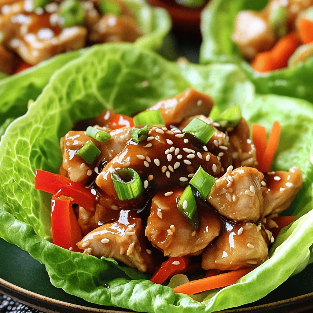 This recipe for teriyaki chicken lettuce wraps is simple and fun. It takes about 30 minutes to make. You can serve four people with this dish. The flavors are bright and fresh, making it a great choice for any meal. - 1 pound boneless, skinless chicken thighs, diced - 1 tablespoon vegetable oil - 1 teaspoon minced garlic - 1 teaspoon minced ginger - 1/4 cup low-sodium soy sauce - 2 tablespoons honey - 1 tablespoon rice vinegar - 1 tablespoon cornstarch mixed with 2 tablespoons cold water (slurry) - 1 red bell pepper, diced - 1 cup shredded carrots - 3 green onions, sliced - 1 head of butter lettuce (or romaine), leaves separated - Sesame seeds for garnish - Sriracha for serving (optional) The chicken thighs give a juicy bite, while soy sauce adds saltiness. Honey and rice vinegar balance the flavors with sweetness and tang. The cornstarch thickens the sauce, making it cling well to the chicken. You can add extra flavor with garnishes. Sliced green onions bring freshness. Sesame seeds add a nice crunch. If you like heat, drizzle some Sriracha on top. These small touches make your wraps even better. Enjoy experimenting with your own favorite garnishes! Start by gathering all your ingredients. This helps keep things organized. You will need: - 1 pound boneless, skinless chicken thighs, diced - 1 tablespoon vegetable oil - 1 teaspoon minced garlic - 1 teaspoon minced ginger - 1/4 cup low-sodium soy sauce - 2 tablespoons honey - 1 tablespoon rice vinegar - 1 tablespoon cornstarch mixed with 2 tablespoons cold water (slurry) - 1 red bell pepper, diced - 1 cup shredded carrots - 3 green onions, sliced - 1 head of butter lettuce (or romaine), leaves separated - Sesame seeds for garnish - Sriracha for serving (optional) Next, wash your vegetables. This makes them fresh and clean. Set the lettuce aside, as you will use it later. Heat a large skillet over medium heat. Add the vegetable oil and let it warm up. Add the diced chicken thighs to the skillet. Cook the chicken until it turns brown on all sides, about 5 to 7 minutes. Once the chicken is browned, add the minced garlic and ginger. Stir them in and cook for one more minute. This will make your kitchen smell amazing! In a separate bowl, mix the soy sauce, honey, and rice vinegar. Pour this mixture over the chicken in the skillet. Let it simmer for about 3 minutes. This allows the flavors to blend well. Now, take the cornstarch slurry and stir it into the chicken. This will thicken the sauce. Cook for another 2 minutes until the sauce is glossy and coats the chicken. Lastly, fold in the red bell pepper and shredded carrots. Cook for another minute to soften them slightly. Remove the skillet from heat. To serve, take a piece of lettuce and spoon a generous amount of the teriyaki chicken filling into the center. Be sure to get some of those colorful veggies in there! Top the filling with sliced green onions and a sprinkle of sesame seeds for a nice crunch. If you like a bit of heat, add Sriracha on top. These wraps are not just tasty; they look beautiful too! You can find the full recipe above for any extra details. To get tender chicken, use boneless, skinless thighs. They stay juicy during cooking. Cut them into small pieces. This helps them cook fast and evenly. Heat your skillet before adding the chicken. This gives it a nice sear. Don't crowd the pan; this helps it brown well. Stir often, but let it sit a bit to get that golden color. A thick sauce makes your wraps better. To prevent watery sauce, use low-sodium soy sauce. This keeps the flavor strong without too much salt. Always add the cornstarch slurry at the end. It thickens the sauce quickly. Make sure to stir well after adding it. Let it cook for a bit to get the right texture. Serving your wraps nicely makes them more fun. Use a big plate or a wooden board. Place the lettuce leaves in a circle. Spoon the teriyaki chicken in the center. Top it with green onions and sesame seeds. For extra flair, drizzle some Sriracha on the side. You can also serve lime wedges for a fresh touch. This will impress your family and friends! For the full recipe, check out the details above. {{image_2}} You can swap chicken for other meats. Ground turkey works well in this recipe. It cooks fast and absorbs flavors nicely. You can also use diced pork or beef. Just adjust cooking times to ensure the meat is cooked through. For a lighter option, try shrimp. Cook them until they turn pink. If you want a meat-free dish, use tofu or tempeh. They both soak up the teriyaki sauce well. Press tofu to remove extra water, then cube it. Cook it until golden brown for the best texture. You could also add mushrooms for a hearty feel. Shiitake or portobello mushrooms add great flavor. While teriyaki sauce is classic, you can mix it up. Try a sweet chili sauce for a spicy kick. Or use hoisin sauce for a rich, sweet taste. For a tangy twist, add orange juice to the mix. Each sauce gives a unique flavor to your wraps. Experiment to find your favorite! After you enjoy your teriyaki chicken lettuce wraps, store any leftovers right away. Place the chicken mixture in an airtight container. Keep the lettuce leaves separate. This helps keep the lettuce crisp. Store the chicken in the fridge for up to three days. To reheat the chicken, use a skillet over medium heat. Add a splash of water to keep it moist. Stir until warmed through, about 4-5 minutes. Avoid microwaving it, as this can make the chicken rubbery. If you want to save some for later, freeze the chicken mixture. Use a freezer-safe bag or container. Make sure to remove as much air as possible. It can last up to three months in the freezer. When ready to eat, thaw it in the fridge overnight before reheating. Enjoy your meal with fresh lettuce when you serve it! Yes, you can use ground chicken. Ground chicken cooks faster than thighs. Cook it until it is brown and no longer pink. This gives you a nice base for your teriyaki flavor. Butter lettuce is the best choice for wraps. Its leaves are soft and flexible. You can also use romaine for a crunchier option. Both types hold the filling well. To spice up the sauce, add more Sriracha. You can mix in red pepper flakes too. Start with a small amount, and taste as you go. This way, you can find your perfect heat level. Yes, they can be gluten-free! Use gluten-free soy sauce. Check the labels on all your ingredients. This ensures no hidden gluten sneaks in. Enjoy your wraps worry-free! For the full recipe, check out the Teriyaki Chicken Lettuce Wraps recipe. This blog post covered making tasty Teriyaki Chicken Lettuce Wraps. We went over key ingredients, preparation steps, and cooking tips to help you succeed. I shared options for proteins and sauces to fit your taste. Plus, I included storage tips and answers to common questions. In conclusion, these wraps offer a fun, healthy meal you can adapt. Enjoy getting creative with flavors and presentations. Happy cooking!
