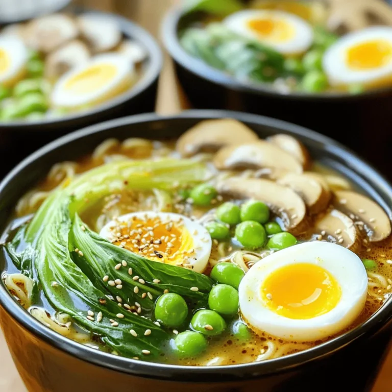 - 2 packs of instant ramen noodles (discard seasoning packets) - 4 cups vegetable broth - 3 cloves garlic, minced - 2 tablespoons fresh ginger, grated - 1/4 cup sweet chili sauce - 2 tablespoons soy sauce - 1 tablespoon sesame oil - 1 cup baby bok choy, halved - 1 cup sliced mushrooms (shiitake or button) - 1/2 cup snap peas - 2 green onions, sliced (for garnish) - 1 tablespoon sesame seeds (for garnish) - Optional: soft-boiled egg for topping When I make sweet chili garlic ramen, I focus on fresh and simple ingredients. Each one adds a unique flavor that makes the dish special. The instant ramen noodles serve as a quick base. I love to use vegetable broth because it gives a nice depth to the soup. Garlic and ginger are essential for that aromatic touch. They create a warm and inviting smell as they cook. Sweet chili sauce gives the dish its name. It adds sweetness and a hint of heat. Soy sauce brings in a savory flavor, while sesame oil adds richness. The vegetables are key to this ramen. Bok choy offers a nice crunch, and mushrooms add body. Snap peas bring a fresh snap that balances the dish. Green onions and sesame seeds make perfect garnishes. They look great and add a pop of flavor. If you want something extra, a soft-boiled egg on top makes it even better. You can find the full recipe [here](#). Start by heating the sesame oil in a medium pot over medium heat. Add minced garlic and grated ginger. Sauté them for about one minute until they smell great. Next, pour in the vegetable broth and bring it to a boil. Once boiling, reduce the heat and stir in the sweet chili sauce and soy sauce. This mix creates a tasty base for our ramen. Now it's time for the veggies! Add the sliced mushrooms, baby bok choy, and snap peas to the broth. Let them simmer for about five to seven minutes. You want the vegetables to be tender but not mushy. The bright colors will brighten your meal. While the vegetables cook, prepare your ramen noodles. Follow the package instructions for cooking them. Once done, drain the noodles and set them aside. This step is key to keeping the noodles from getting soggy. Once your vegetables are tender, it's time to combine! Add the cooked noodles to the broth. Stir gently to mix everything together. Let the noodles soak up the flavor for about two minutes. Serve your ramen hot, garnished with sliced green onions and sesame seeds. For an extra treat, you can add a soft-boiled egg on top. This is how you make a cozy, flavorful meal with Sweet Chili Garlic Ramen. For the full recipe, check out the details above. To make your Sweet Chili Garlic Ramen shine, use fresh ingredients. Fresh garlic and ginger bring a bright taste. They enhance the overall flavor and aroma. Adjust your sweet chili sauce to control the heat. If you like it spicy, add more sauce. For a milder taste, use less. Serve your ramen in deep bowls for a nice look. The colors of the vegetables make it pop. Garnish with green onions and sesame seeds for extra flair. These toppings add a crunch and freshness that elevate your dish. When cooking, properly sauté garlic and ginger. This step is key to avoid burning. Burnt garlic can ruin the taste. Control the simmering time for your vegetables. You want them tender but not mushy. This balance keeps your ramen enjoyable and tasty. {{image_2}} You can add protein to your Sweet Chili Garlic Ramen. Tofu, chicken, or shrimp work great. If you choose tofu, press it first to remove extra moisture. For chicken or shrimp, marinate them in soy sauce for added flavor. This will make your meal rich and satisfying. To make this dish vegetarian or vegan, use plant-based broth. You can also add seasonal vegetables. Try bell peppers in summer or squash in fall. This lets you keep the dish fresh and exciting all year. If you need a gluten-free option, rice noodles are perfect. They cook quickly and soak up the broth. For a healthier twist, try whole wheat ramen. This adds fiber and a nutty flavor to your dish. Experimenting with different types of noodles can lead to fun new meals! For the full recipe, click here: [Full Recipe]. To keep your ramen fresh, store the noodles and broth separately. This helps prevent sogginess. Place both in airtight containers. Store them in the fridge. They should stay good for up to three days. When you're ready to eat, you can reheat your ramen easily. Use the stovetop or the microwave. If the noodles look dry, add a bit of water or broth. This will help rehydrate them, making them tasty again. If you want to save some for later, you can freeze the broth and the vegetables. Just make sure to do this separately. For the best taste, try to use them within 1-2 months. This way, your ramen will still be full of flavor when you thaw it out. You can try several options if you need a sweet chili sauce substitute. A simple homemade version works well. Just mix equal parts honey and soy sauce with a dash of red pepper flakes. You can also use sriracha mixed with honey for a spicy kick. If you want something milder, try a mix of ketchup and a bit of sugar. These options can bring fun flavors to your ramen. Yes, you can use many types of noodles in your ramen. Udon noodles are thick and chewy, adding a nice texture. Soba noodles, made from buckwheat, are a great option for a nutty flavor. If you're looking for a low-carb choice, consider zucchini noodles. They soak up the broth well and keep the dish light. Each type of noodle gives a different twist to your sweet chili garlic ramen. The heat level of sweet chili garlic ramen is mild to medium. The sweet chili sauce adds flavor without too much spice. If you like more heat, you can add extra red pepper flakes or hot sauce. You can also use a spicier sweet chili sauce for a bolder taste. Customizing the spice level makes this dish perfect for all taste buds. Yes, this recipe is great for meal prep. You can cook the broth and vegetables in advance. Store them in separate containers from the noodles. When you're ready to eat, just reheat the broth and add fresh noodles. This way, you can enjoy a warm and cozy meal anytime. Preparing portions ahead saves time and keeps your ramen delicious. This recipe for sweet chili garlic ramen is simple and delicious. You learned how to create a flavorful broth, add fresh veggies, and prepare the noodles. The tips enhance taste, while variations let you customize meals. Store leftovers easily and reheat for quick meals. I encourage you to try this dish and make it your own. Enjoy every warm, flavorful bite, and share with friends. Cooking doesn’t have to be hard to be great. Enjoy this fun journey in your kitchen!
