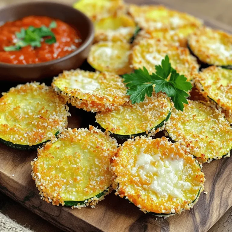 To make your baked zucchini parmesan chips, gather these main ingredients: - 2 medium zucchinis, thinly sliced - 1 cup grated Parmesan cheese - 1 cup breadcrumbs (panko for extra crunch) - 1 teaspoon garlic powder - 1 teaspoon onion powder - 1 teaspoon dried oregano - 1 teaspoon paprika - Salt and pepper to taste - 2 large eggs, beaten - Olive oil spray These ingredients create a tasty snack. Zucchini gives a fresh crunch, while the Parmesan adds a salty kick. You can spice things up with these optional ingredients: - Red pepper flakes for heat - Fresh herbs like basil or thyme - A squeeze of lemon juice for brightness These extras let you customize your chips. Try them out to find your favorite combination! One serving of these baked zucchini parmesan chips has: - Calories: 210 - Protein: 10g - Carbohydrates: 14g - Fat: 14g This snack is not only tasty but also packed with nutrients. Enjoy these chips guilt-free! For the full recipe, check out the instructions above. Start by gathering all your ingredients. You need two medium zucchinis, grated Parmesan cheese, breadcrumbs, eggs, and seasonings. Slice the zucchinis thinly. Thin slices help them bake evenly and get crisp. In a shallow bowl, mix the breadcrumbs, Parmesan cheese, garlic powder, onion powder, oregano, paprika, salt, and pepper. This mix adds a great flavor. In another bowl, beat the eggs until smooth. You will dip the zucchini slices in this egg mix to help the coating stick. Preheat your oven to 425°F (220°C). This high heat helps the chips get crispy. Line a baking sheet with parchment paper for easy cleanup. Take a zucchini slice, dip it in the egg mix, and let the extra egg drip off. Then coat it in the breadcrumb mix, pressing lightly to ensure it sticks well. Place the coated slices on the baking sheet in a single layer. Lightly spray the chips with olive oil spray. This adds moisture and helps them crisp up. Bake for about 20-25 minutes, flipping halfway through. Look for a golden brown color on the chips to know they are done. To get the crispiest chips, remember a few key tips. First, ensure your zucchini slices are thin and evenly cut. Uneven slices lead to some being soft and others crispy. Second, do not overcrowd the baking sheet. Give each chip space to breathe. This allows hot air to circulate around them. Lastly, to add extra crunch, use panko breadcrumbs. They are light and airy, giving you that perfect crunch. For more delicious details, check the Full Recipe. When making baked zucchini Parmesan chips, avoid thick slices. Thin slices cook better. If your zucchini is wet, it will steam instead of crisp. Always pat the slices dry before coating. Another mistake is not using enough seasoning. A good amount of salt and spices makes a big difference. Lastly, don’t skip the olive oil spray. It helps with browning and crisping. To slice zucchini, use a sharp knife or a mandoline for even cuts. Aim for 1/4 inch thick slices. This size helps them cook evenly and get crispy. If you have a variety of zucchini, mix them for fun colors and flavors. Make sure to slice all the pieces the same thickness so they bake at the same rate. If you have leftover chips, let them cool completely. Store them in an airtight container at room temperature. They will stay crispy for about two days. If you want them to last longer, you can freeze them. Just place them in a single layer on a baking sheet, freeze until solid, then transfer to a freezer bag. When ready to eat, reheat them in the oven for that fresh, crispy texture. For the full recipe, check out the main article. {{image_2}} If you want to make these chips gluten-free, use gluten-free breadcrumbs. Some brands offer great taste and crunch. You can also use ground almonds or crushed rice crackers as a substitute. Both options will still give you a nice flavor and texture. To add a kick, mix in some cayenne pepper or chili powder into the breadcrumb mix. You can also use a mix of herbs like basil, thyme, or rosemary to boost the flavor. This simple change makes them exciting and unique. If you want to try different cheeses, use cheddar or a dairy-free cheese for a twist. These cheeses melt and crisp well, giving you a new taste. Experiment with your favorites to find the best combination. For the full flavor experience, refer to the Full Recipe. Baked zucchini parmesan chips are great on their own, but dipping sauces add fun. Try marinara sauce for a classic taste. Ranch dressing gives a creamy twist. You can also use a spicy sriracha mayo for a kick. These sauces make each bite exciting. Presentation matters! Serve your chips on a wooden board for a rustic look. Add small bowls of different dips. You can also include fresh veggies like carrot sticks or celery for color. This makes your platter not just tasty, but pretty too. These chips are perfect as a snack or side dish. Serve them with grilled chicken or fish for a balanced meal. They also pair well with salads. You can enjoy them during movie night or at a picnic. No matter when you eat them, they add crunch and flavor. To store your baked zucchini parmesan chips, place them in an airtight container. Keep them in your kitchen or pantry. They stay fresh for about two to three days. If you want to keep them longer, put them in the fridge. Just remember that they may lose some crunch. Yes, you can freeze zucchini chips. First, let them cool completely. Then, place them in a single layer on a baking sheet. Freeze them for about an hour. After that, transfer the chips to a freezer bag. They can last up to three months in the freezer. If your chips turn out soggy, you can try reheating them. Preheat your oven to 400°F (200°C). Spread the chips on a baking sheet and bake for about 5 to 10 minutes. This will help them crisp up again. You can also check the thickness of your slices next time. Thinner slices usually turn out crispier. To make baked zucchini chips without breadcrumbs, you can use ground nuts or seeds. Almond flour or crushed nuts can add flavor and crunch. Simply replace the breadcrumbs with your choice of ground nuts. Follow the same steps in the recipe. This makes a great option for grain-free diets. In summary, this blog post covers how to make delicious baked zucchini chips. We discussed the key ingredients, steps to prepare and bake, and tips for the perfect crisp. Avoid common mistakes and try different flavors for fun. Serving suggestions help you enjoy these chips in new ways. Remember, making these chips is easy and satisfying. With practice, you’ll become a pro at this healthy snack. Now, grab your zucchini and start baking!