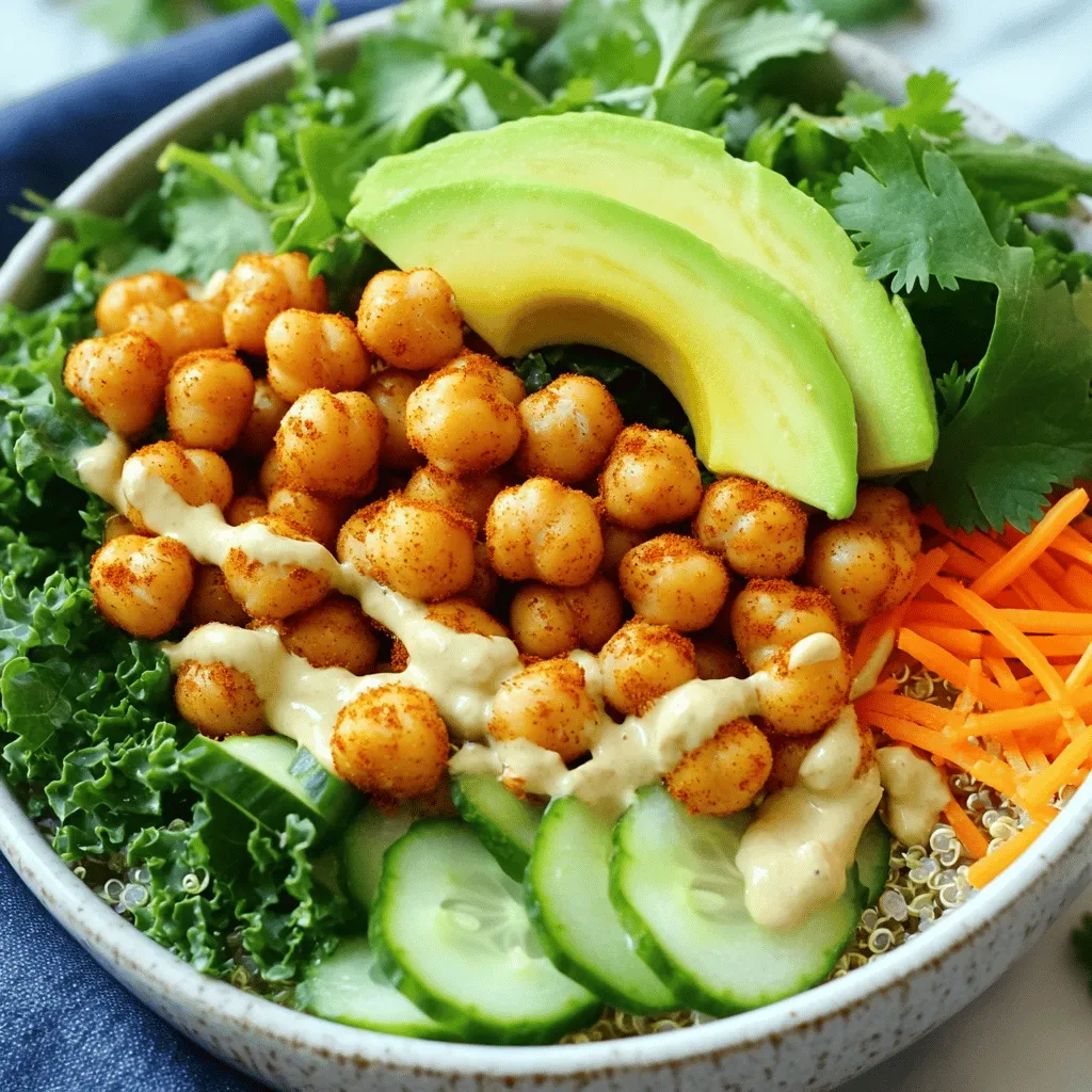- 1 can (15 oz) chickpeas, rinsed and drained - 2 cups cooked quinoa or brown rice - 1 cup kale, chopped - 1 avocado, sliced - 1 carrot, shredded - 1/2 cup cucumber, diced Chickpeas form the base of this bowl. They add protein and fiber. Quinoa or brown rice gives you healthy carbs. Fresh vegetables bring crunch and color. They make the dish fun and vibrant. - 2 tablespoons olive oil - 1 teaspoon smoked paprika - 1 teaspoon garlic powder - 1 teaspoon ground cumin - Salt and pepper to taste - 1/4 cup tahini - 2 tablespoons lemon juice - 2 tablespoons water (to thin the tahini) Olive oil helps the chickpeas roast well. The spices boost flavor and warmth. Tahini adds creaminess, while lemon juice brightens the dish. This dressing is simple yet tasty. - Fresh cilantro or parsley for garnish - Additional toppings like nuts or seeds Fresh herbs add a pop of flavor. They make the bowl look pretty too. You can also try nuts or seeds for extra crunch. These small touches elevate your meal. For the full recipe, check out the Crispy Chickpea Buddha Bowl . First, rinse the chickpeas in a colander. Make sure to drain them well. Next, dry the chickpeas with a kitchen towel. This step is key for crispiness. Now, it’s time to season the chickpeas. In a large bowl, drizzle two tablespoons of olive oil over them. Then, add the spices: one teaspoon of smoked paprika, one teaspoon of garlic powder, and one teaspoon of ground cumin. Don’t forget salt and pepper to taste. Toss everything together until the chickpeas are well coated. Preheat your oven to 400°F (200°C). Spread the seasoned chickpeas on a large baking sheet in a single layer. Bake them for 20-25 minutes. Be sure to shake the pan halfway through. This helps them cook evenly. For the best crispy texture, check them often. If they start to smell good, they are close. You want them golden brown and crunchy. Now, let’s build the bowl! Start with a base of cooked quinoa or brown rice. Use about one cup for each serving. Next, add a layer of chopped kale, about one cup. Then, top it with a shredded carrot, diced cucumber, and those crispy chickpeas you just made. Don’t forget the sliced avocado on top. Finally, drizzle the tahini dressing over everything. To make the dressing, whisk together the tahini, lemon juice, and water in a small bowl. Adjust the thickness as you like. Garnish with fresh cilantro or parsley for a pop of flavor. Enjoy your vibrant Crispy Chickpea Buddha Bowl! For the full recipe, check the details above. To get crispy chickpeas, start by drying them well. I like to pat my chickpeas with a clean kitchen towel. Removing moisture is key. Next, toss them with olive oil and spices. My favorite combo is smoked paprika, garlic powder, and cumin. This blend gives a nice kick. Make sure to coat all chickpeas evenly for the best crunch. Want to spice things up? Try adding cayenne pepper for heat. You can also use curry powder for a different flavor. If you want a creamier tahini dressing, add more water or lemon juice. Taste the dressing and adjust to your liking. This makes a huge difference in flavor. This Buddha bowl is great with many dishes. You can pair it with roasted veggies or grilled chicken for extra protein. If you want to meal prep, make extra chickpeas and quinoa. Store them in separate containers for easy assembly later. This way, you can enjoy a fresh bowl any day of the week. Check out the Full Recipe for more ideas! {{image_2}} If you want to switch things up, try using other grains. Instead of quinoa, you can use farro, barley, or even millet. These grains add different textures and flavors. Brown rice is another great option. It’s hearty and pairs well with the crispy chickpeas. You can easily make this dish fit your dietary needs. The chickpeas and veggies are naturally vegan and gluten-free. For the dressing, just use tahini, lemon juice, and water. Make sure to check any packaged ingredients for gluten. Using seasonal veggies can add freshness to your bowl. In spring, try peas or asparagus. In summer, use ripe tomatoes or bell peppers. Fall is great for roasted sweet potatoes or butternut squash. In winter, root veggies like carrots and beets work well too. You can mix and match based on what you find at the market. This keeps your meal exciting and full of flavor. Store your Buddha bowl leftovers in an airtight container. This keeps food fresh. Place the chickpeas and grains separately to avoid sogginess. If you have tahini dressing left, store it in a small jar. To reheat roasted chickpeas, use an oven for the best texture. Spread them on a baking sheet and heat at 350°F for about 10 minutes. For grains, microwave them in a bowl with a splash of water. Cover with a damp paper towel to keep them moist. Stir halfway through for even heating. Crispy chickpeas last in the fridge for about 3 days. Cooked quinoa or rice stays good for about a week. Fresh veggies should be eaten within 3 to 5 days. Tahini dressing can last up to a week in the fridge. Always check for signs of spoilage before eating. You can use other legumes or proteins. Here are some great options: - Black beans - Kidney beans - Lentils - Edamame - Tofu or tempeh These choices add flavor and texture. They also keep the bowl nutritious and satisfying. Yes, you can prep this bowl in advance. Here are some tips: - Roast chickpeas and store them in an airtight container. - Cook quinoa or rice and refrigerate it. - Chop veggies and keep them in the fridge. Assemble the bowl just before eating. This keeps everything fresh and crunchy. To make your Buddha bowl heartier, consider these ideas: - Add more cooked quinoa or rice. - Include roasted sweet potatoes or butternut squash. - Top with nuts or seeds for crunch. - Use a protein source like grilled chicken or boiled eggs. These additions boost protein and calories, making the meal more satisfying. For the full recipe, check the earlier section! This blog post shared how to create a tasty Buddha bowl. You learned about key ingredients like chickpeas, grains, and fresh veggies. I provided steps for prepping, roasting, and assembling your bowl. Tips for achieving crispy chickpeas and enhancing flavor were also included. In summary, a Buddha bowl is versatile and easy. Adjust ingredients to fit your taste and needs. Enjoy experimenting with different grains and vegetables. Now, you have the tools to make a meal that nourishes both body and mind. Happy cooking!
