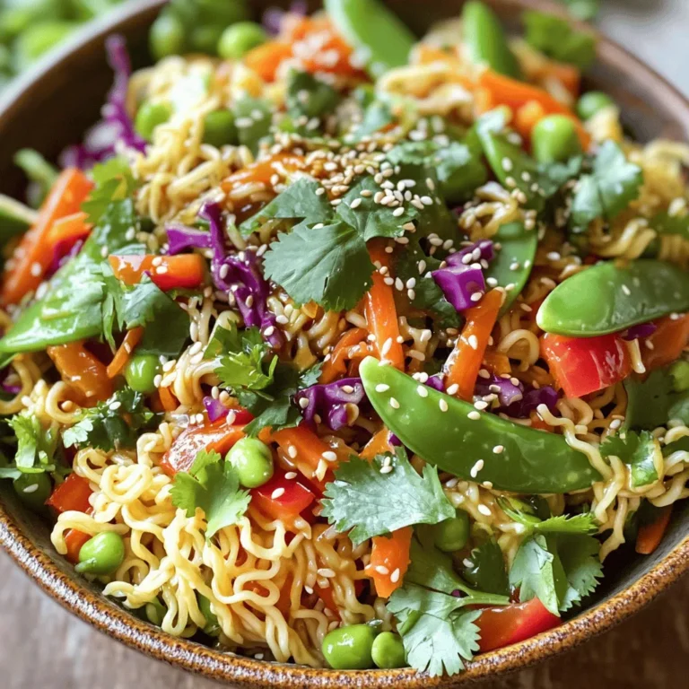 - 2 packets of instant ramen noodles - 1 cup shredded carrots - 1 cup red cabbage, thinly sliced - 1 red bell pepper, thinly sliced - ½ cup snow peas, trimmed - 1 green onion, chopped - ¼ cup sesame seeds, toasted - ¼ cup fresh cilantro, chopped - 3 tablespoons soy sauce - 2 tablespoons sesame oil - 1 tablespoon rice vinegar - 1 tablespoon honey or maple syrup - 1 tablespoon grated fresh ginger - 1 clove garlic, minced - Additional seasonings (salt and pepper) Gather these ingredients to whip up a fresh and nutritious meal. The instant ramen noodles add a fun twist and texture. They cook up quick and keep the salad light. The colorful veggies bring crunch and nutrients. Shredded carrots, red cabbage, and bell pepper add great flavors. Snow peas give a nice snap, while green onion brings a mild onion taste. For the dressing, mix soy sauce and sesame oil for a rich, savory base. Rice vinegar adds a zing, while honey or maple syrup balances the flavors. Grated ginger and minced garlic enhance the taste with warmth. This dressing pairs perfectly with the salad. You can find the complete recipe [Full Recipe]. Make sure to use fresh cilantro and toasted sesame seeds. They add bright notes and a lovely crunch to the salad. This dish is not just tasty; it's packed with vitamins and minerals. Enjoy this salad as a main or a side! - Cook noodles according to package instructions. - Drain and rinse under cold water. Cooking ramen is simple. Bring water to a boil, add noodles, and cook for about three minutes. Rinse them under cold water to stop the cooking. This helps the noodles stay firm. Set them aside to cool while you prepare the other ingredients. - Combine the shredded carrots, red cabbage, red bell pepper, snow peas, and green onion in a large bowl. Chop the vegetables while the noodles cool. Shredded carrots add crunch. Red cabbage gives color. Red bell pepper adds sweetness. Snow peas bring a fresh bite. Green onion adds a nice kick. Mix them all in a large bowl. This colorful blend makes your salad pop! - Whisk together soy sauce, sesame oil, rice vinegar, honey, ginger, and garlic. For the dressing, grab a small bowl. Add soy sauce, sesame oil, and rice vinegar. Mix in honey for sweetness, ginger for warmth, and garlic for flavor. Whisk until smooth. This dressing ties everything together, adding a savory touch. - Toss the noodles with vegetables and dressing. - Add toasted sesame seeds and cilantro. Now it’s time to combine. Add the cooled noodles to the bowl with the veggies. Pour in the dressing and toss gently. Make sure everything is coated well. Finally, sprinkle toasted sesame seeds and chopped cilantro on top. This adds extra flavor and texture. - Serve immediately or refrigerate for flavor enhancement. You can serve this salad right away. It’s fresh and crunchy! If you have time, let it chill in the fridge for about 30 minutes. This will enhance the flavors. Enjoy your Sesame Ginger Ramen Salad as a light meal or side dish. For the full recipe, check out the ingredients list above! To make the best sesame ginger ramen salad, cool your noodles well before mixing. This step stops them from cooking and helps keep the salad crisp. Taste the dressing as you mix. You can alter the ingredients to match your flavor wishes. If you like it sweeter, add more honey or maple syrup. If you want a stronger kick, add more ginger or garlic. This salad is best when served chilled or at room temperature. For a beautiful touch, consider garnishing with extra sesame seeds or chopped cilantro. You can also add sliced radishes or avocado for a pop of color and taste. Save time by preparing your ingredients ahead of time. You can chop the veggies and store them in the fridge. Cook the ramen noodles and cool them before storing. This way, you can quickly assemble your salad when you're ready to eat. Check out the full recipe for more ideas on serving and storing. {{image_2}} You can switch up the ramen for rice noodles or zoodles. Both add unique textures and flavors. If you want more protein, add grilled chicken, tofu, or shrimp. These options make the salad more filling and satisfying. Each swap can change how you enjoy this dish. Want a spicy kick? Add some chili flakes or your favorite spices. This can make the salad more exciting. You can also try different vegetables like cucumbers, bell peppers, or radishes. Each vegetable adds its own crunch and flavor to the mix. Don't hold back; get creative with your choices. For a vegan twist, swap honey for maple syrup. This keeps the sweetness without using animal products. You can also boost the vegetable content. Adding more veggies makes the salad heartier and more nutritious. Think about adding kale, broccoli, or even edamame. Each addition brings new colors, flavors, and health benefits to your bowl. For the full recipe, check out the link above. Enjoy the process as you explore these variations! You can store Sesame Ginger Ramen Salad in the fridge for up to three days. To keep it fresh, make sure to use an airtight container. This prevents air from drying out the noodles and veggies. Always give it a gentle toss before serving. This helps mix the dressing again after sitting. Freezing this salad is not recommended. The texture of the veggies and noodles can change when frozen. If you want to save some, consider freezing just the dressing. You can use it later on fresh salad or veggies. When reheating, avoid the microwave. Instead, let it sit at room temperature or use a skillet to warm gently. I suggest using airtight containers for storage. They keep the salad fresh longer. Plastic wrap can work, but it may not seal as well. Choose containers that fit the amount of salad you have. This reduces air exposure, keeping your salad crisp and tasty. Yes, you can! If you want a gluten-free option, try rice noodles or zucchini noodles. Both options work well in this salad. They add a unique twist and keep the dish fresh. Don't be afraid to experiment with what you have at home! This salad lasts about three days in the fridge. To keep it fresh, store it in an airtight container. It tastes best when eaten within this time frame. After three days, the veggies may lose their crunch. Absolutely! You can prepare the dressing up to a week ahead. Just whisk the ingredients together and store them in a jar. Keep it in the fridge, and give it a shake before using. This saves time and helps the flavors blend beautifully. For the full recipe, check out the detailed instructions. This blog post shows how to make a tasty ramen salad. You need simple ingredients like ramen, fresh veggies, and a flavorful dressing. Follow each step to prepare, mix, and serve. Remember, you can adjust flavors and swap ingredients for your taste. Chill it for the best flavor. Use these tips for meal prep or storage to keep it fresh. Enjoy this quick, healthy dish any time!