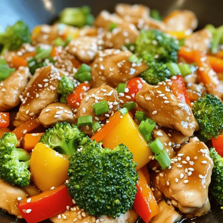 For a tasty honey garlic chicken stir fry, gather these ingredients: - 500g boneless chicken breast, sliced thinly - 2 tablespoons honey - 3 tablespoons soy sauce - 3 cloves garlic, minced - 1 tablespoon ginger, grated - 1 bell pepper (red or yellow), sliced - 1 cup broccoli florets - 1 carrot, julienned - 2 tablespoons vegetable oil - 1 teaspoon sesame oil - Salt and pepper to taste - Chopped green onions for garnish - Sesame seeds for garnish When measuring ingredients, use a scale for the chicken. This ensures even cooking. For honey, a liquid measuring cup works best. Always use fresh garlic and ginger for strong flavors. If possible, buy organic vegetables. They taste better and are healthier. You can swap out the chicken for tofu or shrimp. Both work well with the sauce. If you want a gluten-free option, use tamari instead of soy sauce. For a spicy kick, add red pepper flakes or sliced chili peppers. You can also use frozen vegetables if fresh ones are not available. First, gather all your ingredients. It helps to have everything ready. Slice the chicken breast into thin pieces. Mince the garlic and grate the ginger. Chop the bell pepper, broccoli, and carrot. This makes the cooking part easier and faster. Heat a large pan or wok over medium-high heat. Add the vegetable oil. Once hot, toss in the sliced chicken. Sprinkle with salt and pepper. Cook the chicken for about 5 to 7 minutes. You want it brown and cooked through. Once done, take the chicken out and set it aside. In the same pan, add the chopped broccoli, bell pepper, and carrot. Stir-fry these for about 3 to 4 minutes. You want them tender but still crisp. This keeps the vegetables bright and tasty. Next, return the cooked chicken to the pan. Pour the honey garlic sauce over everything. Toss the chicken and veggies together. Make sure the sauce coats them well. Cook for another 2 to 3 minutes. Finally, drizzle sesame oil on top and mix. Serve hot and garnish with green onions and sesame seeds. For the full recipe, check out the [Full Recipe]. To get juicy chicken, slice it thin. This helps it cook fast and evenly. Heat your pan well before adding the chicken. This creates a nice sear. Cook the chicken in batches if your pan is small. Crowding the pan can cause steaming instead of frying. If you want a thicker sauce, mix a little cornstarch with cold water. Add this mix to the sauce while cooking. Stir it well until it thickens. If the sauce is too thick, just add a splash of water or more soy sauce. This keeps the flavor balanced and delicious. Use a large pan or wok for the best results. A non-stick surface helps prevent sticking. A wooden spatula works great to toss the ingredients. You’ll also need a good knife for slicing the chicken and veggies. For the best taste, keep everything fresh and high quality. For the full recipe, check the recipe section. {{image_2}} You can easily make this dish vegetarian or vegan. Instead of chicken, use tofu or tempeh. Both options soak up flavors well. Cut them into small cubes for a nice texture. You can follow the same cooking steps as the chicken. Just cook the tofu until golden brown. Use the same honey garlic sauce, but swap honey for maple syrup or agave. This keeps the sweet taste while making it vegan. Feel free to add more vegetables to your stir fry. Snow peas, snap peas, and mushrooms work well. You can also try zucchini or bok choy for a fresh crunch. Just remember to cut them into small pieces for even cooking. Mix and match veggies based on your taste. The more colors, the better the dish looks and tastes! If you want a change from chicken, try shrimp or beef. Shrimp cooks quickly and adds a nice seafood twist. Beef can be sliced thin and stir-fried until tender. You can also use seitan for a hearty, protein-packed option. Each protein brings a unique flavor to the dish. Make sure to adjust cooking times based on what you use. For the full recipe, check back to the ingredients list. To store your honey garlic chicken stir fry, let it cool first. Place it in an airtight container. It can stay fresh in the fridge for about 3-4 days. Make sure to keep it sealed to prevent drying out. If you want to enjoy it later, follow the freezing instructions below. You can freeze this stir fry for longer storage. First, cool it completely. Then, transfer it to a freezer-safe container. It can last for up to 3 months in the freezer. When you're ready to eat, thaw it in the fridge overnight before reheating. To reheat your honey garlic chicken stir fry, use a pan over medium heat. Add a splash of water or oil to keep it moist. Stir it frequently until it's heated through. You can also use the microwave for quick reheating. Just cover it and heat in short bursts, stirring in between. This keeps the chicken tender and the veggies crisp. For the full recipe, check the section above. You can serve Honey Garlic Chicken Stir Fry with rice or noodles. Steamed jasmine rice works well. You can also try brown rice for a healthier option. Noodles, like lo mein or udon, are tasty too. Add a side of spring rolls or a salad for extra crunch. Yes, you can use many sauces for stir fry. Teriyaki sauce gives a sweet touch. Soy sauce alone adds a salty flavor. You can mix hoisin sauce for more depth. Just keep in mind the taste balance when you switch sauces. Each sauce will change the flavor of your dish. To make it less sweet, reduce the honey. You can cut the honey by half. Also, add more soy sauce to balance the flavor. Incorporating more vegetables can also help. Vegetables like broccoli and carrots add natural sweetness. This makes the dish more savory overall. Yes, this recipe can be healthy. It uses lean chicken and lots of veggies. You control the sugar by adjusting the honey. The dish is low in fat when you use less oil. This meal also provides protein and fiber, making it filling and nutritious. Enjoy it in moderation for a balanced diet. You learned about the key ingredients for a great dish. We went step-by-step through cooking chicken and veggies. I shared tips to make your meal just right. You also saw how to switch things up with veggie options and more. Remember, cooking is fun, so don’t be scared to try new things. Enjoy your time in the kitchen and make this recipe your own!