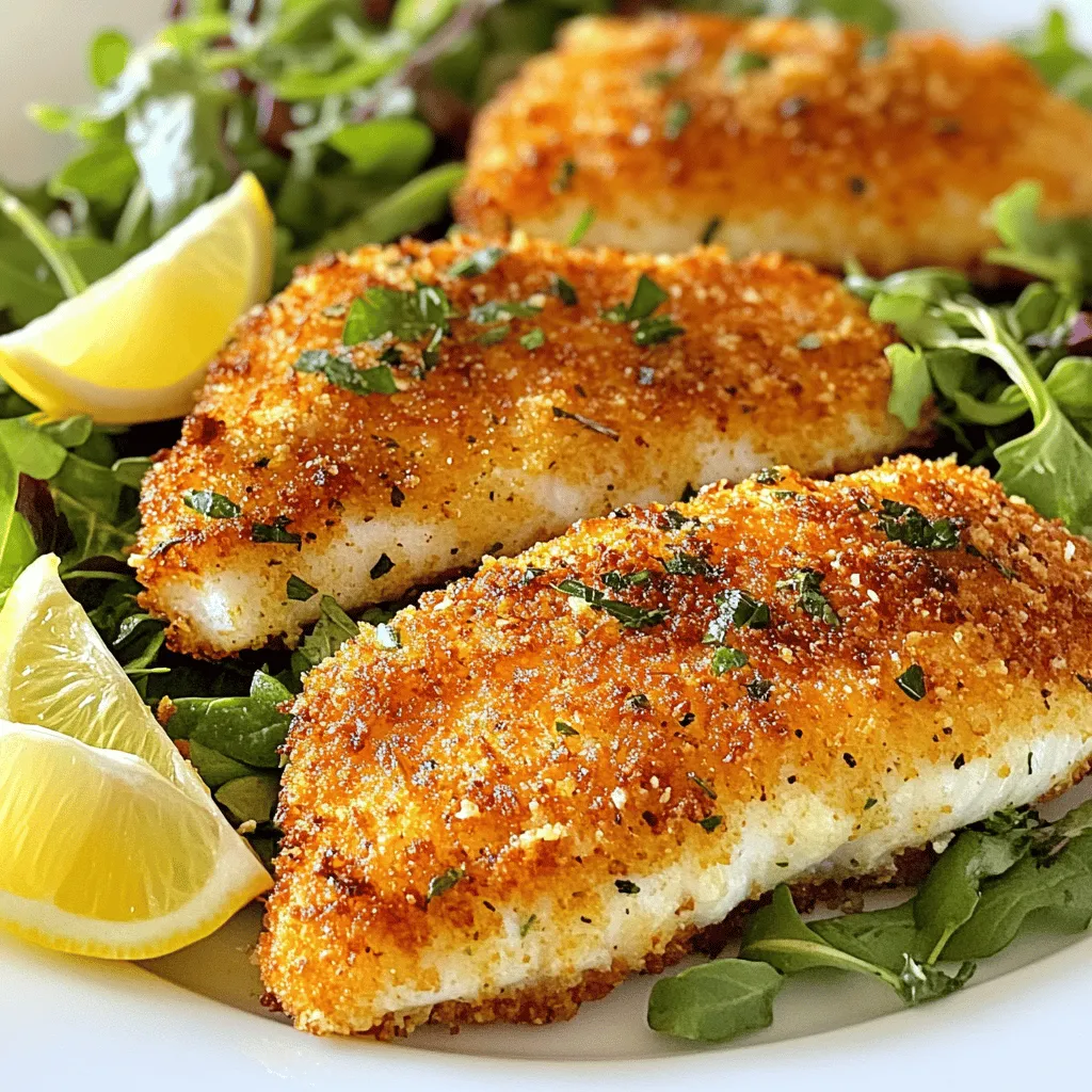 To make Parmesan Crusted Tilapia, gather these fresh ingredients: - 4 tilapia fillets - 1 cup grated Parmesan cheese - 1/2 cup breadcrumbs (preferably panko for extra crunch) - 1 teaspoon garlic powder - 1 teaspoon dried Italian herbs (basil, oregano, thyme) - 1/2 teaspoon paprika - Salt and pepper to taste - 2 eggs, beaten - 2 tablespoons olive oil - Lemon wedges for serving Each ingredient plays a key role in building flavor. The tilapia fillets are tender and mild. Parmesan cheese brings a salty, nutty taste, while panko breadcrumbs add that delightful crunch. Using garlic powder and Italian herbs makes the dish aromatic and savory. Paprika adds a hint of warmth without being too spicy. Salt and pepper enhance all the flavors. Beaten eggs help the coating stick, creating a golden crust. Olive oil adds moisture and richness, ensuring the fillets do not dry out while baking. Finally, lemon wedges provide a fresh burst of acidity, brightening each bite. For the best results, use fresh ingredients. The quality of tilapia fillets can greatly affect the taste. You can find the full recipe to get started on this delicious dish. 1. Preheat the oven to 400°F (200°C). This high heat helps create a crisp crust. 2. Prepare your baking sheet by lining it with parchment paper. This makes cleanup easy. 3. Mix the dry ingredients in a shallow dish. Combine grated Parmesan, breadcrumbs, garlic powder, Italian herbs, paprika, salt, and pepper. Stir well until smooth. 4. Beat the eggs in a separate bowl. Make sure they are well mixed and ready for dipping. 1. Dip each fillet in the eggs. This helps the crust stick. Let any extra egg drip off. 2. Coat the fillet in the Parmesan mixture. Press down to cover both sides. This gives a nice, thick layer of flavor. 3. Place the coated fillets on the baking sheet. Make sure they are spaced out for even cooking. Drizzle olive oil over the top for added taste. 1. Bake in the preheated oven for about 15-20 minutes. This ensures the fish cooks through. 2. Check doneness with a flakiness test. Use a fork to see if the fish flakes easily. If it does, your dish is ready! Now you're all set to enjoy your Parmesan Crusted Tilapia! For the full recipe, refer to the earlier section. When you pick tilapia, look for fillets that are bright and moist. Fresh tilapia should smell light and clean, like the sea. If you see any discoloration or a strong fishy scent, skip it. Fresh tilapia offers the best taste. If it's not available, frozen tilapia is a good choice. Just make sure it stays frozen until you are ready to cook. Thaw it in the fridge overnight for the best results. To get that crispy crust, do not skip the egg wash. The eggs help the cheese and breadcrumbs stick. Press the fillets into the mixture firmly. This will give you a nice thick crust. Avoid common mistakes like overcrowding the baking sheet. Each fillet needs space to get crispy. If they touch, they will steam instead of bake. For sides, steamed vegetables and fresh salads pair well with tilapia. You can also serve it with a light sauce, like a lemon butter sauce, for extra flavor. For a lovely presentation, serve the tilapia on individual plates. Add a side of colorful vegetables and a lemon wedge. The lemon not only looks good but adds a tasty zing when squeezed over the fish. For the full recipe, check the above section. {{image_2}} You can change the fish if you want. Try using cod, haddock, or even salmon. Each fish has a unique taste. They can all work well with the Parmesan crust. If you need a cheese swap, consider using romano or asiago. These cheeses have strong flavors and can add a twist to your dish. Adding spices makes a big difference. You can try cumin or chili powder for heat. Fresh herbs like parsley or dill can brighten the flavor. You can also add toppings. Try sliced olives, sun-dried tomatoes, or even a dollop of pesto. Sauces like lemon butter or a tangy yogurt sauce can elevate the dish too. You can pan-fry the tilapia instead of baking. Heat olive oil in a pan and cook for about 3-4 minutes per side. This method gives a nice golden crust. Grilling is another fun option. Preheat your grill and cook the fillets for about 4-5 minutes on each side. This adds a smoky flavor that pairs well with the cheese. For the full recipe, check out the complete details! To store leftover Parmesan crusted tilapia, place it in an airtight container. This helps keep it fresh. You can also wrap it tightly in plastic wrap. The fish can last in the fridge for up to three days. Make sure to cool it down before storing. This keeps moisture from building up in the container. If you want to freeze the tilapia, wrap each piece in plastic wrap first. Then place the wrapped fillets in a freezer bag. Remove as much air as possible. This method helps prevent freezer burn. The tilapia can last in the freezer for up to three months. When you are ready to eat it, thaw the fish in the fridge overnight. This keeps the texture nice. To reheat, the best method is using the oven. Preheat it to 350°F (175°C). Place the tilapia on a baking sheet and cover with foil. Heat for about 10-15 minutes. This method keeps the crust crispy. Avoid using the microwave, as it can make the fish rubbery. Check the fish often to make sure you do not overcook it. Enjoy your meal! To keep the crust crispy, use panko breadcrumbs. They have a larger surface area, which helps create a great crunch. Bake the tilapia on a wire rack placed over a baking sheet. This allows hot air to circulate around the fish, keeping the crust crispy. Avoid covering the fish after baking, as steam can make it soggy. Yes, you can prepare this dish in advance. Coat the tilapia fillets and place them on a baking sheet. Cover with plastic wrap and store in the fridge for up to 2 hours. This lets the flavors blend. However, for the best crust, bake it fresh just before serving. Parmesan Crusted Tilapia pairs well with many sides. Here are a few ideas: - Steamed vegetables like broccoli or asparagus - A fresh green salad with lemon vinaigrette - Roasted potatoes or sweet potatoes - Quinoa or rice for a heartier option While panko breadcrumbs are not mandatory, they greatly enhance the texture. Regular breadcrumbs work too but may not give the same level of crunch. If you prefer a finer texture, you can mix both types for a balanced crust. Yes, you can experiment with different cheeses. Romano or aged cheddar can add unique flavors. Try a mix of cheeses for added depth. Just remember that different cheeses may alter the taste and texture slightly. For a classic taste, stick with Parmesan as your base. This blog post outlines how to make Parmesan Crusted Tilapia. We covered the key ingredients, preparation steps, and baking instructions. I shared tips for choosing fresh fish, achieving a crispy crust, and serving ideas. You can also explore ingredient swaps and cooking alternatives. Lastly, I explained how to store leftovers and reheat them properly. Enjoy making this dish, and don’t hesitate to try new flavors. Happy cooking!