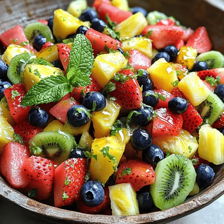 For this honey lime fruit salad, you need a mix of colorful fruits. Here’s what to gather: - 1 cup strawberries, hulled and sliced - 1 cup blueberries - 1 cup kiwi, peeled and diced - 1 cup pineapple, chopped - 1 cup watermelon, diced These fruits add sweetness and a pop of color. Fresh fruits make the salad bright and tasty. The dressing is simple yet full of flavor. You will need: - 2 tablespoons honey - 2 tablespoons lime juice - Zest of 1 lime This dressing adds a sweet and tangy taste. It helps bring all the flavors together. To make your salad even better, consider these garnishes: - Fresh mint leaves Mint adds a nice, refreshing touch. It makes the dish look pretty and taste great. For the full recipe, check the complete list above. Now, you’re ready to create a delightful honey lime fruit salad! Start by washing all the fruits well. This ensures they are clean and safe to eat. Cut the strawberries and kiwi into small pieces. Dice the pineapple and watermelon into bite-size chunks. Place all prepared fruits in a large mixing bowl. This colorful mix will add joy and sweetness to your salad. In a small bowl, whisk together two tablespoons of honey. Add two tablespoons of lime juice to the bowl. Zest one lime and mix it in. Keep whisking until everything blends well. This dressing gives the salad a bright and tangy flavor. Pour the honey lime dressing over the fruit in the large bowl. Gently toss the fruit with the dressing. Make sure every piece is coated. Let the salad sit for about ten minutes. This helps the flavors meld together. Before serving, toss it again and add fresh mint leaves on top. The mint adds a nice touch and makes it look pretty. Enjoy your fresh and tasty dish! For the full recipe, check out the details above. Choose ripe, fresh fruits for the best taste. Look for vibrant colors and good scents. Here are some tips: - Strawberries: Pick bright red, firm berries with no bruises. - Blueberries: Select plump, deep blue berries with a silvery sheen. - Kiwi: Choose slightly soft, brown-skinned kiwis for sweetness. - Pineapple: Pick a pineapple that feels heavy and smells sweet. - Watermelon: Look for a uniform shape and a yellow spot for ripeness. To make your salad even better, try these ideas: - Use fresh lime juice for a zesty kick. - Add lime zest for a burst of lime flavor. - Let the salad sit for 10 minutes to mix the flavors well. - Use honey that is local for a unique taste. Serve the Honey Lime Fruit Salad in a large bowl. This makes it easy for guests to scoop. For a fun twist, try these serving ideas: - Use small cups for individual servings at parties. - Garnish with mint leaves to add color. - Pair it with yogurt or whipped cream for extra creaminess. Consider checking the Full Recipe for more details on making this delightful dish! {{image_2}} You can change the fruits based on the season. For spring, add juicy peaches or ripe cherries. In summer, use fresh berries or sweet mango. Autumn brings apples and pears, while winter can feature citrus fruits like oranges and grapefruits. This keeps the salad fresh and exciting. Not all honeys taste the same. You might prefer clover honey for a mild touch. For a bolder flavor, try buckwheat honey. If you want a floral hint, use wildflower honey. Adjust the amount of honey to suit your taste. Taste the dressing before pouring it over the fruit. To add crunch, toss in nuts like almonds or walnuts. Pumpkin seeds or sunflower seeds work well too. These additions make the salad more filling and add protein. You can also sprinkle in some chia seeds for extra fiber. Just remember to mix well after adding these ingredients for even flavor. Feel free to explore these variations to make your Honey Lime Fruit Salad unique. For the full recipe, check out the ingredients and steps provided earlier. Store any leftover honey lime fruit salad in the fridge. Use an airtight container to keep it fresh. If you leave it out, the fruit can get mushy. The honey lime dressing helps preserve the fruit but does not prevent spoilage. I recommend glass containers for storing your fruit salad. They do not retain odors and keep the salad fresh. You can also use plastic containers, but make sure they seal tightly. Avoid metal containers, as they can react with the lime juice. When stored properly, honey lime fruit salad lasts about three days in the fridge. After that, the fruit may lose its texture. Always check for any signs of spoilage before serving leftovers. If the fruit looks or smells off, it’s best to toss it. For the best taste and quality, enjoy it within the first two days. Yes, you can make Honey Lime Fruit Salad ahead of time. I recommend preparing it no more than a day in advance. This keeps the fruit fresh and tasty. The dressing adds flavor, but it can also make fruit soggy if left too long. To avoid this, mix the fruit and dressing just before serving. If you want to make it earlier, store the fruit and dressing separately in the fridge. Many fruits work well with honey and lime. Here are some great options: - Bananas: They add creaminess. - Mango: Its sweetness complements the lime. - Grapes: They bring crunch and juiciness. - Oranges: They add a bright, citrusy flavor. - Peaches: Their softness adds a nice texture. These fruits mix well and create a colorful salad with amazing taste. Yes, this salad is great for meal prep. It’s simple to make and store. You can divide it into small containers for easy grab-and-go meals. Just remember to mix the dressing and fruit together just before eating. This way, the fruit stays fresh and crisp. You can enjoy this salad as a snack or a side dish throughout the week. For the full recipe, check out my earlier section! This blog post guided you through the sweet and tangy world of Honey Lime Fruit Salad. We discussed the fruits you need, the honey and lime dressing, and optional garnishes. I shared step-by-step instructions for easy preparation and tips to choose the best fruit. You learned about fun variations and smart storage tips. In total, this salad is simple and customizable. Enjoy creating a fresh, tasty dish that brightens any table! Happy cooking!