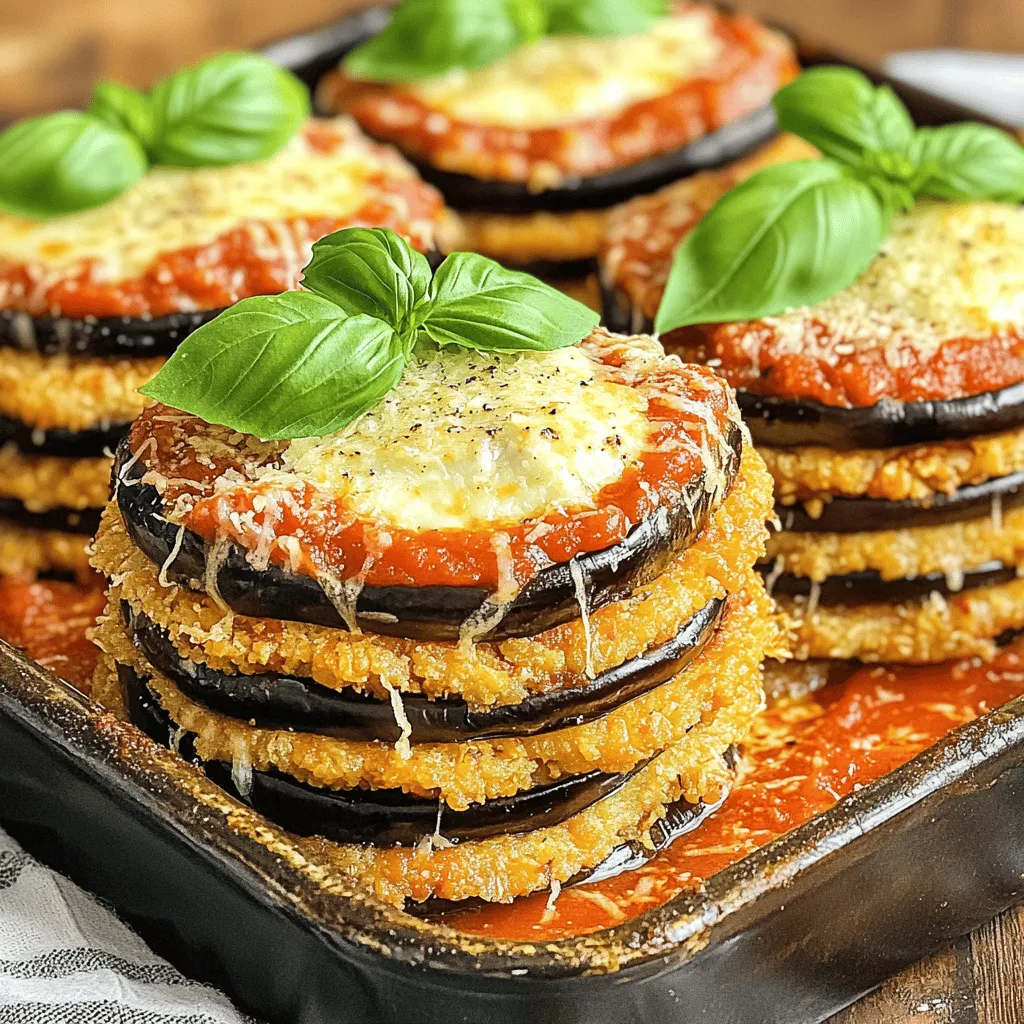 - 2 medium-sized eggplants - 1 cup all-purpose flour - 3 large eggs, beaten - 2 cups breadcrumbs (preferably Italian-style) - 1 cup marinara sauce - 2 cups fresh mozzarella cheese, sliced - 1/2 cup grated Parmesan cheese - Salt and pepper - Fresh basil leaves - Olive oil for frying First, we need to prepare the eggplant. We will salt the slices to draw out moisture. This step makes the eggplant less bitter and helps it fry better. - Slice the eggplants into 1/2 inch rounds. - Sprinkle salt on both sides of each slice. - Let them sit for about 30 minutes. - Rinse the slices under cold water. - Pat them dry with a paper towel. Next, we set up a dredging station. This makes coating the eggplant easy and fun! - Place the flour in one shallow dish. - Pour the beaten eggs into another dish. - Put the breadcrumbs in a third dish. Now, we cook the eggplant slices. This is where the magic happens! - Heat olive oil in a large skillet over medium heat. - Dredge each eggplant slice in the flour first. - Then dip it in the egg, and coat it with breadcrumbs. - Fry the slices for about 3-4 minutes on each side until they are golden brown. - Remove them and place them on paper towels to drain any extra oil. Finally, we assemble the stacks. This is my favorite part! - Preheat your oven to 375°F (190°C). - Spread a thin layer of marinara sauce in a baking dish. - Start stacking: place one fried slice on the sauce. - Add marinara, a slice of mozzarella, and sprinkle Parmesan on top. - Repeat this process until all slices are used. - Finish with a top layer of marinara and mozzarella. Cover the dish with aluminum foil and bake for 20 minutes. Then, remove the foil and bake for another 10-15 minutes. This step ensures the cheese melts perfectly. After baking, let it cool for about 5 minutes. Garnish with fresh basil leaves before serving. Enjoy your Eggplant Parmesan Stacks! For the full recipe, check out the details above. To make crispy eggplant, I use a few tricks. First, salting the eggplant slices helps draw out moisture. This step is vital; it prevents sogginess. After salting, rinse the slices and pat them dry. When frying, heat your olive oil to around 350°F (175°C). This temperature helps create a nice golden crust. If the oil is too cool, the eggplant will absorb it and turn soggy. Fry each slice for about 3-4 minutes on each side. Look for a golden-brown color as a sign of readiness. Eggplant Parmesan Stacks pair well with a fresh salad or warm garlic bread. A crisp salad balances the richness of the dish. Garlic bread adds a nice crunch and flavor. For drinks, I recommend a light red wine, like Chianti. A sparkling lemonade also works well for a refreshing contrast. You can customize this dish to meet your needs. For a gluten-free option, use almond flour or gluten-free breadcrumbs. If you want a vegan version, swap the dairy cheeses for vegan alternatives. Feel free to add other veggies, like zucchini or bell peppers, for more flavor and texture. You can also include cooked chicken or turkey in the layers for added protein. For more details, check the Full Recipe. Traditional Eggplant Parmesan features layers of fried eggplant, marinara, and cheese. It is a beloved dish, but stacking adds fun. Stacked versions let you build height and make it easier to serve. You can also play with flavors. Adding pesto gives a fresh taste. Try sun-dried tomatoes for a tangy kick. Play with spices to make it your own! Eggplant Parmesan Stacks can fit many diets. For vegetarians, the dish is already a great choice. You can make it vegan by using cashew cheese or tofu. For gluten-free needs, use gluten-free breadcrumbs. Healthier baking options exist too! Instead of frying, try baking the eggplant slices. This keeps the taste and cuts down on oil. Enjoy guilt-free goodness! {{image_2}} To cut eggplant, start by washing it well. Use a sharp knife for clean cuts. Slice the eggplant into 1/2 inch rounds. This size helps them cook evenly. You can also cut them into strips or cubes if you prefer. To avoid bitterness, sprinkle the slices with salt and let them sit for 30 minutes. Rinse and pat dry before cooking. This step removes excess moisture and improves the flavor. Yes, you can prepare Eggplant Parmesan Stacks ahead of time. Cook the eggplant slices and assemble the stacks. Let them cool completely before covering. Store them in the fridge for up to two days. You can also freeze them for longer storage. Just make sure to wrap them well. When ready to eat, thaw and bake them at 375°F until heated through. To make Eggplant Parmesan Stacks healthier, consider these swaps. Use whole wheat breadcrumbs instead of regular ones. You can also replace some cheese with low-fat options. Baking the stacks instead of frying reduces calories. Add more vegetables like spinach or zucchini for extra nutrients. These changes keep the dish tasty while making it lighter. Eggplant Parmesan Stacks pair well with many sides. A fresh green salad adds a nice crunch. Garlic bread complements the dish perfectly, soaking up sauce. You can also serve it with pasta for a heartier meal. For drinks, a light red wine or sparkling water works great. Choose options that balance the rich flavors of the dish. To make Eggplant Parmesan Stacks, follow these steps for a delicious meal. This recipe serves about four people and takes about one hour to complete. Prep Time: 30 minutes Total Time: 1 hour Servings: 4 Ingredients: - 2 medium-sized eggplants, sliced into 1/2 inch rounds - 1 cup all-purpose flour - 3 large eggs, beaten - 2 cups breadcrumbs (preferably Italian-style) - 1 cup marinara sauce - 2 cups fresh mozzarella cheese, sliced - 1/2 cup grated Parmesan cheese - Fresh basil leaves, for garnish - Salt and pepper, to taste - Olive oil, for frying Instructions: 1. First, prepare the eggplant slices. Sprinkle salt on them and let them sit for about 30 minutes. This helps draw out moisture. Rinse them under cold water and pat dry with a paper towel. 2. Set up a dredging station. Put flour in one shallow dish, beaten eggs in another, and breadcrumbs in a third. 3. Heat olive oil in a large skillet over medium heat. Dredge each eggplant slice first in flour, then in egg, and finally coat with breadcrumbs. 4. Fry the coated eggplant slices in the skillet for about 3-4 minutes on each side. Cook until they are golden brown. Remove them and place on paper towels to drain excess oil. 5. Preheat your oven to 375°F (190°C). In a baking dish, spread a thin layer of marinara sauce on the bottom. 6. Begin stacking the fried eggplant slices. Place one slice on the sauce, add marinara, a slice of mozzarella, and a sprinkle of Parmesan. Repeat this until all the eggplant is used. Finish with marinara and mozzarella on top. 7. Cover the dish with aluminum foil and bake for 20 minutes. After 20 minutes, remove the foil and bake for another 10-15 minutes. The cheese should be bubbly and golden. 8. Once done, let it cool for about 5 minutes. Garnish with fresh basil leaves before serving. For a visual guide, consider checking out cooking videos that show these steps in action. It makes the process even easier! Enjoy every bite of your Eggplant Parmesan Stacks. In this post, we explored how to make Eggplant Parmesan Stacks step by step. I shared essential ingredients like eggplants, marinara sauce, and cheeses. We discussed best practices for frying and assembly to achieve the perfect dish. Remember, you can customize with gluten-free or vegan options easily. Try pairing the dish with a fresh salad or your favorite wine. With all these tips, you’re ready to impress friends and family with your cooking skills. Enjoy every delicious bite!