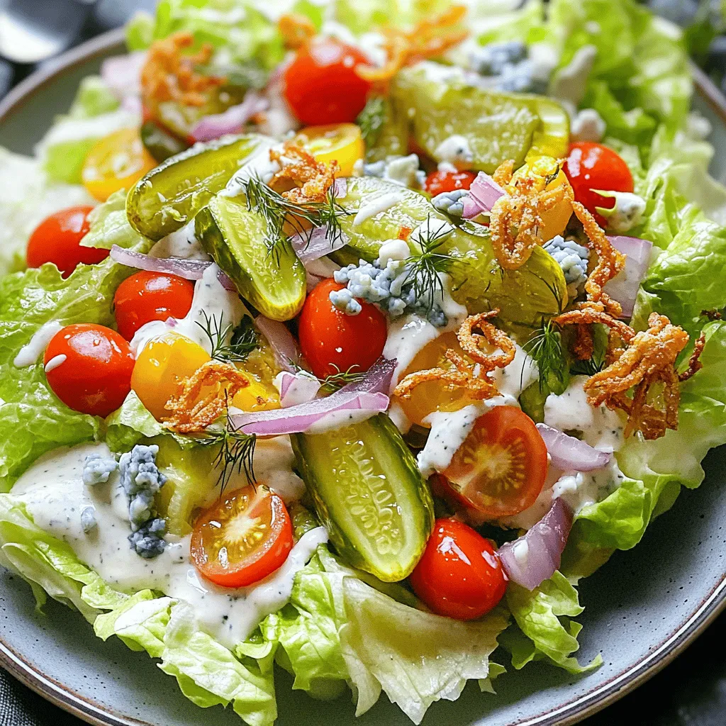 For a great Pickle Ranch Wedge Salad, you need fresh and tasty ingredients. Here’s what you’ll need: - Iceberg lettuce - Dill pickles - Ranch dressing - Cherry tomatoes - Red onion - Blue cheese or feta - Fresh dill - Salt and pepper - Optional toppings Each ingredient plays a big role in making this salad special. The crisp iceberg lettuce forms the base. It offers a cool crunch that you will love. Dill pickles add a tangy kick that pairs well with the creamy ranch dressing. The cherry tomatoes bring a burst of sweetness and color. Sliced red onion gives it a bit of bite, while blue cheese or feta brings richness. Fresh dill enhances the flavor, making every bite delightful. You can also add crispy fried onions on top for extra crunch. This mix of flavors and textures creates a fresh dish you can enjoy anytime. Check out the Full Recipe to get the complete list and instructions. Start with a fresh head of iceberg lettuce. Cut the head into quarters. Each wedge should be thick enough to hold toppings. Place the wedges on a serving plate. This creates a nice presentation for your salad. In a medium bowl, combine the diced dill pickles, halved cherry tomatoes, and sliced red onion. Add crumbled blue cheese for a savory touch. Toss these ingredients gently to mix them well. Drizzle in the ranch dressing and add salt and pepper to taste. Stir everything together until well combined. This mixture brings all the flavors to life. Spoon the pickle and veggie mixture onto each lettuce wedge. Be generous with the toppings! For extra crunch, add crispy fried onions on top. Finish with a sprinkle of fresh dill for color and taste. This final touch makes the salad pop. Enjoy your fresh and flavorful Pickle Ranch Wedge Salad! For the complete recipe, check [Full Recipe]. Start with fresh iceberg lettuce. It should be crisp and green. Look for firm heads with no brown spots. For the pickles, use dill pickles for a tangy kick. Choose ripe cherry tomatoes, bright red and juicy. Thin red onion slices add a crunch and sharp taste. Blue cheese gives a bold flavor, but you can use feta for a milder taste. Don’t forget fresh dill! It adds a nice touch. Taste is key in this salad. Use salt and pepper to enhance the flavors. Start with a pinch of salt. Mix it in well, then taste. Adjust as needed. The ranch dressing adds creaminess and flavor. If you want a bit more zing, add a dash of hot sauce. You can also mix in some garlic powder for extra depth. Make your salad look great on the plate. Place each lettuce wedge on a nice dish. Spoon the pickle and veggie mix on top. Be generous with the toppings. For a crunch, add crispy fried onions. Finally, sprinkle fresh dill on top for color and taste. This salad is not just tasty; it’s a feast for the eyes too! You can find the Full Recipe to guide you through each step. {{image_2}} You can add protein to make the salad more filling. Grilled chicken adds a nice touch. Shrimp or bacon also work well. For a plant-based option, try chickpeas or tofu. Simply chop the protein and mix it in with the other ingredients. While ranch dressing is classic, you can switch it up. Try blue cheese dressing for a bolder flavor. A honey mustard dressing adds sweetness. For a lighter option, use a vinaigrette. Each dressing gives a different taste, so feel free to experiment. Changing ingredients with the seasons keeps the salad fresh. In summer, add fresh corn or avocado. In fall, try roasted pumpkin or apples. Use whatever is in season for great flavor and nutrition. Mixing in seasonal items makes your salad unique each time. To keep your Pickle Ranch Wedge Salad fresh, wrap it well. Use plastic wrap or a sealed container. This will help avoid any wilting. Store the salad in the fridge. It should stay good for up to two days. If you have toppings like crispy onions, store them separately. This keeps them crunchy. When storing, keep the ingredients separate. This helps maintain texture and flavor. The lettuce should stay crisp, and the pickles should stay juicy. To avoid sogginess, only add the dressing when you’re ready to eat. If you know you’ll have leftovers, dress only what you plan to serve. If your salad looks a bit sad after storage, don’t worry! You can revive it. Simply remove the lettuce from the fridge. Let it sit at room temperature for about 10 minutes. This brings back some freshness. If the toppings got soft, consider adding new ones. A sprinkle of fresh dill or some extra pickles can help. For the best taste, eat your salad cold. Just remember to enjoy it quickly after dressing! For the complete recipe, check out the full recipe. A wedge salad is a simple salad that features a big chunk of iceberg lettuce. You cut the lettuce into wedges, which gives it a fun shape. Each wedge gets topped with tasty ingredients, like dressing, cheese, and veggies. This salad is crunchy, fresh, and full of flavor. In my Pickle Ranch Wedge Salad, I add dill pickles and ranch dressing for a zesty twist. It’s a delightful way to enjoy your greens! Yes, you can prepare parts of this salad ahead of time. You can cut the iceberg lettuce and store it in the fridge. Just wrap it in a damp paper towel and put it in a bag. The veggies and dressing can also be mixed earlier. Keep them in separate containers to keep everything fresh. When you are ready to serve, just combine the ingredients and enjoy your salad! If you want to swap ranch dressing, you have options. You can try blue cheese dressing for a stronger flavor. Another choice is Greek yogurt mixed with herbs for a creamy, healthy twist. You could also use vinaigrette for a lighter taste. Each dressing will change the flavor of the salad, so feel free to explore! In this blog post, we explored the fun of making a wedge salad. You learned about the fresh ingredients and how to prepare them step by step. We shared tips for choosing the best items and enhancing flavors. I also covered variations, storage info, and answered common questions. This salad is easy to make and great for any meal. Enjoy creating your wedge salad!