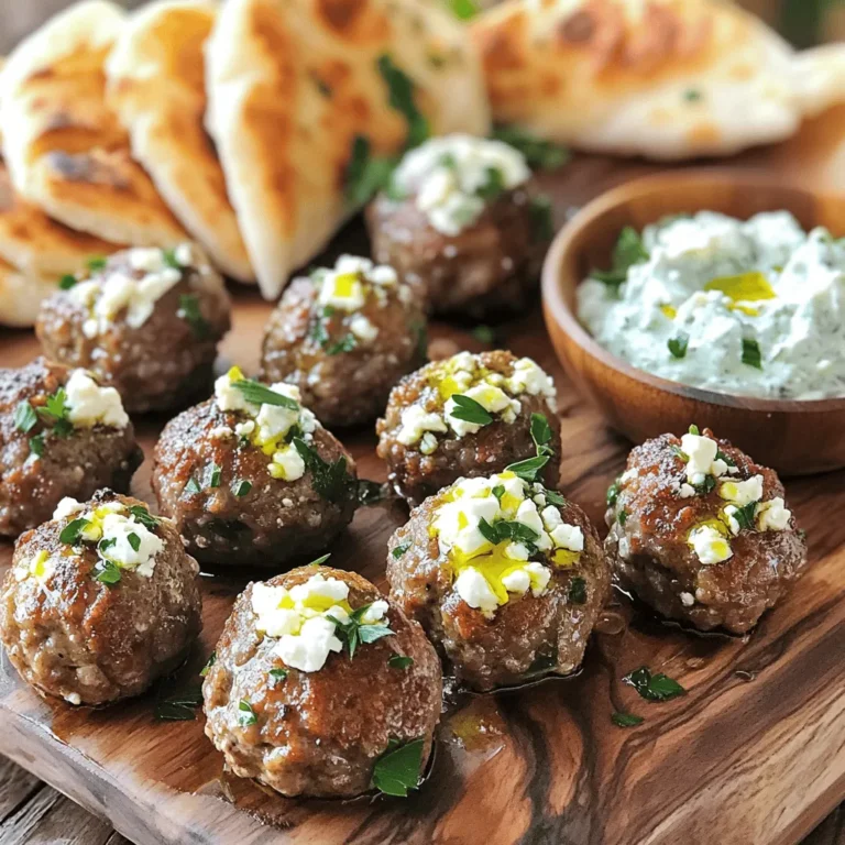 - 1 lb ground beef (or lamb for a more traditional flavor) - 1/2 cup breadcrumbs - 1/4 cup grated Parmesan cheese - 1 large egg - 1/2 cup feta cheese, crumbled - 1/4 cup fresh parsley, finely chopped The main ingredients create a strong base for these meatballs. Ground beef gives a rich taste. Lamb adds a nice twist if you want more flavor. Breadcrumbs help bind the mixture. Parmesan adds a salty depth. Feta cheese gives a creamy surprise in each bite. Fresh parsley brightens the dish with color and flavor. - 2 cloves garlic, minced - 1 teaspoon dried oregano - 1 teaspoon ground cumin - 1/4 teaspoon red pepper flakes (optional for heat) - Salt and black pepper to taste The seasonings make these meatballs truly pop. Garlic adds a warm, aromatic touch. Oregano and cumin bring an earthy note. Red pepper flakes can give a kick if you like heat. Don’t forget the salt and black pepper; they balance all the flavors. - 1/4 cup olive oil (for frying) Olive oil is key for frying the meatballs. It helps them brown nicely and adds healthy fats. Make sure to use enough oil so they do not stick. Salt and black pepper are also important for seasoning the meatballs during cooking. For the full recipe, refer to the instructions above. 1. Start by mixing the ingredients. In a large bowl, combine: - 1 lb ground beef (or lamb for a richer taste) - 1/2 cup breadcrumbs - 1/4 cup grated Parmesan cheese - 1 large egg - 2 cloves garlic, minced - 1 teaspoon dried oregano - 1 teaspoon ground cumin - 1/4 teaspoon red pepper flakes (if you like heat) - Salt and black pepper to taste Mix everything well until it blends smoothly. 2. Next, it’s time to incorporate feta and parsley. Gently fold in: - 1/2 cup crumbled feta cheese - 1/4 cup finely chopped fresh parsley Make sure the feta and parsley are evenly mixed in. This adds a burst of flavor. 1. Preheat your skillet. Set it over medium heat and add: - 1/4 cup olive oil Let the oil heat up to get a nice sear on the meatballs. 2. Now, form and fry the meatballs. With wet hands, shape the meat mixture into balls, about the size of golf balls. Place them in the hot skillet, making sure they have space. Cook the meatballs for about 5-6 minutes. Turn them occasionally until all sides are golden brown. 1. Cover and simmer the meatballs. After browning, reduce the heat to low. Cover the skillet and let them simmer for another 10-12 minutes. This allows them to cook through while keeping them juicy. 2. Ensure they reach the correct temperature. Use a meat thermometer to check. The internal temperature should be 160°F for safe eating. Enjoy the flavor-packed delight of feta stuffed Greek meatballs, following the Full Recipe for a delicious meal! Mixing the meat is key. Use your hands to combine the ingredients. Be gentle so the meat stays tender. Overworking it makes the meat tough. Here’s a simple trick: wet your hands before forming meatballs. This helps shape them without sticking. Want to amp up the taste? Add more herbs like thyme or basil. A pinch of cinnamon can also bring warmth. You can try various spices to find your favorite blend. For dips or sauces, tzatziki is a classic choice. Hummus or a spicy tomato sauce works well too. You can cook these meatballs in a skillet or bake them. Skillet cooking gives a nice brown crust. Heat your oil well before adding meatballs. This helps them brown evenly. If you bake them, use a hot oven for good results. Rotate the tray halfway through cooking for even browning. {{image_2}} You can swap ground beef for ground turkey or chicken. This change offers a lighter option without losing flavor. If you want to go plant-based, use lentils or chickpeas instead of meat. Both options provide great taste while keeping it healthy. While feta cheese shines in this recipe, you can try other cheeses too. Goat cheese adds a tangy twist, while mozzarella offers a milder flavor. Different types of feta, like herbed or aged, can change the taste profile. Experimenting with these cheeses keeps the dish exciting! Feta stuffed Greek meatballs pair well with many sides. A fresh Greek salad brings crunch and color. You can also serve them with rice for a hearty meal. For a fun twist, make wraps or pitas filled with meatballs. Add tzatziki sauce for that extra zing. These variations make your meal feel new every time! To store cooked feta stuffed Greek meatballs, let them cool first. Then, place them in an airtight container. This helps keep them fresh. They can last in the fridge for up to three days. When you want to eat them again, just take them out and enjoy! For freezing, you have two choices: uncooked or cooked meatballs. If you freeze uncooked meatballs, place them on a tray and freeze until solid. Then transfer them to a freezer bag. This way, they won’t stick together. Cooked meatballs can also be frozen. Just let them cool and store them in a container. You can keep both types in the freezer for about three months. When you’re ready to eat, thaw them in the fridge overnight for best results. To reheat meatballs evenly, you can use the oven or a skillet. If using the oven, set it to 350°F. Place meatballs on a baking sheet and heat for about 15 minutes. If you prefer the skillet, add a little olive oil and heat them on medium. This keeps them moist and tasty. Always check that they are warm all the way through before serving. You can pair these meatballs with many sides. Here are some great options: - Greek salad with cucumbers and tomatoes - Tzatziki sauce for dipping - Warm pita bread for a fun wrap - Roasted vegetables for a healthy touch - Rice pilaf for a filling side These sides will bring out the rich flavors of the meatballs. Yes, you can prepare these meatballs ahead of time! Here’s how: - Mix all the ingredients as listed in the Full Recipe. - Form the meatballs but do not cook them yet. - Place the raw meatballs on a tray and freeze them for about two hours. - Once they are firm, transfer them to a freezer bag. - When ready to cook, thaw in the fridge overnight and fry as normal. This saves time and makes meal prep easy. To check if the meatballs are done, use a meat thermometer. The internal temperature should reach 160°F. Here are more tips: - Cut one meatball in half; there should be no pink inside. - The juices should run clear when you cut into them. - If you prefer, you can cook them longer at lower heat to ensure they are fully done without burning. These steps help you serve safe and tasty meatballs. Yes, you can make these meatballs gluten-free. Here’s how: - Use gluten-free breadcrumbs instead of regular ones. - Crushed gluten-free crackers can also work well. - For a grain-free option, use ground oats or almond flour. These swaps will keep the meatballs delicious and safe for gluten-free diets. These Feta Stuffed Greek Meatballs are simple and delicious. You learned about key ingredients, seasonings, and cooking methods. We discussed options for variations and tips for storage. Being flexible with ingredients can make this dish your own. Remember, tracking cooking time is key for tasty meatballs. Use the tips shared to enhance flavor and texture. Enjoy your meatballs with great side dishes or sauces!