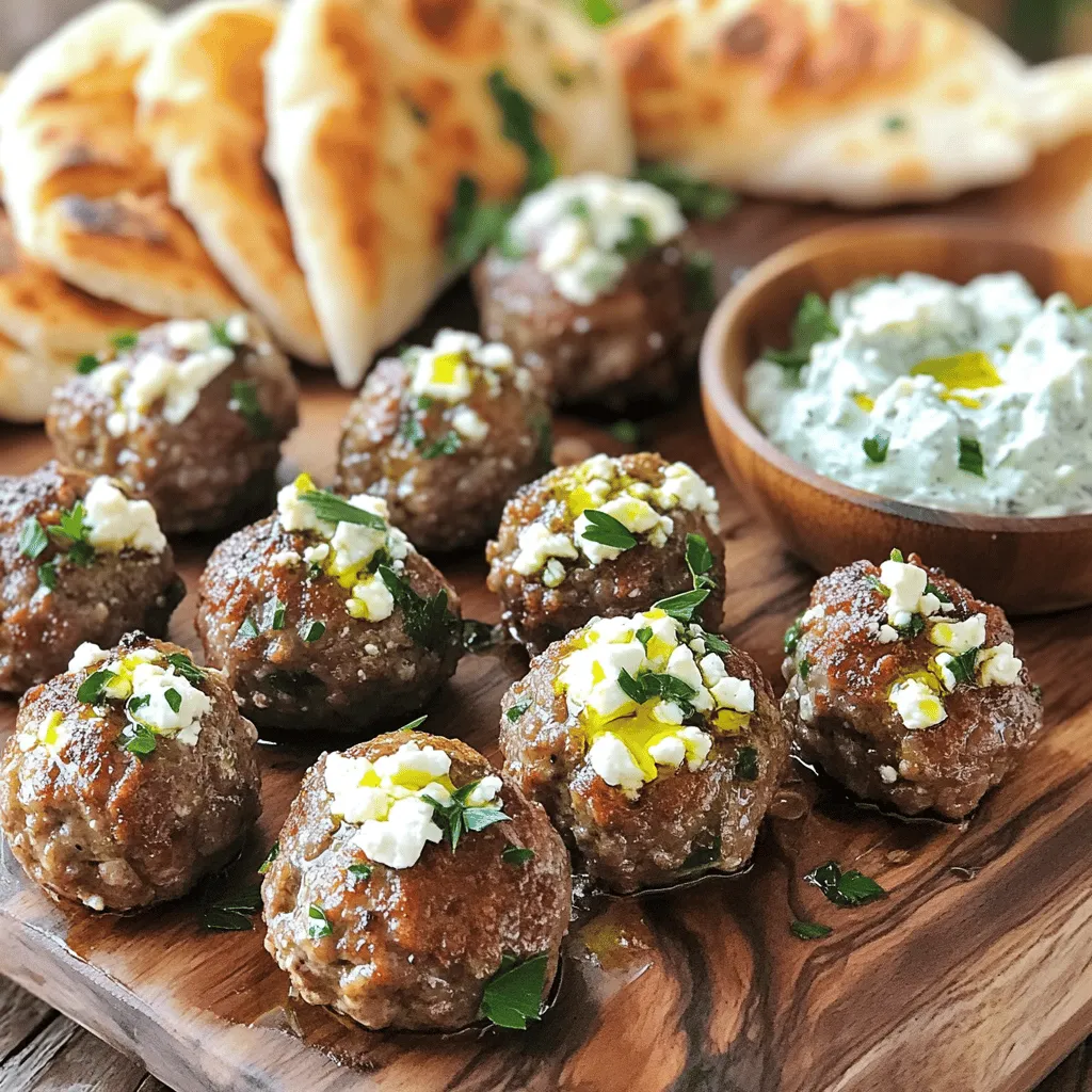 - 1 lb ground beef (or lamb for a more traditional flavor) - 1/2 cup breadcrumbs - 1/4 cup grated Parmesan cheese - 1 large egg - 1/2 cup feta cheese, crumbled - 1/4 cup fresh parsley, finely chopped The main ingredients create a strong base for these meatballs. Ground beef gives a rich taste. Lamb adds a nice twist if you want more flavor. Breadcrumbs help bind the mixture. Parmesan adds a salty depth. Feta cheese gives a creamy surprise in each bite. Fresh parsley brightens the dish with color and flavor. - 2 cloves garlic, minced - 1 teaspoon dried oregano - 1 teaspoon ground cumin - 1/4 teaspoon red pepper flakes (optional for heat) - Salt and black pepper to taste The seasonings make these meatballs truly pop. Garlic adds a warm, aromatic touch. Oregano and cumin bring an earthy note. Red pepper flakes can give a kick if you like heat. Don’t forget the salt and black pepper; they balance all the flavors. - 1/4 cup olive oil (for frying) Olive oil is key for frying the meatballs. It helps them brown nicely and adds healthy fats. Make sure to use enough oil so they do not stick. Salt and black pepper are also important for seasoning the meatballs during cooking. For the full recipe, refer to the instructions above. 1. Start by mixing the ingredients. In a large bowl, combine: - 1 lb ground beef (or lamb for a richer taste) - 1/2 cup breadcrumbs - 1/4 cup grated Parmesan cheese - 1 large egg - 2 cloves garlic, minced - 1 teaspoon dried oregano - 1 teaspoon ground cumin - 1/4 teaspoon red pepper flakes (if you like heat) - Salt and black pepper to taste Mix everything well until it blends smoothly. 2. Next, it’s time to incorporate feta and parsley. Gently fold in: - 1/2 cup crumbled feta cheese - 1/4 cup finely chopped fresh parsley Make sure the feta and parsley are evenly mixed in. This adds a burst of flavor. 1. Preheat your skillet. Set it over medium heat and add: - 1/4 cup olive oil Let the oil heat up to get a nice sear on the meatballs. 2. Now, form and fry the meatballs. With wet hands, shape the meat mixture into balls, about the size of golf balls. Place them in the hot skillet, making sure they have space. Cook the meatballs for about 5-6 minutes. Turn them occasionally until all sides are golden brown. 1. Cover and simmer the meatballs. After browning, reduce the heat to low. Cover the skillet and let them simmer for another 10-12 minutes. This allows them to cook through while keeping them juicy. 2. Ensure they reach the correct temperature. Use a meat thermometer to check. The internal temperature should be 160°F for safe eating. Enjoy the flavor-packed delight of feta stuffed Greek meatballs, following the Full Recipe for a delicious meal! Mixing the meat is key. Use your hands to combine the ingredients. Be gentle so the meat stays tender. Overworking it makes the meat tough. Here’s a simple trick: wet your hands before forming meatballs. This helps shape them without sticking. Want to amp up the taste? Add more herbs like thyme or basil. A pinch of cinnamon can also bring warmth. You can try various spices to find your favorite blend. For dips or sauces, tzatziki is a classic choice. Hummus or a spicy tomato sauce works well too. You can cook these meatballs in a skillet or bake them. Skillet cooking gives a nice brown crust. Heat your oil well before adding meatballs. This helps them brown evenly. If you bake them, use a hot oven for good results. Rotate the tray halfway through cooking for even browning. {{image_2}} You can swap ground beef for ground turkey or chicken. This change offers a lighter option without losing flavor. If you want to go plant-based, use lentils or chickpeas instead of meat. Both options provide great taste while keeping it healthy. While feta cheese shines in this recipe, you can try other cheeses too. Goat cheese adds a tangy twist, while mozzarella offers a milder flavor. Different types of feta, like herbed or aged, can change the taste profile. Experimenting with these cheeses keeps the dish exciting! Feta stuffed Greek meatballs pair well with many sides. A fresh Greek salad brings crunch and color. You can also serve them with rice for a hearty meal. For a fun twist, make wraps or pitas filled with meatballs. Add tzatziki sauce for that extra zing. These variations make your meal feel new every time! To store cooked feta stuffed Greek meatballs, let them cool first. Then, place them in an airtight container. This helps keep them fresh. They can last in the fridge for up to three days. When you want to eat them again, just take them out and enjoy! For freezing, you have two choices: uncooked or cooked meatballs. If you freeze uncooked meatballs, place them on a tray and freeze until solid. Then transfer them to a freezer bag. This way, they won’t stick together. Cooked meatballs can also be frozen. Just let them cool and store them in a container. You can keep both types in the freezer for about three months. When you’re ready to eat, thaw them in the fridge overnight for best results. To reheat meatballs evenly, you can use the oven or a skillet. If using the oven, set it to 350°F. Place meatballs on a baking sheet and heat for about 15 minutes. If you prefer the skillet, add a little olive oil and heat them on medium. This keeps them moist and tasty. Always check that they are warm all the way through before serving. You can pair these meatballs with many sides. Here are some great options: - Greek salad with cucumbers and tomatoes - Tzatziki sauce for dipping - Warm pita bread for a fun wrap - Roasted vegetables for a healthy touch - Rice pilaf for a filling side These sides will bring out the rich flavors of the meatballs. Yes, you can prepare these meatballs ahead of time! Here’s how: - Mix all the ingredients as listed in the Full Recipe. - Form the meatballs but do not cook them yet. - Place the raw meatballs on a tray and freeze them for about two hours. - Once they are firm, transfer them to a freezer bag. - When ready to cook, thaw in the fridge overnight and fry as normal. This saves time and makes meal prep easy. To check if the meatballs are done, use a meat thermometer. The internal temperature should reach 160°F. Here are more tips: - Cut one meatball in half; there should be no pink inside. - The juices should run clear when you cut into them. - If you prefer, you can cook them longer at lower heat to ensure they are fully done without burning. These steps help you serve safe and tasty meatballs. Yes, you can make these meatballs gluten-free. Here’s how: - Use gluten-free breadcrumbs instead of regular ones. - Crushed gluten-free crackers can also work well. - For a grain-free option, use ground oats or almond flour. These swaps will keep the meatballs delicious and safe for gluten-free diets. These Feta Stuffed Greek Meatballs are simple and delicious. You learned about key ingredients, seasonings, and cooking methods. We discussed options for variations and tips for storage. Being flexible with ingredients can make this dish your own. Remember, tracking cooking time is key for tasty meatballs. Use the tips shared to enhance flavor and texture. Enjoy your meatballs with great side dishes or sauces!