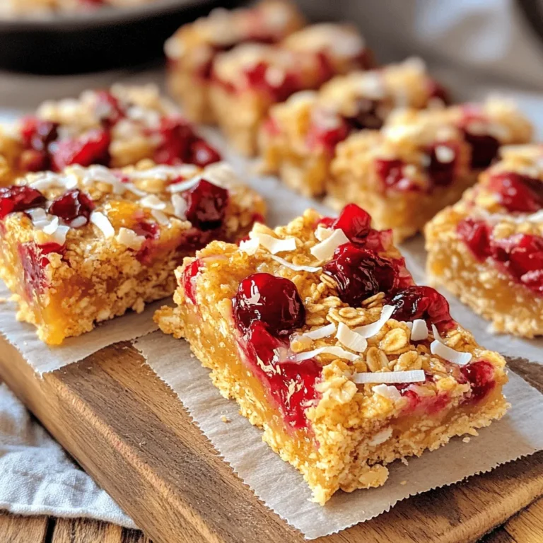 - 1 ½ cups rolled oats - 1 cup pitted cherries, chopped (fresh or frozen) - 1 cup shredded unsweetened coconut - ½ cup almond butter (or any nut butter) - ½ cup honey or maple syrup - 1 teaspoon vanilla extract - ½ teaspoon cinnamon - ½ teaspoon salt - ¼ cup chopped almonds or walnuts (optional) These ingredients form the base of your Cherry Coconut Oat Bars. The oats provide a hearty texture. Cherries add a sweet and tart flavor. Coconut brings a lovely chewiness that contrasts well with the crunch of nuts. Almond butter binds everything together and adds creaminess. Honey or maple syrup sweeten the bars naturally. Using fresh or frozen cherries works well. If you pick fresh cherries, make sure to pit and chop them first. Shredded coconut must be unsweetened to keep the bars healthy. You can swap almond butter for any nut or seed butter you prefer. The vanilla extract and cinnamon add warmth and depth to the flavor. If you want extra crunch, consider adding chopped almonds or walnuts. They give a nice bite and boost the nutrition. Keep in mind that these bars are very flexible. You can adjust ingredients based on what you have at home. For the full recipe, check the earlier section. This mix of ingredients makes the bars tasty and fun to eat. They are perfect for snacks, breakfast, or a sweet treat. - Preheat your oven to 350°F (175°C). - Line an 8x8-inch baking dish with parchment paper. Start by setting your oven. This step is key for even baking. Lining the dish helps you lift the bars out easily later. - Combine rolled oats, chopped cherries, shredded coconut. - Add chopped nuts (optional), cinnamon, and salt. In a large bowl, mix rolled oats, cherries, and coconut. If you like, toss in some nuts for crunch. Sprinkle in cinnamon and salt. Stir well until everything looks even. - Warm almond butter and honey (or maple syrup). - Stir in vanilla extract. In a small bowl, warm almond butter and honey together. A quick zap in the microwave works well. Adding vanilla gives a nice flavor. Mix until it's smooth and creamy. - Pour the wet mixture into the dry mixture. - Mix until sticky and well-combined. Now, pour the warm mixture into the dry bowl. Stir it all together. You want it to be sticky and hold together well. - Transfer the mixture to the baking dish. - Press down firmly and bake for 20-25 minutes. Next, pour the mixture into the lined dish. Press it down firmly with a spatula. This step helps the bars stick together. Bake in your preheated oven for 20 to 25 minutes. Look for golden edges and a set center. - Cool for 10 minutes in baking dish. - Transfer to wire rack before cutting into bars. After baking, let the dish cool for about 10 minutes. Use the parchment paper to lift the bars out. Place them on a wire rack to cool completely before cutting. This step keeps them from getting soggy. For the full recipe, check out the ingredients listed above! To make your Cherry Coconut Oat Bars just right, the mixture needs to be sticky. If it feels dry, add a little more almond butter or honey. After mixing, press down firmly in your baking dish. This step helps the bars bake evenly. Store your bars in an airtight container. This keeps them fresh and tasty. If you stack them, use parchment paper between the layers. This way, they won’t stick together. You can boost the flavor by adding spices like nutmeg or ginger. If you want to switch things up, try swapping almond butter for another nut or seed butter. This simple change can give you new textures and tastes. {{image_2}} You can change up the taste of your Cherry Coconut Oat Bars easily. If you want a new flavor, try these ideas: - Substitute cherries with other fruits like blueberries or raspberries. These fruits add a tart taste and bright color. - Add chocolate chips for a sweet twist. This makes the bars richer and more appealing to kids. If you need to make these bars fit your diet better, here are some options: - Use agave syrup instead of honey for a vegan-friendly option. This swap keeps the sweetness without using animal products. - Replace nuts with seeds like pumpkin or sunflower seeds for a nut-free version. This keeps the crunch while avoiding allergens. Following a gluten-free diet? No problem! You can still enjoy these bars: - Verify that your oats are certified gluten-free. Some oats may have cross-contamination with gluten. - Substitute with gluten-free flour if desired. This can help with the texture while keeping it gluten-free. For more details on the recipe, check out the Full Recipe. Enjoy your tasty treats! To keep your cherry coconut oat bars fresh, store them in a cool, dry place. Use an airtight container to prevent moisture. For longer-lasting bars, place them in the fridge. The cooler temperature helps maintain their taste and texture. If you want to save some bars for later, wrap each one individually in plastic wrap or foil. This protects them from freezer burn. When you want a snack, thaw a bar at room temperature. You can also microwave it for a quick treat. At room temperature, expect your bars to last up to a week. This makes them great for snacks or lunchboxes. If stored in the fridge, they can last up to two weeks. Keeping them cold helps maintain their flavor and freshness. For the full recipe, check out the [Full Recipe]. Yes, just thaw and chop before using. Frozen cherries work well and save time. They add great flavor and texture to the bars. Just make sure to drain any excess liquid after thawing. This way, your bars remain firm and chewy. You can easily make these bars vegan. Just substitute honey with maple syrup or agave syrup. Both options add sweetness without any animal products. They blend well with the other ingredients, keeping the bars tasty and moist. I recommend using rolled oats for this recipe. They provide a better texture and chewiness. Instant oats can make the bars too soft and change how they hold together. Stick to rolled oats for the best results. Aim for a thickness of about 1 to 1.5 inches in the baking dish. This thickness ensures even baking and a nice chewy texture. If they are too thin, they may not hold together well. Keep an eye on the edges as they bake, and look for a golden color. These cherry coconut oat bars are easy to make and delicious. We covered the key ingredients, step-by-step instructions, and various tips for baking. I shared ideas for flavor changes and how to store them well. By using the right techniques, you can enjoy tasty bars that fit your diet. Remember, feel free to get creative with flavors or toppings. With just a few simple steps, you’ll have a snack to love!
