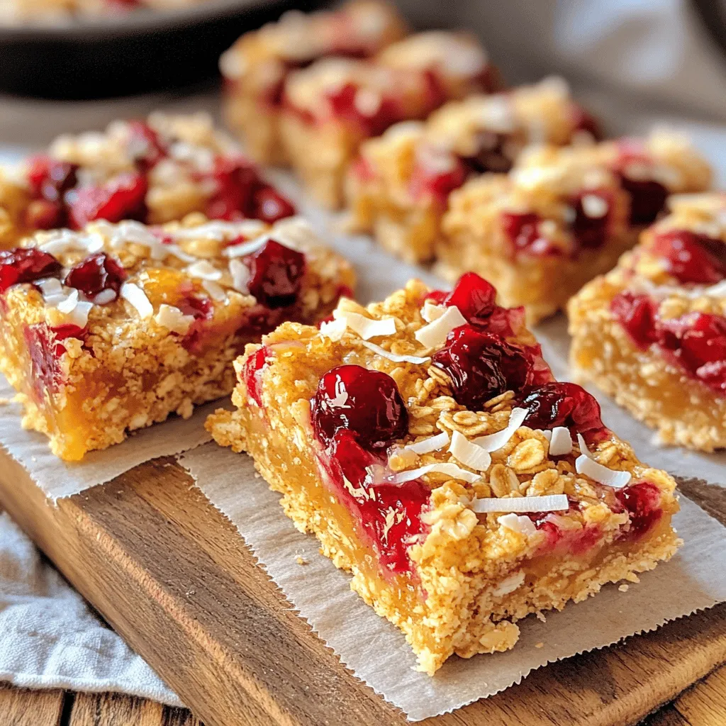 - 1 ½ cups rolled oats - 1 cup pitted cherries, chopped (fresh or frozen) - 1 cup shredded unsweetened coconut - ½ cup almond butter (or any nut butter) - ½ cup honey or maple syrup - 1 teaspoon vanilla extract - ½ teaspoon cinnamon - ½ teaspoon salt - ¼ cup chopped almonds or walnuts (optional) These ingredients form the base of your Cherry Coconut Oat Bars. The oats provide a hearty texture. Cherries add a sweet and tart flavor. Coconut brings a lovely chewiness that contrasts well with the crunch of nuts. Almond butter binds everything together and adds creaminess. Honey or maple syrup sweeten the bars naturally. Using fresh or frozen cherries works well. If you pick fresh cherries, make sure to pit and chop them first. Shredded coconut must be unsweetened to keep the bars healthy. You can swap almond butter for any nut or seed butter you prefer. The vanilla extract and cinnamon add warmth and depth to the flavor. If you want extra crunch, consider adding chopped almonds or walnuts. They give a nice bite and boost the nutrition. Keep in mind that these bars are very flexible. You can adjust ingredients based on what you have at home. For the full recipe, check the earlier section. This mix of ingredients makes the bars tasty and fun to eat. They are perfect for snacks, breakfast, or a sweet treat. - Preheat your oven to 350°F (175°C). - Line an 8x8-inch baking dish with parchment paper. Start by setting your oven. This step is key for even baking. Lining the dish helps you lift the bars out easily later. - Combine rolled oats, chopped cherries, shredded coconut. - Add chopped nuts (optional), cinnamon, and salt. In a large bowl, mix rolled oats, cherries, and coconut. If you like, toss in some nuts for crunch. Sprinkle in cinnamon and salt. Stir well until everything looks even. - Warm almond butter and honey (or maple syrup). - Stir in vanilla extract. In a small bowl, warm almond butter and honey together. A quick zap in the microwave works well. Adding vanilla gives a nice flavor. Mix until it's smooth and creamy. - Pour the wet mixture into the dry mixture. - Mix until sticky and well-combined. Now, pour the warm mixture into the dry bowl. Stir it all together. You want it to be sticky and hold together well. - Transfer the mixture to the baking dish. - Press down firmly and bake for 20-25 minutes. Next, pour the mixture into the lined dish. Press it down firmly with a spatula. This step helps the bars stick together. Bake in your preheated oven for 20 to 25 minutes. Look for golden edges and a set center. - Cool for 10 minutes in baking dish. - Transfer to wire rack before cutting into bars. After baking, let the dish cool for about 10 minutes. Use the parchment paper to lift the bars out. Place them on a wire rack to cool completely before cutting. This step keeps them from getting soggy. For the full recipe, check out the ingredients listed above! To make your Cherry Coconut Oat Bars just right, the mixture needs to be sticky. If it feels dry, add a little more almond butter or honey. After mixing, press down firmly in your baking dish. This step helps the bars bake evenly. Store your bars in an airtight container. This keeps them fresh and tasty. If you stack them, use parchment paper between the layers. This way, they won’t stick together. You can boost the flavor by adding spices like nutmeg or ginger. If you want to switch things up, try swapping almond butter for another nut or seed butter. This simple change can give you new textures and tastes. {{image_2}} You can change up the taste of your Cherry Coconut Oat Bars easily. If you want a new flavor, try these ideas: - Substitute cherries with other fruits like blueberries or raspberries. These fruits add a tart taste and bright color. - Add chocolate chips for a sweet twist. This makes the bars richer and more appealing to kids. If you need to make these bars fit your diet better, here are some options: - Use agave syrup instead of honey for a vegan-friendly option. This swap keeps the sweetness without using animal products. - Replace nuts with seeds like pumpkin or sunflower seeds for a nut-free version. This keeps the crunch while avoiding allergens. Following a gluten-free diet? No problem! You can still enjoy these bars: - Verify that your oats are certified gluten-free. Some oats may have cross-contamination with gluten. - Substitute with gluten-free flour if desired. This can help with the texture while keeping it gluten-free. For more details on the recipe, check out the Full Recipe. Enjoy your tasty treats! To keep your cherry coconut oat bars fresh, store them in a cool, dry place. Use an airtight container to prevent moisture. For longer-lasting bars, place them in the fridge. The cooler temperature helps maintain their taste and texture. If you want to save some bars for later, wrap each one individually in plastic wrap or foil. This protects them from freezer burn. When you want a snack, thaw a bar at room temperature. You can also microwave it for a quick treat. At room temperature, expect your bars to last up to a week. This makes them great for snacks or lunchboxes. If stored in the fridge, they can last up to two weeks. Keeping them cold helps maintain their flavor and freshness. For the full recipe, check out the [Full Recipe]. Yes, just thaw and chop before using. Frozen cherries work well and save time. They add great flavor and texture to the bars. Just make sure to drain any excess liquid after thawing. This way, your bars remain firm and chewy. You can easily make these bars vegan. Just substitute honey with maple syrup or agave syrup. Both options add sweetness without any animal products. They blend well with the other ingredients, keeping the bars tasty and moist. I recommend using rolled oats for this recipe. They provide a better texture and chewiness. Instant oats can make the bars too soft and change how they hold together. Stick to rolled oats for the best results. Aim for a thickness of about 1 to 1.5 inches in the baking dish. This thickness ensures even baking and a nice chewy texture. If they are too thin, they may not hold together well. Keep an eye on the edges as they bake, and look for a golden color. These cherry coconut oat bars are easy to make and delicious. We covered the key ingredients, step-by-step instructions, and various tips for baking. I shared ideas for flavor changes and how to store them well. By using the right techniques, you can enjoy tasty bars that fit your diet. Remember, feel free to get creative with flavors or toppings. With just a few simple steps, you’ll have a snack to love!