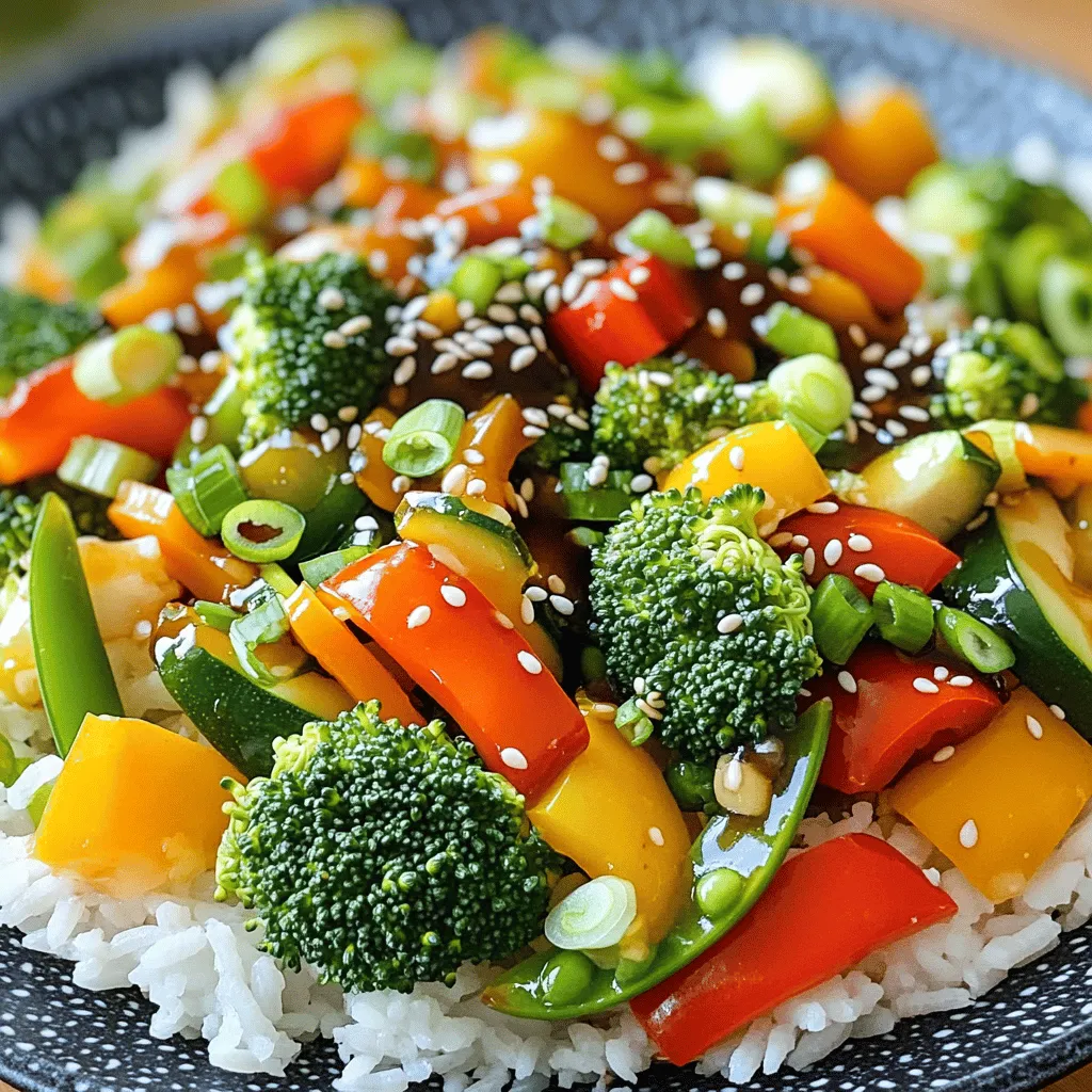 - 1 cup broccoli florets - 1 cup bell peppers (mixed colors), sliced - 1 carrot, julienned - 1 cup snap peas - 1 small zucchini, sliced Fresh veggies make your stir fry colorful and tasty. Broccoli adds a great crunch. Bell peppers add sweetness and color. Carrots bring a nice texture. Snap peas add a fresh snap. Zucchini becomes tender and soft. Using a mix of these vegetables creates a fun dish. - 3 cloves garlic, minced - 1 tablespoon fresh ginger, minced - 3 tablespoons soy sauce (or tamari for gluten-free) - 1 tablespoon sesame oil - 1 teaspoon honey or maple syrup Aromatics like garlic and ginger add depth. They bring a warm flavor that lifts the dish. Soy sauce gives that umami taste. If you need it gluten-free, use tamari. Sesame oil adds richness and a nutty flavor. Honey or maple syrup balances the saltiness with sweetness. - Sesame seeds, for garnish - 2 green onions, chopped, for garnish - Cooked rice or quinoa, for serving Garnishes make your dish pop. Sprinkle sesame seeds on top for crunch. Green onions add a fresh taste. Serve your stir fry over cooked rice or quinoa. This pairing makes a filling meal. For details, check the Full Recipe. Start by washing all the veggies. Use cold water to remove dirt. After washing, chop them as listed in the ingredients. - 1 cup broccoli florets - 1 cup bell peppers (mixed colors), sliced - 1 carrot, julienned - 1 cup snap peas - 1 small zucchini, sliced Cut each type of vegetable to the same size. This helps them cook evenly. If some pieces are bigger, they will take longer to cook. Uniform size brings out the best flavor and texture. Heat a large non-stick skillet or wok over medium-high heat. Add 1 tablespoon of sesame oil. Wait until the oil shimmers but does not smoke. Next, add minced garlic and ginger. Stir-fry them for about 30 seconds. This step makes your kitchen smell amazing. Be careful not to burn the garlic and ginger, or the taste will turn bitter. Now it's time to add the vegetables. Start with the broccoli, bell peppers, and carrots. Stir-fry these for about 3-4 minutes. They should begin to soften. Then, add snap peas and zucchini. Cook for an additional 2-3 minutes, stirring often. In a small bowl, mix soy sauce and honey (or maple syrup) together. Pour this sauce over the veggies and toss to coat. Cook for another 2-3 minutes. This lets the sauce thicken slightly, making everything tasty. Taste your stir fry. Adjust the seasoning if needed. You might want more soy sauce or honey for flavor. Finally, serve the stir fry over cooked rice or quinoa. Don’t forget to sprinkle sesame seeds and chopped green onions on top for a fun finish. For the full recipe, check the ingredients and steps listed above. Enjoy your vibrant veggie stir fry! When making a veggie stir fry, medium-high heat is key. This heat cooks the veggies fast, keeping them crisp. A hot pan helps lock in flavors. It also helps maintain bright colors. To stir-fry evenly, add vegetables in stages. Start with the ones that take longer to cook, like broccoli and carrots. Add quicker-cooking veggies, like snap peas and zucchini, later. This way, everything cooks just right. Prep your veggies ahead of time. Chop them the day before and store them in the fridge. This makes cooking faster and easier. Frozen veggies are another great option. They are often pre-washed and chopped. Just toss them in the pan when you’re ready to cook. This can cut your prep time in half. Don’t be afraid to play with flavors! Try different spices, like chili flakes or five-spice powder. You can also mix up the sauces. A splash of rice vinegar or lime juice can add a nice zing. Adjust sweetness and saltiness to your taste. If you like it sweeter, add more honey or maple syrup. For salty flavors, a bit more soy sauce works well. Just remember to taste as you go. For the full recipe, check out the vibrant veggie stir fry section. {{image_2}} You can switch up the veggies based on the season. In summer, use fresh zucchini and bell peppers. In fall, consider adding squash or sweet potatoes. You can also mix in leafy greens like spinach or kale. They cook quickly and add great color. To create your own veggie mix, think about your favorites. Carrots, green beans, and mushrooms are all great options. Just remember to cut them all the same size. This helps them cook evenly. Tofu or tempeh are excellent protein choices for your stir fry. Tofu absorbs flavors well and adds a nice texture. Tempeh has a nutty taste that pairs well with sauces. You can cube them and add them at the start of cooking. Adding nuts or seeds brings a lovely crunch. Try cashews or sesame seeds. They add flavor and make your meal more filling. Just sprinkle them on top before serving. You can make homemade stir fry sauces to match your taste. A simple mix of soy sauce, garlic, and lime juice works well. Or try adding peanut butter for a richer flavor. If you need gluten-free options, use tamari instead of soy sauce. For lower sodium, look for low-sodium soy sauce. You can also skip the honey and use agave syrup for sweetness. To store leftovers from your veggie stir fry, use an airtight container. This keeps the flavors fresh and reduces spoilage. Place the stir fry in the fridge within two hours of cooking. This way, it stays safe to eat later. To keep veggies fresh, store them whole until you're ready to cook. Wash and chop only what you need. Use a damp paper towel to wrap greens like broccoli and zucchini. This keeps them crisp and moist for longer. To freeze your stir fry, let it cool completely. Then, place it in a freezer-safe bag. Remove as much air as possible to prevent freezer burn. Label the bag with the date and use it within three months for best quality. When ready to eat, thaw the stir fry in the fridge overnight. To reheat, use a skillet over medium heat. Add a splash of water or soy sauce to help it heat evenly. Stir until it’s warm, and enjoy! In the fridge, your veggie stir fry lasts about 3 to 4 days. Check it for signs of spoilage, like a sour smell or slimy texture. If you see any mold or off-color spots, it’s best to toss it out. Always trust your senses when it comes to food safety. You can use many veggies for stir fry. I love broccoli, bell peppers, carrots, snap peas, and zucchini. These vegetables add color and crunch. - For beginners, start with: - Broccoli florets - Bell peppers (mixed colors) - Carrots, sliced thin - Snap peas, whole - Zucchini, sliced thin - Cooking times vary: - Broccoli: 3-4 minutes - Bell peppers: 3-4 minutes - Carrots: 3-4 minutes - Snap peas: 2-3 minutes - Zucchini: 2-3 minutes Cook the firmer vegetables first, then add the softer ones. This way, all veggies cook evenly. Yes, you can make this stir fry vegan. Just skip any animal products. - To avoid animal products: - Use soy sauce or tamari instead of oyster sauce. - Choose maple syrup over honey for sweetness. - Alternative ingredients: - Try tofu for protein. - Use more veggies like mushrooms or eggplant. These swaps keep the dish tasty and plant-based. Adjusting the recipe is easy. You can halve or quarter the ingredient amounts. - For halving: - Use ½ cup broccoli - Use ½ cup bell peppers - Use ½ carrot - Adjust all ingredients similarly. - For cooking time: - Keep the same cooking times, but check for doneness sooner. - Stir often to ensure even cooking. This way, you can make the perfect amount for your needs. In this post, we explored stir fry essentials, from choosing the right veggies to cooking tips. You learned how to prep your ingredients for the best taste and texture. I shared methods to add flavor and variations to make your dish unique. Proper storage advice helps keep your leftovers fresh. With these steps, you can create meals that are fun and easy. Remember, cooking should be enjoyable, and experimenting with flavors can lead to great discoveries. Enjoy your stir fry adventures!