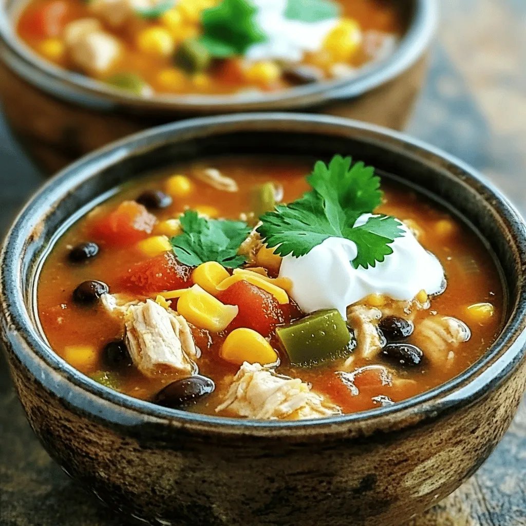 For a tasty chicken taco soup, gather these items: - 1 lb boneless, skinless chicken breasts, diced - 1 can (15 oz) black beans, rinsed and drained - 1 can (15 oz) corn, drained - 1 can (10 oz) diced tomatoes with green chilies - 1 onion, chopped - 2 cloves garlic, minced - 1 bell pepper (any color), chopped - 1 packet taco seasoning - 4 cups chicken broth - 1 tablespoon olive oil - Salt and pepper to taste - Fresh cilantro, for garnish - Sour cream and shredded cheese, for serving If you cannot find an item, don’t worry! You can use: - Ground chicken or turkey instead of diced chicken. - Any canned beans like kidney or pinto beans. - Fresh corn if you prefer over canned corn. - Add lime juice for a fresh kick. These swaps will still keep your soup yummy. This recipe can fit many diets: - Gluten-Free: Use a gluten-free taco seasoning. - Low-Carb: Swap the corn for zucchini or cauliflower. - Dairy-Free: Skip the sour cream and cheese or use plant-based options. With these tips, you can enjoy this soup no matter your diet! This chicken taco soup is easy to make and so tasty! Start by heating one tablespoon of olive oil in a large pot over medium heat. Add one chopped onion and one chopped bell pepper. Cook these for about 3-4 minutes until they soften. Next, stir in two minced garlic cloves and cook for one more minute. This adds a nice flavor. Now, push the veggies to one side of the pot. In the center, add one pound of diced chicken breasts. Cook the chicken for about 5-6 minutes until it gets a nice brown color. After that, sprinkle one packet of taco seasoning over the chicken. Mix everything well to combine the flavors. Pour in four cups of chicken broth. Then, add one can of black beans, one can of corn, and one can of diced tomatoes with green chilies. Make sure to stir all the ingredients together. Bring the soup to a boil, then lower the heat. Let it simmer for 20-25 minutes. This simmering time helps the flavors mix well. Don’t forget to taste the soup! Adjust the seasoning with salt and pepper to make it perfect for you. For this dish, the total cooking time is about 35 minutes. The prep time is just 10 minutes. Be sure to keep the heat at medium when sautéing the vegetables. This keeps them from burning. When you bring the soup to a boil, watch it closely. Once boiling, lower the heat to let it simmer gently. This helps keep the chicken tender and juicy. When serving, ladle the soup into bowls. Top each bowl with a dollop of sour cream and a sprinkle of shredded cheese. Add a few leaves of fresh cilantro for a pop of color. This not only makes the dish look nice but also adds fresh flavor. Enjoy your chicken taco soup with tortilla chips or crusty bread for a complete meal. For the full recipe, you can refer back to the beginning of this guide. To make the best chicken taco soup, start with fresh ingredients. Use good quality chicken for flavor. I recommend boneless, skinless chicken breasts. Dice them into small pieces for even cooking. Sauté your veggies well. This builds a rich base for your soup. Cook your onions and bell pepper until soft. This takes about 3-4 minutes. Don’t skip the garlic. It adds great taste. Avoid overcooking the chicken. It can turn dry and tough. Cook it just until browned on all sides. Another mistake is not seasoning enough. Always taste your soup before serving. Adjust the salt and pepper to your liking. Lastly, don’t forget to stir in the taco seasoning. This gives your soup that signature flavor. You can boost the flavor of your chicken taco soup in many ways. Add a squeeze of lime juice for brightness. Fresh cilantro adds a nice touch, too. If you like heat, toss in some sliced jalapeños. For extra creaminess, add a dollop of sour cream. Consider using homemade chicken broth for a deeper taste. These tips will elevate your soup from good to great. For the complete recipe, check the [Full Recipe]. {{image_2}} You can make a vegetarian version of chicken taco soup. Replace chicken with diced tofu or jackfruit. Tofu gives protein and has a nice texture. Jackfruit adds a unique flavor with a meaty feel. Use vegetable broth instead of chicken broth for a vegan option. For beans, you can use kidney beans or pinto beans, too. Add spices to boost flavor. Try cumin, smoked paprika, or chili powder. These spices add warmth and depth. You can also mix in fresh jalapeños for heat. Top your soup with avocado, lime wedges, or diced radishes. A sprinkle of cheese or crispy tortilla strips makes it even better. You can use a slow cooker for easy cooking. Just add all ingredients to the pot. Set it on low for 6-8 hours or high for 3-4 hours. For a quick meal, the Instant Pot is great. Cook on high pressure for about 10 minutes, then let it release naturally. Both methods give you a rich and tasty soup. For the full recipe, check out the complete guide. After you enjoy your Chicken Taco Soup, let it cool first. Use a clean, airtight container to store it. This helps keep the soup fresh. Place it in the fridge if you plan to eat it soon. It will last for about 3 to 4 days. Make sure to label the container with the date. If you want to save it for later, freezing is a great choice. Pour the cooled soup into freezer-safe bags or containers. Leave some space at the top, as soup expands when frozen. Seal the bags tightly to prevent air from getting in. You can freeze the soup for up to 3 months. Remember to label it with the date. To reheat, you can use the stove or microwave. If using the stove, pour the soup into a pot. Heat it over medium heat, stirring often. This helps it heat evenly. If using the microwave, place your soup in a microwave-safe bowl. Cover it loosely and heat for 2-3 minutes. Stir halfway through to ensure even warming. Always check the temperature before eating, and enjoy your delicious Chicken Taco Soup again! For the full recipe, check the section above. Chicken taco soup is a warm, tasty dish. It mixes chicken, beans, corn, and spices. You can make it in one pot, which makes cleanup easy. The flavors are bold and remind you of tacos but in soup form. It’s perfect for cold days or quick dinners. To thicken chicken taco soup, you have a few options. You can add a cornstarch slurry. Just mix equal parts cornstarch and water, then stir it in. Another way is to let the soup simmer longer. This reduces liquid and thickens the soup naturally. You can also mash some beans in the soup for a creamier texture. Yes, you can make chicken taco soup in advance. It tastes even better the next day as flavors blend. Just let it cool before storing in the fridge. Use an airtight container for best results. Reheat it on the stove or in the microwave when ready to serve. You can serve chicken taco soup with many tasty sides. Try tortilla chips for crunch. Cornbread is another great choice; it pairs well with the soup. You can also add a simple salad or some avocado slices. For a fun twist, offer toppings like sour cream and cheese. This blog post covered everything you need for Chicken Taco Soup. We shared the full ingredient list, tips for substitutions, and dietary options. You learned how to cook it step by step and serve it well. We discussed common mistakes and how to enhance the flavor. You also got ideas for variations and how to store leftovers. Enjoy this easy, tasty soup any night of the week. Now, get cooking!