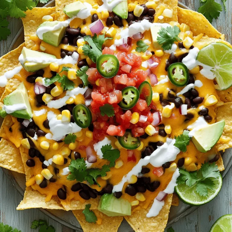 To make loaded veggie nachos, gather these tasty ingredients: - 1 bag of tortilla chips - 1 cup black beans, rinsed and drained - 1 cup corn (fresh or canned) - 1 large ripe avocado, diced - 1 large tomato, diced - 1 small red onion, finely chopped - 1 jalapeño, sliced (optional for spice) - 1 cup shredded cheddar cheese (or a dairy-free alternative) - 1 cup salsa - 1/2 cup sour cream (or yogurt for a lighter option) - Fresh cilantro, for garnish - Lime wedges, for serving - Salt and pepper to taste You can switch out some ingredients for a different taste. Here are some ideas: - Use tortilla strips instead of chips for a crunchier base. - Swap black beans for pinto beans or chickpeas for a twist. - Try grilled peppers or zucchini instead of corn for extra veggies. - Replace cheddar cheese with pepper jack for a spicy kick. - Use guacamole instead of diced avocado for creaminess. Using fresh, high-quality ingredients makes a big difference. Here are some tips: - Choose ripe avocados; they should be slightly soft. - Look for firm, bright tomatoes for the best flavor. - Use fresh herbs like cilantro for a bright taste. - Buy organic beans and corn for fewer chemicals. - Check the labels for low-sodium options. I encourage you to check out the Full Recipe for more details on making this fun dish! First, gather all your ingredients. You will need tortilla chips, black beans, corn, avocado, tomato, red onion, jalapeño, cheese, salsa, sour cream, cilantro, lime, salt, and pepper. 1. Preheat your oven to 375°F (190°C). This step helps melt the cheese well. 2. On a large baking sheet, spread out the tortilla chips evenly. Make sure they overlap as little as possible. 3. Add the black beans and corn on top of the chips. This makes a good base for your nachos. 4. Next, sprinkle the diced tomato, chopped red onion, and sliced jalapeño over the chips. If you like heat, add more jalapeño. 5. Finally, top it all with diced avocado and shredded cheese. The cheese is key for that gooey texture. Now it’s time to bake! 1. Place the baking sheet in the oven. Bake for about 10-12 minutes. You want the cheese to melt and bubble. 2. Keep an eye on them to avoid burning. Every oven is a little different. Once the cheese is melted, remove the nachos from the oven. Serving nachos is all about presentation. 1. Drizzle salsa over the top. This adds moisture and flavor. 2. Add dollops of sour cream for creaminess. A lighter yogurt is a great option, too. 3. Garnish with fresh cilantro. This gives a nice pop of color and flavor. 4. Season with salt and pepper to taste. You may want to serve lime wedges on the side for a zesty kick. For the full recipe, check out the detailed instructions above. Enjoy your loaded veggie nachos! To make the best loaded veggie nachos, follow a few simple steps. First, use fresh ingredients. Fresh veggies always taste better. Layer your toppings well. Start with chips, then beans, and finish with cheese. This helps the cheese melt evenly. Bake until the cheese is bubbly. Remove them fast to keep the chips crispy. Lastly, serve them hot for the best flavor. Many people make common mistakes with nachos. One big mistake is using too many toppings. This can make your nachos soggy. Another mistake is not heating the chips first. Cold chips don’t hold toppings well. Also, don’t forget to season your veggies. A pinch of salt will enhance their flavor. Lastly, avoid leaving nachos in the oven too long. You want melted cheese, not burnt chips. Want to take your nachos up a notch? Try adding some fun toppings. Fresh cilantro gives a nice herby taste. Squeeze fresh lime juice for a tangy kick. You can also mix in different cheeses. A smoky cheese adds depth to your dish. For heat, add more jalapeños or a spicy salsa. You can even top with pickled onions for a zesty touch. For the full recipe, check out the Loaded Veggie Nachos details above. {{image_2}} If you want a vegan twist, skip the cheese and sour cream. Use a dairy-free cheese alternative. You can also replace sour cream with cashew cream or non-dairy yogurt. These swaps keep the nachos creamy and delicious. Feel free to mix up the toppings! Here are some fun ideas: - Add sliced olives for a briny flavor. - Try roasted red peppers for a sweet twist. - Use pickled jalapeños for extra zing. - Sprinkle some green onions for freshness. - Toss in some fresh spinach for added nutrition. These toppings make your nachos unique every time! To adjust the heat, you can add more or less jalapeño. If you like it spicy, try using a hot salsa. For a milder taste, remove the seeds from the jalapeño. You can also add a dash of hot sauce before serving. Adjust these elements to fit your taste. Enjoy the heat your way! Storing leftover nachos is easy. First, let them cool. Then, place them in an airtight container. Make sure to cover them tightly. This helps keep them fresh. You can store them in the fridge for up to three days. Avoid stacking them too high to prevent sogginess. To reheat your nachos, use an oven or toaster oven. Preheat it to 350°F (175°C). Spread the nachos on a baking sheet. Heat for about 10 minutes. This will help them get crispy again. You can also use a microwave, but they will be softer. Heat in short bursts to avoid overheating. You can freeze nachos, but it is not the best method. The chips may lose their crunch. If you choose to freeze, place the nachos in a freezer-safe bag. Remove as much air as possible. They can last for one month. When ready to eat, thaw them in the fridge overnight and reheat. For more details on making this dish, check the Full Recipe. The best toppings add flavor and color. You can use: - Fresh jalapeños for heat - Sliced black olives for richness - Chopped green onions for crunch - Diced bell peppers for sweetness These toppings create a fun mix. They make each bite exciting! You can prep some parts ahead. Chop veggies and store them in the fridge. Do not bake the nachos until you are ready to eat. This keeps them crisp. Baking fresh nachos makes them taste great! To make nachos crispy, follow these tips: - Spread chips in a single layer - Bake them briefly before adding toppings - Use less cheese to avoid sogginess These steps help keep your nachos crunchy and delicious. Shredded cheddar cheese is a classic choice. It melts well and adds a nice flavor. You can also try pepper jack for a spicy kick. For a dairy-free option, use a plant-based cheese. To make nachos more filling, add protein-rich toppings like: - Black beans - Grilled chicken or beef - Quinoa for a twist These ingredients add substance and make nachos a complete meal. Yes, you can! Just use a grill-safe pan. Spread the chips and toppings. Grill on medium heat until the cheese melts. This adds a smoky flavor that is hard to beat! Store leftover nachos in an airtight container. Keep them in the fridge for up to two days. Reheat them in the oven for best results. This keeps them crispy, unlike the microwave. Yes, you can! Try pita chips, corn chips, or sweet potato chips. Each type adds a unique flavor. Experiment to find your favorite! The ideal serving size is about 1.5 to 2 cups per person. This amount allows everyone to enjoy without wasting food. Adjust based on your guests' appetite! You can find the full recipe for loaded veggie nachos in this article. Enjoy making this tasty dish! In this blog post, we explored the world of loaded veggie nachos. We covered essential ingredients, effective preparation steps, and baking techniques. I shared tips for perfecting your nachos and noted common mistakes to avoid. You can customize with various toppings or dietary options. Plus, I provided storage methods and answered frequently asked questions. With these insights, you can make delicious nachos that impress everyone. Enjoy creating your own tasty masterpiece!