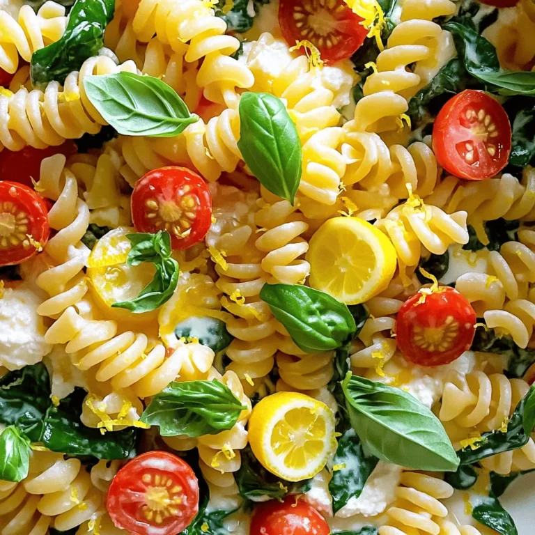 - 12 oz (340 g) pasta (fusilli or penne recommended) - 2 tablespoons olive oil - 3 cloves garlic, minced - 4 cups vegetable broth - 1 cup ricotta cheese - Zest of 1 lemon - Juice of 1 lemon - 1 cup cherry tomatoes, halved - 1 cup fresh spinach - 1/2 cup grated Parmesan cheese (optional) - Salt and pepper to taste - Fresh basil leaves for garnish Using the right ingredients is key. I love using fusilli or penne pasta because they hold the sauce well. Olive oil adds richness, while garlic gives a nice kick. Vegetable broth adds flavor without being heavy. Ricotta cheese makes the dish creamy, while lemon zest and juice brighten everything up. Cherry tomatoes add sweetness and color, and spinach brings freshness. You can skip the Parmesan if you want a lighter dish, but it does add depth. A pinch of salt and pepper enhances all the flavors. Don't forget fresh basil for a lovely touch! - Large pot - Wooden spoon - Measuring cups and spoons - Knife and cutting board Having the right tools makes cooking easier. A large pot is best for this dish since it holds all the ingredients. A wooden spoon helps mix everything without scratching your pot. Measuring cups and spoons ensure you get the right amounts, and a good knife with a cutting board makes chopping easy. With these ingredients and tools, you're all set to make One-Pot Lemon Ricotta Pasta. Check out the Full Recipe for detailed steps! - Sauté garlic in olive oil - Add pasta and vegetable broth Start by taking a large pot. Heat 2 tablespoons of olive oil over medium heat. Add 3 minced garlic cloves. Sauté them for about 1-2 minutes. You want them fragrant but not browned. Next, add 12 ounces of your favorite pasta, like fusilli or penne. Pour in 4 cups of vegetable broth. Stir well to make sure the pasta is fully submerged. - Bring to boil and simmer - Mix in ricotta cheese, lemon zest, and juice Now, bring the pot to a boil. Once boiling, reduce the heat to low and cover. Let it simmer for about 10-12 minutes. Stir occasionally to prevent sticking. When the pasta is al dente, remove the pot from heat. Stir in 1 cup of ricotta cheese, the zest of 1 lemon, and the juice of 1 lemon. Mix until it becomes creamy and smooth. - Incorporate cherry tomatoes and spinach - Season and serve Now, add 1 cup of halved cherry tomatoes and 1 cup of fresh spinach. Gently fold them in and let them heat for 2-3 minutes. Season with salt and pepper to taste. If you like, stir in 1/2 cup of grated Parmesan cheese for extra creaminess. Serve the pasta hot, garnished with fresh basil leaves. You can find the Full Recipe for more details. Choosing the right pasta type is key. Fusilli or penne works best here. They hold the sauce well and cook evenly. The water-to-pasta ratio is also important. Use enough broth so the pasta cooks fully without drying out. A good rule is four cups of broth for every 12 oz of pasta. You can add herbs and spices to boost flavor. Fresh basil is a must for this dish. It gives a bright taste. You can also add a pinch of red pepper flakes for some heat. Adjust the lemon intensity to your liking. If you prefer a stronger lemon flavor, add more zest and juice. Taste as you go to find the perfect balance. Pair this pasta with a fresh salad or crusty bread. A side salad made of mixed greens works well. It adds crunch and freshness. For presentation, serve the pasta in bowls, topped with extra lemon zest and a sprinkle of fresh basil. A drizzle of olive oil on top can enhance the dish's look and flavor. Enjoy your meal! {{image_2}} You can change the cheese in this dish. Feta or goat cheese works well. These cheeses add a tangy flavor. You can also add vegetables for more color and taste. Asparagus or peas are great choices. They give a nice crunch and pair well with lemon. If you need gluten-free pasta, that is easy. Just swap regular pasta for gluten-free options. Look for corn or rice pasta. You can also make this dish vegan. Use plant-based ricotta or cashew cream instead. This way, you keep the creaminess without dairy. Changing the vegetables with the seasons is fun. In spring, add fresh peas or fava beans. In summer, toss in zucchini or bell peppers. For fall, try butternut squash or mushrooms. Each season brings new flavors. Adjusting the lemon flavor also helps. Use less lemon in the winter for warmth. In summer, a bit more lemon brightens the dish. To keep your leftover One-Pot Lemon Ricotta Pasta fresh, store it in the fridge. Use an airtight container to prevent drying out. Let the pasta cool down before sealing. This helps keep the flavors intact. Reheat your pasta on the stove for the best results. Add a splash of vegetable broth or water to keep it moist. Stir gently over low heat until warm. You can also use the microwave, but cover it to trap steam. This helps avoid dryness when reheating. Yes, you can freeze One-Pot Lemon Ricotta Pasta! For best results, let it cool completely first. Then, portion it into freezer-safe bags or containers. Remove as much air as possible. Label them with the date and use within three months for best quality. Yes, you can use other cheeses. Feta or goat cheese work well. They add a nice tangy flavor. You can also try cream cheese for a smooth texture. Just remember, each cheese will change the taste a bit. If you want a creamy texture without ricotta, use cream cheese. You can also blend silken tofu. This gives a smooth feel without the dairy. For a lighter option, try using cashew cream. Just soak cashews in water, then blend until smooth. Yes, you can make a vegan version! Swap ricotta for blended silken tofu or cashew cream. Use vegetable broth for cooking the pasta. Add fresh veggies like spinach and tomatoes for color and flavor. This way, you keep it tasty and plant-based. You now know how to make a quick and tasty One-Pot Lemon Ricotta Pasta. From gathering simple ingredients to cooking it in one pot, this dish is easy. Use different cheeses or veggies to make it your own. Remember to follow storage tips so you can enjoy leftovers. Cooking should be fun and stress-free. With this guide, you can prepare a meal that not only tastes great but also brings joy. Enjoy your cooking adventure!