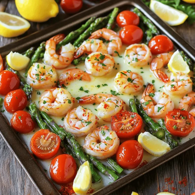 - 1 lb large shrimp, peeled and deveined - 4 tablespoons unsalted butter, melted - 4 cloves garlic, minced - 1 teaspoon paprika - 1 teaspoon chili flakes (adjust to taste) - Salt and pepper to taste - 1 cup cherry tomatoes, halved - 1 cup asparagus, trimmed and cut into 2-inch pieces - 2 tablespoons fresh parsley, chopped (for garnish) - Lemon wedges, for serving You will need these ingredients to make the dish shine. The shrimp adds protein and texture, while the butter and garlic create a rich, savory base. The spices bring warmth and a little kick, which I love. The cherry tomatoes and asparagus add color and freshness. They also make the dish look beautiful. Don't forget the lemon wedges! They brighten the flavors and make each bite even better. Check the [Full Recipe] for how to put this all together! - Preheat your oven to 400°F (200°C). - In a mixing bowl, combine melted butter, minced garlic, paprika, chili flakes, salt, and pepper. This mix will give your shrimp a rich, savory flavor. - Add shrimp, cherry tomatoes, and asparagus to a large bowl. The bright colors will make your dish pop! - Pour the garlic butter mixture over the ingredients and toss to coat evenly. Make sure all the shrimp and veggies are well covered. - Spread the shrimp and vegetable mixture on a large sheet pan in a single layer. This helps everything cook evenly. - Bake for approximately 10-12 minutes until shrimp are pink and cooked through. Keep an eye on them so they don’t overcook. This recipe is quick and delicious. You can find the Full Recipe for more details! - Adjust chili flakes to your spice preference. - For more flavor, let the garlic butter mix sit for a few minutes. - Spread ingredients in a single layer on the sheet pan. This helps them cook evenly. - Watch the cooking time closely. Overcooked shrimp can become rubbery. - Garnish with fresh parsley before serving. It adds color and taste. - Serve with lemon wedges. Squeezing lemon over the shrimp brightens the dish. These tips will help you create a fantastic meal with ease. For the complete recipe, check out the [Full Recipe]. Enjoy your cooking! {{image_2}} You can easily switch ingredients to suit your taste. Replace shrimp with chicken or tofu for a different protein. This change works well and keeps the dish tasty. Try using seasonal vegetables like bell peppers or zucchini. They add color and flavor to your meal. Want to boost the flavor? Add a splash of white wine to the garlic butter mix. This small change gives a nice depth to the dish. You can also try different herbs like basil or thyme. These herbs can make the dish feel fresh and vibrant. Make your meal more filling by serving it over rice, quinoa, or pasta. Each option pairs well and adds a nice base. You can also enjoy this dish with a fresh garden salad. The crisp greens balance the rich garlic butter shrimp perfectly. Check out the Full Recipe for all the details! Store any leftovers in an airtight container in the refrigerator. This keeps the shrimp fresh for a few days. Make sure the container is sealed well to prevent any odors from your fridge affecting the shrimp. Reheat in the oven at 350°F (175°C) until heated through. This method helps keep the shrimp tender. You can also microwave in small increments. Stir in between to maintain texture and prevent overcooking. You can freeze portions for future meals. Ensure to use freezer-safe containers. This way, you can enjoy this dish later. Just remember to label the containers with dates for easy tracking. Typically, shrimp should be cooked for about 10-12 minutes at 400°F (200°C). This quick cooking time ensures they stay tender and juicy. Overcooking shrimp can make them tough, so keep an eye on them as they bake. Yes, just ensure to thaw and pat dry before cooking for optimal texture. Frozen shrimp can release excess water, which may lead to steaming instead of roasting. Thawing helps maintain that nice, firm bite we all love. Consider serving with rice, pasta, or a light salad for a balanced meal. The rich garlic butter flavor pairs well with many sides. Rice soaks up the juices, while pasta makes it hearty. A salad adds freshness. You can use any oven-safe baking dish or tray; just ensure that the shrimp and vegetables are spread out evenly. Spacing helps them cook evenly and get that nice, roasted finish. This recipe guides you in making delicious sheet pan garlic butter shrimp. You learned about the main ingredients, the baking steps, and handy tips for perfecting your dish. Remember, you can swap ingredients and customize flavors to suit your taste. Enjoy your meal with a fresh salad or over rice for a fuller experience. Don't forget to save your leftovers! This dish not only tastes great but also offers ease in preparation and cleanup. Happy cooking!