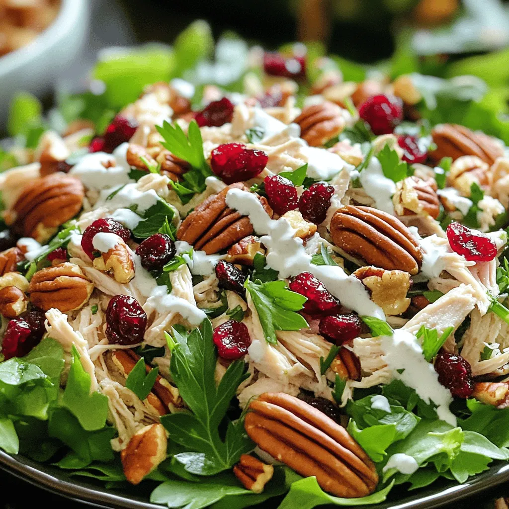 - 2 cups cooked chicken, shredded or diced - 1/2 cup dried cranberries - 1/2 cup pecans, chopped - 1/2 cup celery, finely chopped - 1/4 cup red onion, finely chopped - 1/2 cup Greek yogurt - 2 tablespoons mayonnaise - 1 tablespoon honey - 1 tablespoon Dijon mustard - Salt and pepper to taste - Fresh parsley, chopped (for garnish) To make a great cranberry pecan chicken salad, start with these simple ingredients. You can use leftover chicken or rotisserie chicken to save time. The dried cranberries add a sweet touch, while the pecans give a nice crunch. Celery and red onion bring freshness and a bit of bite. For the dressing, I mix Greek yogurt and mayonnaise together. This combo makes it creamy without being too heavy. Honey and Dijon mustard add flavor and a hint of sweetness. Season with salt and pepper to make it pop. - Mixing bowls - Whisk - Measuring cups and spoons Having the right tools helps make cooking easier. A large mixing bowl is perfect for combining everything. A whisk is great for making the dressing smooth. Measuring cups and spoons ensure you get the right amounts of each ingredient. - Calories per serving: Approximately 300 - Macronutrient breakdown: - Protein: 25g - Carbohydrates: 15g - Fats: 18g This salad is not just tasty; it's also good for you. Each serving has a nice balance of protein, carbs, and fats. It’s a filling meal that can keep you energized throughout the day. Check the full recipe for more details on how to make this delicious dish. - In a large mixing bowl, combine 2 cups of cooked chicken, 1/2 cup dried cranberries, 1/2 cup chopped pecans, 1/2 cup finely chopped celery, and 1/4 cup finely chopped red onion. - In a separate bowl, whisk together 1/2 cup Greek yogurt, 2 tablespoons mayonnaise, 1 tablespoon honey, 1 tablespoon Dijon mustard, and salt and pepper to taste until smooth. - Pour the dressing over the chicken mixture and gently fold everything together until well combined. You can serve this salad in many delicious ways. It works great on a bed of mixed greens. You can also make a tasty sandwich or scoop it onto a buttery croissant. Each option brings a unique twist to your meal. Chilling the salad is key to enhancing the flavors. I recommend covering the bowl and placing it in the fridge for at least 30 minutes. This step allows all the great tastes to mix and meld. The longer it chills, the better it gets! For the full recipe, check out the detailed steps. To get the best flavor in your cranberry pecan chicken salad, fresh ingredients are key. Use juicy chicken, sweet cranberries, and crunchy pecans. Toasting the pecans enhances their flavor. Just heat them in a pan for a few minutes. For shredding chicken easily, try using two forks. Hold the chicken with one fork and shred with the other. You can also use a stand mixer with the paddle attachment to shred cooked chicken quickly. Just be careful not to overdo it! One common mistake is not properly chilling the salad. Chilling helps the flavors blend and makes the salad taste even better. Aim for at least 30 minutes in the fridge before serving. Another mistake is overdressing the salad. Too much dressing can make it soggy. Start with a little dressing and add more as needed. You can always add more, but you can’t take it out! To make your salad even better, consider adding some apple slices or grapes. Their sweetness pairs well with the chicken and cranberries. You can also sprinkle in some feta cheese for a tangy kick. These additions create a balance of flavors and textures that make every bite exciting! {{image_2}} You can easily make this salad vegetarian. Simply swap the chicken for chickpeas or tofu. Chickpeas add protein and a nice texture. Tofu gives a soft bite, perfect for this dish. Use firm tofu for the best results. Just drain and press it to remove extra water. Then, chop it into cubes. To make this salad gluten-free, choose gluten-free mayonnaise. There are great brands available that taste just as good. You can also use gluten-free bread for a sandwich. Look for bread made from rice or almond flour. These options help keep your meal safe and tasty. If you want to change the flavor, try a citrus dressing. Lemon or orange juice can brighten the salad. You can also use different nuts, like walnuts or almonds. Each nut adds its own unique taste. Experiment and find your favorite mix! For the full recipe, check out the Cranberry Pecan Chicken Salad. Enjoy creating your own variations! Cranberry pecan chicken salad keeps well in the fridge. Store it in an airtight container. It lasts about three to four days. After that, the flavors may fade. Always check for freshness before eating. I don't recommend freezing this salad. The texture changes when thawed. The chicken can become dry, and the veggies may get mushy. If you have extra, consider using it as a filling for a sandwich instead. For easy lunches, you can prep this salad in advance. Chop the chicken and veggies on a Sunday. Mix them but wait to add the dressing until you're ready to eat. This keeps everything fresh. You can also portion it into containers for grab-and-go meals. Enjoy this salad on its own or with some greens for a nice balance. Check out the Full Recipe for more details. To make Cranberry Pecan Chicken Salad, follow these simple steps: 1. In a large bowl, mix 2 cups of cooked chicken, 1/2 cup of dried cranberries, 1/2 cup of chopped pecans, 1/2 cup of finely chopped celery, and 1/4 cup of finely chopped red onion. 2. In another bowl, whisk together 1/2 cup of Greek yogurt, 2 tablespoons of mayonnaise, 1 tablespoon of honey, 1 tablespoon of Dijon mustard, and salt and pepper to taste. 3. Pour the dressing over the chicken mix. Gently fold everything together. 4. Taste your salad and add more salt or pepper if needed. 5. Cover the bowl and chill it in the fridge for 30 minutes. This helps the flavors mix well. 6. Serve on greens, in a sandwich, or on a croissant. Garnish with fresh parsley. For the full recipe, check out the detailed instructions above. Yes, you can use leftover chicken! It works great in this salad. Just shred or dice the chicken into small pieces. Using leftover chicken saves time and reduces waste. You can also use rotisserie chicken for an easy option. Just make sure it’s cooked and safe to eat. Cranberry Pecan Chicken Salad pairs well with many sides. Here are some tasty options: - Mixed greens or a fresh garden salad - Whole grain crackers or pita chips - A cup of vegetable soup - Sweet potato fries for a warm side - A fruit salad to add freshness These sides will enhance your meal and make it more satisfying. This blog post covered a delicious and easy recipe for Cranberry Pecan Chicken Salad. You learned about the key ingredients, helpful tools, and step-by-step prep. I shared tips to perfect your dish and common mistakes to avoid. You can even customize it for your taste or dietary needs. In conclusion, this salad is versatile and quick to make. Enjoy it as a meal or a side. With a little prep, you can create a tasty dish again and again!