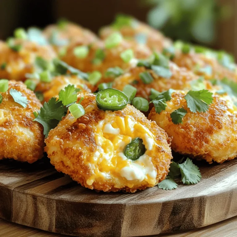 To make delicious Jalapeño Popper Chicken, you will need these key items: - 4 boneless, skinless chicken breasts - 1 cup cream cheese, softened - 1 cup shredded cheddar cheese - 1/2 cup diced jalapeños (fresh or pickled) - 1/2 teaspoon garlic powder - 1/2 teaspoon onion powder - Salt and pepper to taste - 1 cup panko breadcrumbs - 1 tablespoon olive oil - Fresh cilantro or green onions for garnish You can tweak the recipe for added taste. Consider these optional ingredients: - 1/4 teaspoon smoked paprika for a smoky touch - 1/2 cup cooked bacon bits for crunch - 1 tablespoon lime juice for a fresh zing - A sprinkle of cumin for warmth If you lack some ingredients, don’t worry! Here are some good swaps: - Use Greek yogurt instead of cream cheese for a lighter option. - Swap cheddar cheese with Monterey Jack or pepper jack for more heat. - Try crushed tortilla chips instead of panko for a different crunch. - Use chicken thighs if you prefer dark meat. You can find the full recipe for this tasty dish by clicking [Full Recipe]. First, preheat your oven to 375°F (190°C). This ensures even cooking. In a bowl, mix your cream cheese, shredded cheddar cheese, diced jalapeños, garlic powder, onion powder, salt, and pepper. Stir until everything is well mixed. Next, take a sharp knife and create pockets in each chicken breast. Slice them horizontally, but don’t cut all the way through. This step allows for stuffing. Now, fill each chicken breast pocket with the cheese and jalapeño mix. If needed, use toothpicks to hold the opening closed. In a shallow dish, combine panko breadcrumbs with olive oil. Mix until the breadcrumbs are coated. Take each stuffed chicken breast and coat it in the panko mixture. Make sure to cover each piece completely. Place the coated chicken breasts on a greased baking sheet. Bake them in the preheated oven for 25 to 30 minutes. You want the chicken to be cooked through and the outside golden brown. Once done, remove them from the oven and let them rest for a few minutes. Before serving, garnish with fresh cilantro or chopped green onions. You can find the full recipe for Jalapeño Popper Chicken in the earlier section. To keep your chicken juicy, choose boneless, skinless breasts. Make sure they are fresh and not frozen. When you cut pockets in the chicken, do it gently. This helps hold in the filling. Bake at a steady temperature of 375°F (190°C). This ensures even cooking. Use a meat thermometer to check for doneness. The chicken should reach 165°F (74°C). Let the chicken rest for a few minutes before serving. This allows the juices to redistribute, making each bite tender. One common mistake is overcooking the chicken. Keep an eye on the time, and check the temperature. Another mistake is not sealing the pockets well. Use toothpicks if needed to keep the filling inside. If you skip the panko coating, the chicken may lack crunch. Make sure to coat each piece fully. Lastly, don’t forget to season well. A pinch of salt and pepper enhances the flavors of the dish. For this recipe, you will need a sharp knife to cut the chicken. A mixing bowl helps combine the filling ingredients. Use a baking sheet lined with parchment paper for easy cleanup. A meat thermometer is key to ensuring your chicken is cooked safely. Pans for mixing and dredging will make the process smoother. Lastly, have a toothpick or two handy for securing the chicken pockets. Following these tips will help you create the perfect Jalapeño Popper Chicken. You can find the full recipe above for your convenience. {{image_2}} If you love heat, try adding more jalapeños. You can use diced habaneros for a fiery kick. Another option is to mix in some spicy pepper jack cheese. This adds flavor and heat. You can also top the chicken with a drizzle of hot sauce before baking. This gives it an extra layer of spice. For a low-carb version, swap out the panko breadcrumbs. You can use crushed pork rinds instead. They add crunch without the carbs. Also, use full-fat cream cheese and cheddar cheese. This keeps the dish rich and tasty while staying keto-friendly. Serve it with a fresh salad for a complete meal. If you're looking for a vegetarian option, use stuffed peppers instead of chicken. Mix cream cheese, cheddar, and jalapeños, then fill halved bell peppers. Bake them until soft and bubbly. Another idea is to use portobello mushrooms. They provide a meaty texture and soak up flavors well. Both options are delicious and satisfying. For the full recipe, check out Jalapeño Popper Chicken Delight. After you enjoy your Jalapeño Popper Chicken, let it cool. Place any leftovers in an airtight container. Keep it in the fridge for up to three days. Make sure to store the chicken away from strong-smelling foods to avoid any flavor mix-ups. To reheat, preheat your oven to 350°F (175°C). Place the chicken on a baking sheet. Cover it with foil to keep it moist. Heat for about 15-20 minutes or until it warms through. You can also use a microwave, but the oven keeps it crispy. If you want to save some for later, you can freeze this dish. Wrap each chicken piece tightly in plastic wrap. Place the wrapped chicken in a freezer-safe bag. It can stay good for up to three months. When you are ready to eat, thaw it in the fridge overnight before reheating. Try to avoid refreezing once it's thawed. For the full recipe, check out the details above. Yes, you can swap cheeses! Cream cheese gives a smooth texture, but you can try other kinds. Mozzarella offers a great melt, while pepper jack adds more spice. Feel free to mix and match to find your favorite combo! You can prep this dish a day in advance. Follow the steps, but don’t bake it yet. Store the stuffed chicken in the fridge. When you're ready, bake it straight from the fridge. Just add a few extra minutes to the cooking time. Many sides go great with Jalapeño Popper Chicken. Here are a few ideas: - Rice: Fluffy white or brown rice works well. - Salad: A fresh green salad adds crunch. - Vegetables: Roasted or steamed veggies balance the meal. - Potatoes: Mashed or baked potatoes are always a hit. Yes, you can grill Jalapeño Popper Chicken! Use a medium heat and grill for about 6-8 minutes per side. Make sure the chicken reaches 165°F (75°C) inside. Grilling adds a nice smoky flavor that is hard to resist! For a full recipe, check out the details above. We explored how to make Jalapeño Popper Chicken, from ingredients to cooking tips. I shared key steps for juicy chicken, ingredient swaps, and flavorful variations. Remember to store leftovers properly to enjoy later. Cooking should be fun and simple, so use these guidelines to make your dish shine. With practice, you’ll impress family and friends with your cooking skills. Embrace creativity with this recipe, and have fun in the kitchen!