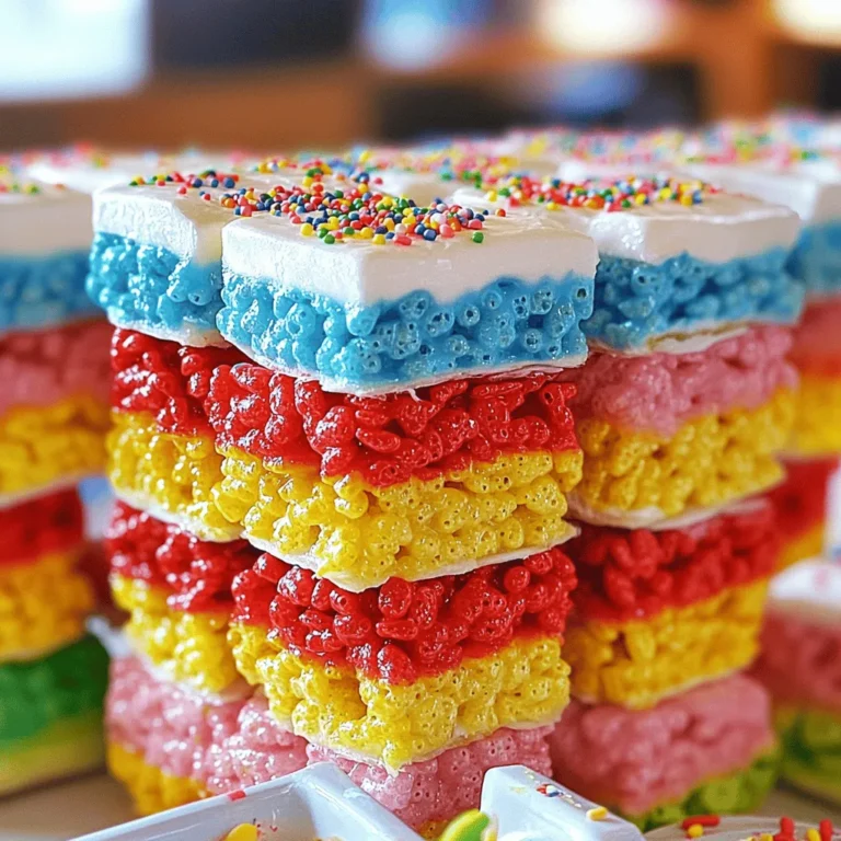 - 6 cups Rice Krispies cereal - 4 cups mini marshmallows - 3 tablespoons butter - 1 teaspoon vanilla extract - Food coloring (red, blue, yellow, green) - 1/4 cup rainbow sprinkles (optional) - Calories per serving: About 150 calories - Key nutrients: - Sugar: 10g - Fat: 3g - Carbohydrates: 28g Rice Krispie Treats are not just fun to make; they are also delicious! Each bite gives you a mix of sweetness and crunch. The ingredients are simple and easy to find. Rice Krispies cereal gives the treats their signature snap. Mini marshmallows melt perfectly into a gooey mixture. Butter adds richness, while vanilla extract boosts the flavor. Adding food coloring makes the treats extra special. You can create bright, fun layers. Rainbow sprinkles give a playful finish. This colorful twist makes them great for parties or just for fun! Now, let’s take a look at the calories and nutrients. Each serving has about 150 calories. They contain 10 grams of sugar, which adds sweetness. The treats have 3 grams of fat and 28 grams of carbs. These treats not only taste good but also look great. With the right ingredients, you can make a delightful treat that everyone loves. For the full recipe, check out the detailed instructions I shared earlier! First, get a 9x13 inch baking dish. You can grease it lightly with butter. Alternatively, you can line it with parchment paper. This helps the treats come out easily later. Next, take a large saucepan. Set the heat to low. Add 3 tablespoons of butter to the pan. Once it melts, throw in 4 cups of mini marshmallows. Stir this mix continuously until it melts completely. It should be smooth and gooey. Now, remove the pan from heat. Stir in 1 teaspoon of vanilla extract for flavor. Then, divide the melted marshmallow into four bowls. Add a few drops of food coloring to each bowl. Use red, blue, yellow, and green. Mix well so the colors blend into the marshmallow. In a big bowl, add 6 cups of Rice Krispies cereal. Choose one colored marshmallow mixture. Pour it over the cereal. Stir until every piece is coated with the gooey mix. Press the colored cereal into the prepared dish. Use a spatula or your hands to compact it well. Repeat with the other colored mixtures, layering them on top of each other. After all colors are packed, let it cool for about 30 minutes at room temperature. Once cooled, slice the treats into squares or rectangles. You can sprinkle rainbow sprinkles on top for extra fun. Serve these colorful treats and enjoy the smiles they bring! To get the best Rice Krispie Treats, focus on texture. You want them chewy but also crispy. Start by melting the butter and marshmallows slowly. Heat them on low. Stir often to avoid burning. Once melted, mix in the Rice Krispies quickly. Don’t over-mix, or they can become hard. Press the mixture gently into the pan. This keeps them light and airy. Sticky treats can be a hassle. To avoid this, grease your hands or spatula with butter. This helps when you press the mixture into the pan. If your hands stick, the treats get messy. A little grease goes a long way. You can also use parchment paper. It makes lifting the treats out easy. Keeping your treats fresh is key. Store them in an airtight container. This keeps them soft and chewy. If left out, they can harden fast. For best results, eat them within a week. If you want to save some, freeze them. Wrap each piece in plastic wrap. Then place them in a freezer bag. They can last for up to three months. Enjoy your treats whenever you want! {{image_2}} If you love chocolate, this is for you. You can easily change the classic Rice Krispie Treats. Just add cocoa powder or chocolate chips. To do this, melt 3 cups of mini marshmallows with 3 tablespoons of butter. Then, mix in ½ cup of cocoa powder. Stir until smooth. Now, add the Rice Krispies and mix well. You can also fold in chocolate chips for extra chocolatey goodness. Rice Krispie Treats are great for any season. For Halloween, you can make spooky treats by adding black and orange food coloring. Shape them into ghosts or pumpkins. For Christmas, add red and green colors with festive sprinkles. You can even shape them into stars or trees. These treats make great gifts or party snacks during the holidays. Want to mix things up? Try adding peanut butter to your treats. Just add 1 cup of smooth peanut butter when melting the marshmallows. This adds a rich flavor and creaminess. You can also add chopped nuts or dried fruits for a crunch. Almonds, walnuts, or cranberries work well. These add texture and taste, making your treats unique. For the full recipe, check out the original details above. Enjoy experimenting with these fun variations! To keep your Rice Krispie Treats fresh, store them in an airtight container. This keeps air out and moisture in. Place a piece of parchment paper between layers if you stack them. Avoid direct sunlight or heat, as this can make them hard. If you have extras, they can stay in a cool, dry place. Rice Krispie Treats last about 2 to 3 days at room temperature. If you keep them in the fridge, they can last up to a week. However, the texture may change. They can become dry if stored too long, so enjoy them fresh! You can freeze Rice Krispie Treats for later. First, let them cool completely. Then, wrap them tightly in plastic wrap. Place the wrapped treats in a freezer bag. They can last up to 3 months frozen. To eat, thaw them in the fridge overnight. Enjoy the treat as if it were fresh! For the complete recipe, check out the Full Recipe. You can use similar cereals like Corn Pops or puffed rice. Cheerios also work well. These cereals provide a nice crunch. They may change the flavor a bit but keep the fun. Yes, you can use regular marshmallows. They will melt just fine. The texture may be a bit chewier. Mini marshmallows mix in easier and coat better. It takes about 30 minutes for the treats to cool. Make sure to let them sit at room temperature. If you rush this, they may not hold their shape. Yes, toppings are a great idea! You can add chocolate chips or nuts. Try sprinkles or even shredded coconut for fun. Adding toppings makes your treats even more colorful. To reduce stickiness, use greased hands when mixing. A spatula coated with butter helps too. You can also dust your hands with powdered sugar. This keeps the mixture from sticking. We covered how to make fun Rice Krispie Treats using simple ingredients. You learned to melt marshmallows and color them for a vibrant twist. I shared tips for storage and variations to enjoy. Remember, the right technique gives you that perfect chewy texture. With these steps, you can impress friends and family. So, grab your ingredients and start creating your colorful treats today! Enjoy your sweet dessert adventure!