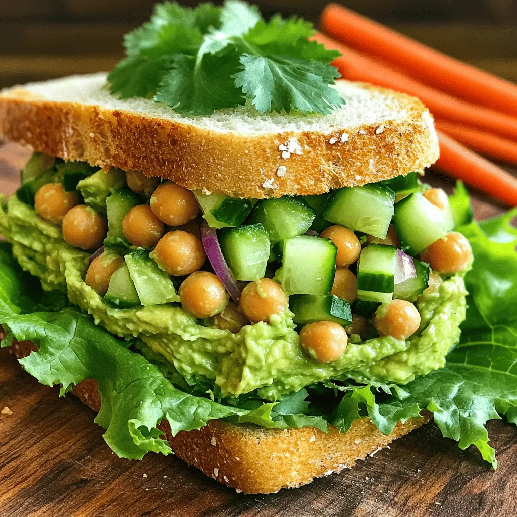 - 1 can (15 oz) chickpeas - 1 ripe avocado - 1 tablespoon lemon juice - 1 tablespoon tahini - 1 small red onion, finely chopped - 1 small cucumber, diced - 1/4 cup fresh cilantro, chopped - Salt and pepper to taste - 4 slices whole-grain bread - Lettuce leaves for garnish The main ingredients for this salad sandwich are simple yet tasty. First, you need one can of chickpeas. Rinse and drain them well. The chickpeas add protein and a nice texture. Next, grab one ripe avocado. Mash it with the chickpeas for creaminess and flavor. You also need some lemon juice and tahini to give a zesty and nutty taste. Chop one small red onion and one small cucumber for crunch. A bit of fresh cilantro adds a burst of freshness. Finish it off with salt and pepper for taste. Finally, use whole-grain bread for a healthy base and some crisp lettuce to top. This mix creates a delicious and filling sandwich that you will love. - Additional vegetables or herbs - Spices or seasoning variations You can customize your salad with optional add-ins. Feel free to add more veggies like bell peppers or carrots for extra crunch. Fresh herbs like dill or parsley can also boost the flavor. If you want a kick, try adding spices like paprika or chili powder. These changes keep the salad exciting and unique every time. - Mixing bowl - Fork - Knife - Cutting board To make this salad, you'll need a few tools. A mixing bowl is essential for mashing the chickpeas and avocado. Use a fork to get the right texture. A sharp knife will help you chop the veggies easily. Lastly, a cutting board keeps everything tidy and safe. Having these tools ready makes cooking smooth and fun. For the full recipe, you can check the details above. To start, take a medium bowl and your can of chickpeas. Drain and rinse them well. Then, use a fork to mash the chickpeas. Aim for a chunky texture; it adds a nice bite to the salad. Next, grab your ripe avocado. Peel it and remove the pit. Mash it into the bowl with the chickpeas until it blends well but still has some chunks. Now, we’ll add flavor! Pour in one tablespoon of lemon juice and one tablespoon of tahini. Mix these in well. They will give your salad a creamy texture and a zesty taste. It’s time to fold in our fresh ingredients. Add the finely chopped red onion, diced cucumber, and chopped cilantro. Stir everything together gently. Season with salt and pepper to taste. Your salad is ready! Now, let’s toast our whole-grain bread. Place the slices in a toaster or on a skillet over medium heat. You want them golden brown and crispy. This adds a great crunch to your sandwiches. Keep an eye on them to avoid burning. Toasting can take about 3-5 minutes. Flip or check them often for best results. Once the bread is toasted, it’s time to assemble! Take two slices of the warm bread. Spoon a generous portion of your avocado chickpea salad onto each slice. Spread it evenly for great flavor in every bite. Next, add fresh lettuce leaves on top of the salad. This adds a crisp texture. Finally, place the other two slices of toasted bread on top. Your sandwiches are now complete! If you want to enjoy them later, you can cut them in half and refrigerate for up to an hour. For the full recipe, check out the section above! To get the right texture for your avocado chickpea salad, mash the chickpeas and avocado together. Use a fork to create a chunky mix. You want it to be creamy but not too smooth. This gives your sandwich a nice bite. If you prefer more crunch, add diced cucumber or chopped nuts. These will make your salad fun to eat. To boost the taste of your salad, try adding spices. A pinch of garlic powder or cumin can add depth. Fresh herbs, like dill or parsley, also work well. They brighten up the salad. Don't forget the salt and pepper! These simple seasonings help all the flavors shine. Taste as you mix to find the perfect balance. How you present your sandwich matters. Serve it on a wooden cutting board for a rustic look. For color, add carrot sticks or a side of fresh fruit. You can also use a colorful plate to make your meal pop. Cutting the sandwich in half shows off the filling. It makes for a pretty, appetizing display. Follow the [Full Recipe] for more tips on making this dish. {{image_2}} You can easily make this sandwich vegan. Start by using plant-based mayonnaise instead of tahini. This swap keeps the creamy texture. If you want a tangy kick, add some pickles or relish. You can also replace whole-grain bread with any vegan bread. Just check the label to ensure it has no animal products. Want to spice things up? Try adding jalapeños for heat. You can also mix in sun-dried tomatoes for a Mediterranean twist. Fresh herbs like basil or dill add a bright flavor, too. For a herbed option, mix in some parsley or chives. These additions make the salad even more exciting. Pair your sandwich with crunchy carrot sticks or fresh fruit. They add color and texture to your meal. For drinks, a light iced tea or lemonade complements the salad well. Serving everything on a wooden cutting board enhances the rustic feel. You can also try it with a side of chips for some extra crunch. Each option makes your meal more fun! To keep your avocado chickpea salad fresh, place it in an airtight container. This helps prevent browning and keeps flavors strong. Store it in the fridge for up to three days. If you have leftover sandwiches, wrap them tightly in plastic wrap. This keeps the bread from getting too soggy. You can freeze the chickpea salad, but it may change the texture. To freeze, place the salad in a freezer-safe container. Leave some space at the top for expansion. It can last for about a month. When you’re ready to eat it, thaw it in the fridge overnight. To refresh the sandwich before serving, remove it from the fridge. Let it sit at room temperature for about 15 minutes. This helps bring back some flavor. If the bread feels dry, you can lightly toast it again. That will make it warm and crunchy. Enjoy your delicious meal! Check the Full Recipe if you need a reminder on how to make it. You can store Avocado Chickpea Salad Sandwiches in the fridge for up to three days. Make sure to keep them in an airtight container. The bread may get a bit soggy over time, so it's best to eat them fresh. If you plan to keep them longer, store the salad mix separately from the bread. This way, you can toast the bread just before serving for that perfect crunch. Yes, you can meal prep these sandwiches. Make the avocado chickpea salad ahead of time and store it in the fridge. This is great for busy lunches. I often prepare the salad on Sunday. I then pack it in small containers, so I’m ready for the week. Just remember to toast the bread when you’re ready to eat. This keeps everything fresh and tasty. These sandwiches pair well with many sides. Try serving them with: - Carrot sticks - Cucumber slices - Fresh fruit like apple or berries - A small side salad These options add crunch and nutrients to your meal. They also make your plate look colorful and fun! To make the recipe gluten-free, simply swap the whole-grain bread for gluten-free bread. Many stores offer a variety of gluten-free options. You can also use lettuce leaves as a wrap. This adds a fresh crunch while keeping the meal gluten-free. In this blog post, we covered how to make a delicious avocado chickpea salad sandwich. You learned about the main ingredients, optional add-ins, and the tools needed. I shared step-by-step instructions for preparation and toasting bread. We also discussed tips for perfecting texture, enhancing flavor, and presentation. You can easily customize this sandwich in many ways. Remember to store leftovers properly and enjoy this healthy recipe for lunch or snacks. Make it your own and have fun in the kitchen!