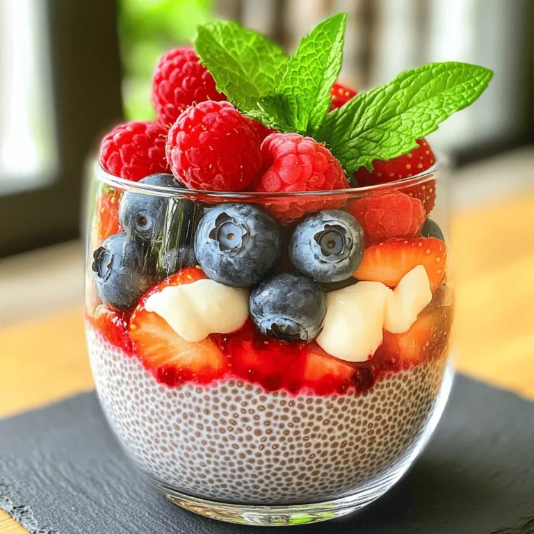 For a delicious berry chia pudding, you need these simple ingredients: - 1/2 cup chia seeds - 2 cups almond milk (or any non-dairy milk) - 2 tablespoons maple syrup (or honey) - 1 teaspoon vanilla extract - 1 cup mixed berries (strawberries, blueberries, raspberries) - 1/4 teaspoon cinnamon (optional) - Fresh mint leaves for garnish (optional) Chia seeds are tiny but packed with nutrients. They swell and create a thick, creamy pudding when mixed with liquid. Almond milk adds a nice, subtle flavor. You can use any non-dairy milk you prefer. Maple syrup or honey gives just the right amount of sweetness. Vanilla extract will enhance the flavor. Mixed berries bring freshness and color to your dish. You can add a bit of cinnamon for warmth if you wish. Fresh mint leaves make a lovely garnish. They add a pop of color and a refreshing taste. When you gather these ingredients, you set the stage for a tasty and healthy treat. If you want the full recipe, check out the instructions provided earlier. To start, take a medium bowl. Combine the chia seeds and almond milk. I love using almond milk, but you can use any non-dairy milk you prefer. Next, add your sweeteners. Maple syrup works great, or honey if you like. Don’t forget the vanilla extract; it adds a nice flavor! If you want a hint of spice, add a little cinnamon. Stir well to mix everything together. This step ensures the chia seeds spread out nicely. Now, it’s time for the mixture to chill. Cover the bowl with plastic wrap or a lid. Place it in the fridge for at least two hours. I often leave it overnight for the best results. The chia seeds will absorb the liquid and thicken. This is crucial for your pudding's texture. After about five minutes, stir the mixture again to avoid clumping. If you don’t stir, you might end up with a lumpy pudding! Once the pudding is set, stir it to make it creamy. Now comes the fun part! Grab some serving glasses or bowls. Layer the chia pudding and mixed berries. I like to alternate layers for a pretty look. You can use strawberries, blueberries, and raspberries for this. Finally, garnish with fresh mint leaves. This adds color and a fresh touch before serving. Enjoy your Berry Chia Pudding! For the full recipe, check out the details above. To get the best texture, chill your pudding for at least two hours. I recommend letting it sit overnight for optimal results. This time allows the chia seeds to soak up the almond milk and thicken nicely. Stir the mixture well after five minutes. This helps break up any clumps that may form. Use a whisk or a fork for the best results. If you notice clumps, just stir again. Picking the right sweetener is key. Maple syrup gives a rich flavor, while honey is great too. If you want less sweetness, start with one tablespoon of maple syrup. Taste it and add more if needed. You can also use stevia or agave for a sugar-free option. Adjusting sweetness helps make the pudding perfect for your taste. Chia seeds are tiny powerhouses of nutrition. They are high in fiber, protein, and omega-3 fatty acids. These nutrients help keep you full and support heart health. Berries add vitamins and antioxidants. They help fight inflammation and boost your immune system. Adding mixed berries to your diet can improve overall health and taste great in your pudding. {{image_2}} You can use many kinds of berries in your pudding. Fresh strawberries, blueberries, or raspberries work well. During summer, look for seasonal berries. They taste great and make your pudding colorful. Mixing different berries gives you unique flavors. Try combining tart raspberries with sweet strawberries for a tasty twist. Want to spice things up? Add a pinch of nutmeg to your pudding for warmth. You can also try coconut milk instead of almond milk for a tropical vibe. Fruit purees can add a new twist, too. Blend bananas or mangoes and mix them in for extra sweetness. If you prefer dairy, that’s fine! You can swap almond milk for regular milk. This gives a creamier texture that many enjoy. For an even richer taste, use cream or half-and-half. Try these variations to find what you love. You can easily make this recipe your own! For the full recipe, check out the details above. To keep your berry chia pudding fresh, use airtight containers. Glass jars work great and look nice too. Store it in the fridge for up to five days. If you notice any liquid on top, just stir it back in. This happens when the chia seeds soak up the liquid. For the best taste, eat it within three days. To maintain flavor, keep your pudding away from strong-smelling foods. The chia pudding can absorb odors easily. Always check for freshness before eating. If it smells off or has odd colors, it’s best to toss it out. Can you freeze chia pudding? Yes, you can! Freezing is a great option if you want to save some for later. Just make sure it’s in a freezer-safe container. You can freeze it for up to two months. When you’re ready to enjoy it again, thaw it in the fridge overnight. If you need it faster, put it in a bowl of cold water. After thawing, stir well to restore its creamy texture. You may want to add a bit of almond milk to make it smooth again. Enjoy your berry chia pudding as a quick snack or a healthy dessert! For the full recipe, check the section above. Yes, you can use many types of milk. Almond milk is my favorite, but soy, oat, or coconut milk also work well. Each milk adds its own flavor and texture. If you prefer dairy, regular milk is a great option too. Just remember, the creamier the milk, the richer your pudding will be. Berry chia pudding lasts up to five days in the fridge. Store it in an airtight container to keep it fresh. I often make a big batch for the week. Just give it a stir before serving, and it’s ready to go! Absolutely! Chia pudding is safe for kids. Chia seeds are full of fiber, protein, and healthy fats. They are great for growing bodies. Just make sure to soak the chia seeds well, so they are easy to eat. You can add many things to boost the flavor! Try fresh fruits like mango or banana. Nuts and seeds add a nice crunch. You can also sprinkle in spices like nutmeg or ginger for warmth. If you love chocolate, a bit of cocoa powder works wonders too! To make this recipe sugar-free, skip the maple syrup. Instead, use ripe fruits to sweeten your pudding. Mashed banana or pureed dates are great natural sweeteners. You can also try stevia or monk fruit as sugar substitutes. This blog post covered everything you need to know about making berry chia pudding. We discussed the best ingredients, steps for preparation, and tips to get the perfect texture. You learned about health benefits and various ways to customize the dish. Storing your pudding properly ensures it stays fresh. Explore these ideas and enjoy the process. Chia pudding is fun and good for you too! Start mixing and create your own delicious versions today.