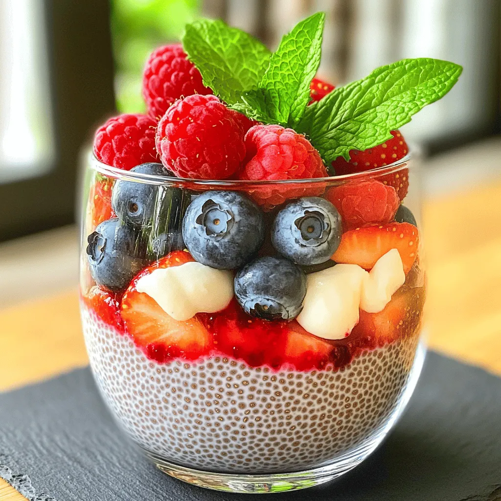 For a delicious berry chia pudding, you need these simple ingredients: - 1/2 cup chia seeds - 2 cups almond milk (or any non-dairy milk) - 2 tablespoons maple syrup (or honey) - 1 teaspoon vanilla extract - 1 cup mixed berries (strawberries, blueberries, raspberries) - 1/4 teaspoon cinnamon (optional) - Fresh mint leaves for garnish (optional) Chia seeds are tiny but packed with nutrients. They swell and create a thick, creamy pudding when mixed with liquid. Almond milk adds a nice, subtle flavor. You can use any non-dairy milk you prefer. Maple syrup or honey gives just the right amount of sweetness. Vanilla extract will enhance the flavor. Mixed berries bring freshness and color to your dish. You can add a bit of cinnamon for warmth if you wish. Fresh mint leaves make a lovely garnish. They add a pop of color and a refreshing taste. When you gather these ingredients, you set the stage for a tasty and healthy treat. If you want the full recipe, check out the instructions provided earlier. To start, take a medium bowl. Combine the chia seeds and almond milk. I love using almond milk, but you can use any non-dairy milk you prefer. Next, add your sweeteners. Maple syrup works great, or honey if you like. Don’t forget the vanilla extract; it adds a nice flavor! If you want a hint of spice, add a little cinnamon. Stir well to mix everything together. This step ensures the chia seeds spread out nicely. Now, it’s time for the mixture to chill. Cover the bowl with plastic wrap or a lid. Place it in the fridge for at least two hours. I often leave it overnight for the best results. The chia seeds will absorb the liquid and thicken. This is crucial for your pudding's texture. After about five minutes, stir the mixture again to avoid clumping. If you don’t stir, you might end up with a lumpy pudding! Once the pudding is set, stir it to make it creamy. Now comes the fun part! Grab some serving glasses or bowls. Layer the chia pudding and mixed berries. I like to alternate layers for a pretty look. You can use strawberries, blueberries, and raspberries for this. Finally, garnish with fresh mint leaves. This adds color and a fresh touch before serving. Enjoy your Berry Chia Pudding! For the full recipe, check out the details above. To get the best texture, chill your pudding for at least two hours. I recommend letting it sit overnight for optimal results. This time allows the chia seeds to soak up the almond milk and thicken nicely. Stir the mixture well after five minutes. This helps break up any clumps that may form. Use a whisk or a fork for the best results. If you notice clumps, just stir again. Picking the right sweetener is key. Maple syrup gives a rich flavor, while honey is great too. If you want less sweetness, start with one tablespoon of maple syrup. Taste it and add more if needed. You can also use stevia or agave for a sugar-free option. Adjusting sweetness helps make the pudding perfect for your taste. Chia seeds are tiny powerhouses of nutrition. They are high in fiber, protein, and omega-3 fatty acids. These nutrients help keep you full and support heart health. Berries add vitamins and antioxidants. They help fight inflammation and boost your immune system. Adding mixed berries to your diet can improve overall health and taste great in your pudding. {{image_2}} You can use many kinds of berries in your pudding. Fresh strawberries, blueberries, or raspberries work well. During summer, look for seasonal berries. They taste great and make your pudding colorful. Mixing different berries gives you unique flavors. Try combining tart raspberries with sweet strawberries for a tasty twist. Want to spice things up? Add a pinch of nutmeg to your pudding for warmth. You can also try coconut milk instead of almond milk for a tropical vibe. Fruit purees can add a new twist, too. Blend bananas or mangoes and mix them in for extra sweetness. If you prefer dairy, that’s fine! You can swap almond milk for regular milk. This gives a creamier texture that many enjoy. For an even richer taste, use cream or half-and-half. Try these variations to find what you love. You can easily make this recipe your own! For the full recipe, check out the details above. To keep your berry chia pudding fresh, use airtight containers. Glass jars work great and look nice too. Store it in the fridge for up to five days. If you notice any liquid on top, just stir it back in. This happens when the chia seeds soak up the liquid. For the best taste, eat it within three days. To maintain flavor, keep your pudding away from strong-smelling foods. The chia pudding can absorb odors easily. Always check for freshness before eating. If it smells off or has odd colors, it’s best to toss it out. Can you freeze chia pudding? Yes, you can! Freezing is a great option if you want to save some for later. Just make sure it’s in a freezer-safe container. You can freeze it for up to two months. When you’re ready to enjoy it again, thaw it in the fridge overnight. If you need it faster, put it in a bowl of cold water. After thawing, stir well to restore its creamy texture. You may want to add a bit of almond milk to make it smooth again. Enjoy your berry chia pudding as a quick snack or a healthy dessert! For the full recipe, check the section above. Yes, you can use many types of milk. Almond milk is my favorite, but soy, oat, or coconut milk also work well. Each milk adds its own flavor and texture. If you prefer dairy, regular milk is a great option too. Just remember, the creamier the milk, the richer your pudding will be. Berry chia pudding lasts up to five days in the fridge. Store it in an airtight container to keep it fresh. I often make a big batch for the week. Just give it a stir before serving, and it’s ready to go! Absolutely! Chia pudding is safe for kids. Chia seeds are full of fiber, protein, and healthy fats. They are great for growing bodies. Just make sure to soak the chia seeds well, so they are easy to eat. You can add many things to boost the flavor! Try fresh fruits like mango or banana. Nuts and seeds add a nice crunch. You can also sprinkle in spices like nutmeg or ginger for warmth. If you love chocolate, a bit of cocoa powder works wonders too! To make this recipe sugar-free, skip the maple syrup. Instead, use ripe fruits to sweeten your pudding. Mashed banana or pureed dates are great natural sweeteners. You can also try stevia or monk fruit as sugar substitutes. This blog post covered everything you need to know about making berry chia pudding. We discussed the best ingredients, steps for preparation, and tips to get the perfect texture. You learned about health benefits and various ways to customize the dish. Storing your pudding properly ensures it stays fresh. Explore these ideas and enjoy the process. Chia pudding is fun and good for you too! Start mixing and create your own delicious versions today.