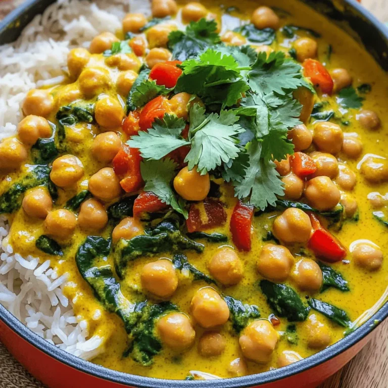 - 1 can (15 oz) chickpeas, drained and rinsed - 1 can (14 oz) coconut milk - 1 medium onion, finely chopped - 3 cloves garlic, minced - 1-inch piece of ginger, grated - 1 tablespoon red curry paste - 1 teaspoon ground cumin - 1 teaspoon turmeric powder - 1 tablespoon olive oil - 1 cup vegetable broth - 1 bell pepper (red or yellow), diced - 1 cup spinach (fresh or frozen) - Salt and pepper to taste - Fresh cilantro, for garnish - Cooked jasmine rice or quinoa, for serving These ingredients create a warm, rich taste in the dish. Chickpeas give it protein and fiber. Coconut milk adds creaminess and flavor. Aromatics like onion, garlic, and ginger create a fragrant base. The spices bring heat and depth. Bell peppers and spinach add color and nutrition. - Large pot - Wooden spoon - Measuring cups and spoons Using the right tools makes cooking easier and more fun. A large pot helps you cook everything in one place. A wooden spoon stirs without scratching your pot. Measuring cups and spoons help you get the exact amounts right. This way, your coconut curry chickpeas will shine with flavor. For the full recipe, check out [Full Recipe]. First, gather your ingredients. You will need: - 1 can (15 oz) chickpeas, drained and rinsed - 1 can (14 oz) coconut milk - 1 medium onion, finely chopped - 3 cloves garlic, minced - 1-inch piece of ginger, grated - 1 tablespoon red curry paste - 1 teaspoon ground cumin - 1 teaspoon turmeric powder - 1 tablespoon olive oil - 1 cup vegetable broth - 1 bell pepper (red or yellow), diced - 1 cup spinach (fresh or frozen) - Salt and pepper to taste - Fresh cilantro, for garnish - Cooked jasmine rice or quinoa, for serving Next, heat a large pot over medium heat. Pour in the olive oil. Wait until the oil is warm. Add the chopped onion. Sauté for about 5 minutes. You want the onion to be soft and translucent. Now, stir in the minced garlic and grated ginger. Cook for one minute until you smell their great aroma. Then, add the red curry paste, cumin, and turmeric. Mix these spices well and let them cook for 2 minutes. This brings out their rich flavors. After that, pour in the coconut milk and vegetable broth. Stir everything together. Bring the mixture to a gentle simmer. Now it's time to add the drained chickpeas and diced bell pepper. Stir well and let it simmer for about 10 to 15 minutes. This allows all the flavors to blend nicely. In the last 5 minutes of cooking, add the spinach. Stir until it wilts down. This adds a nice green color and extra nutrients. Finally, season your curry with salt and pepper to taste. You can adjust the seasoning if needed. Serve your Coconut Curry Chickpeas hot over a bed of cooked jasmine rice or quinoa. Garnish with fresh cilantro for a burst of flavor. For the complete recipe, check out the Full Recipe. To make your coconut curry chickpeas burst with flavor, focus on spices. Start by heating your pot before adding oil. This helps release the spice oils. Use fresh spices, as they add more taste. Toast your spices briefly before adding liquids to enhance their flavor. Keep the heat at medium. This allows the aromatics to cook evenly without burning. Stir often to avoid sticking. When adding chickpeas, let them simmer gently. This helps them absorb all the flavors. Serve your coconut curry chickpeas over jasmine rice or quinoa. Both pair well with the rich coconut flavor. Add a side of naan bread for a fun twist. You can also serve it with a fresh salad for a crunchy contrast. Adding a squeeze of lime brightens up the dish. It balances the richness of the curry. For extra texture, top with chopped nuts or seeds. Garnishing makes your dish visually appealing. Use fresh cilantro to add a pop of color. Sprinkle it on top just before serving. A few lime wedges on the side also look great. Use a shallow bowl to show off the vibrant colors. Layer rice first, then ladle the curry on top. This creates a beautiful contrast of white and orange. The right presentation makes your meal more inviting. For the full recipe, click here: [Full Recipe]. {{image_2}} You can make coconut curry chickpeas even better by adding different veggies. Zucchini and carrots work great. You can also use seasonal vegetables for fresh flavors. In summer, try corn or bell peppers. In winter, add root vegetables like sweet potatoes or butternut squash. Each veggie adds a new taste and texture. Want to boost the protein? You can add chicken, shrimp, or tofu. Chicken adds a hearty bite, while shrimp cooks quickly and adds a seafood twist. Tofu is a fantastic choice for a vegetarian or vegan meal. Just make sure it absorbs the curry flavor well. How spicy do you like it? You can adjust the spice level easily. Start with less red curry paste if you prefer mild curry. Add more paste or some chili flakes for heat. Different curry pastes have varied spice levels too. Experiment with yellow, green, or massaman curry pastes to find your favorite flavor profile. To keep your coconut curry chickpeas fresh, store them in airtight containers. Make sure to let them cool to room temperature before sealing. This helps prevent moisture buildup, which can spoil the dish. Glass or BPA-free plastic containers work best. They help keep flavors intact and make reheating easier. When you’re ready to enjoy your leftovers, reheat them gently. The best method is to use a pot on low heat. Stir often to ensure even heating and to keep it creamy. If the curry thickens, add a splash of water or vegetable broth. This helps bring back the smooth texture without losing flavor. Yes, you can freeze coconut curry chickpeas! Transfer them to freezer-safe containers or bags. Be sure to leave some space at the top, as the curry will expand when frozen. For thawing, place them in the fridge overnight. Reheat on the stove with a little liquid to restore the perfect consistency. Enjoy your delicious meal anytime! What is coconut curry made of? Coconut curry is a mix of coconut milk, spices, and vegetables. In this recipe, I use chickpeas, onion, garlic, ginger, and red curry paste. The coconut milk gives it a rich, creamy base. The spices add warmth and depth. It’s a simple way to create a flavorful dish. Can I make this recipe in advance? Yes, you can make this recipe ahead of time! Store it in an airtight container. It keeps well in the fridge for up to three days. The flavors will deepen over time, making it even tastier. Just reheat it on the stove or in the microwave before serving. Is coconut curry chickpeas healthy? Yes, coconut curry chickpeas are healthy. They are packed with nutrients. Chickpeas offer protein and fiber. Coconut milk adds healthy fats. This dish is also rich in vitamins from the vegetables. Overall, it’s a nourishing meal that satisfies and fuels your body. What are the nutritional benefits of chickpeas? Chickpeas are very nutritious. They are high in protein, making them great for muscle health. They also have fiber, which helps digestion. Plus, they contain vitamins and minerals like iron and folate. Adding chickpeas to your diet can support overall health. What can I substitute for coconut milk? If you need a substitute for coconut milk, use almond milk or soy milk. For a creamy texture, add a little nut butter. You can also use cashew cream for a rich flavor. Keep in mind that this will change the taste slightly. Alternatives for red curry paste? You can use green curry paste or yellow curry paste as an alternative. Each has a different flavor profile. If you want a milder option, try using curry powder. Adjust the amount to taste, as some pastes and powders are stronger than others. Coconut curry chickpeas are a delightful blend of flavors and textures. This dish combines chickpeas, coconut milk, and spices. You can customize it with various vegetables and proteins. Remember to store leftovers properly and reheat gently for the best taste. As you explore different flavors, feel free to experiment with spice levels. This dish not only satisfies your taste buds but also provides numerous health benefits. Enjoy your cooking and sharing these delicious meals with others!