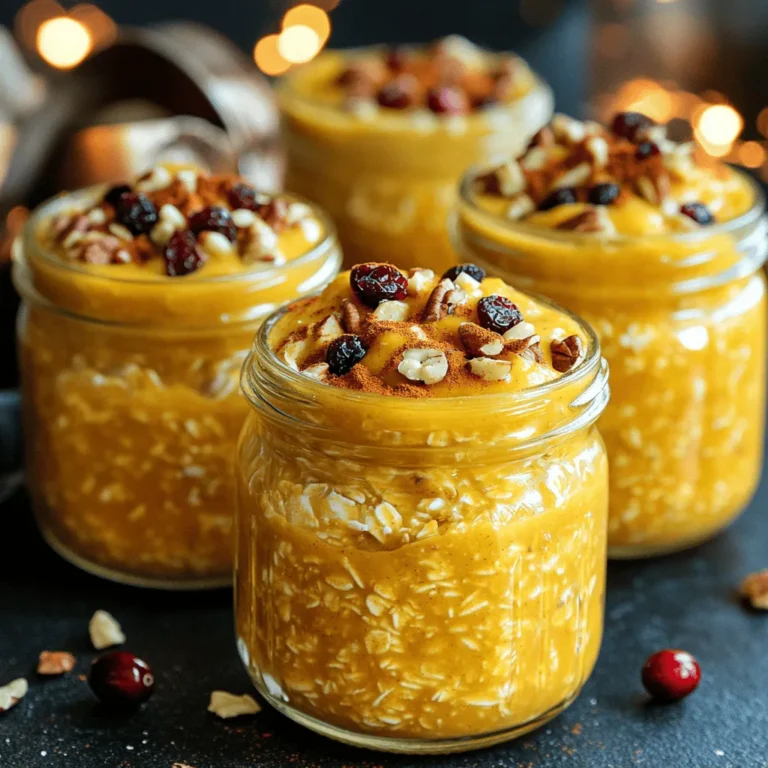 To make pumpkin spice overnight oats, you need simple and healthy ingredients. Here’s what you will need: - 1 cup rolled oats - 1 cup almond milk (or any milk of choice) - 1/2 cup canned pumpkin puree - 1 tablespoon chia seeds - 2 tablespoons maple syrup (adjust to taste) - 1 teaspoon pumpkin pie spice - 1/2 teaspoon vanilla extract - Pinch of salt - Optional toppings: chopped nuts, dried cranberries, or a drizzle of almond butter These ingredients come together to create a creamy and flavorful dish. The rolled oats provide a hearty base, while the pumpkin puree adds rich texture and autumn flavor. Almond milk keeps it light, and chia seeds help thicken the mixture overnight. Using maple syrup gives a natural sweetness. Pumpkin pie spice brings in warm notes of cinnamon and nutmeg. A pinch of salt balances the flavors. For extra crunch or sweetness, consider adding nuts or dried fruit on top. This recipe is quick and allows you to prepare breakfast the night before. Just mix everything in a bowl, and let it sit overnight. You’ll wake up to a delicious and nutritious meal. For the full recipe, check out the detailed instructions provided! To make pumpkin spice overnight oats, follow these simple steps. First, we need to prepare the mixture. - Combine all ingredients in a mixing bowl - Divide mixture into jars or containers - Seal and refrigerate overnight Start by mixing your ingredients in a medium bowl. You will need rolled oats, almond milk, canned pumpkin puree, chia seeds, maple syrup, pumpkin pie spice, vanilla extract, and a pinch of salt. Stir well to combine. The chia seeds are key. They help thicken the oats as they sit overnight. Next, divide the mixture evenly into jars or containers. This makes it easy to grab in the morning. Seal the jars with lids and place them in the refrigerator. Let them sit overnight to soak. This allows the flavors to meld together nicely. - Stir and adjust consistency before serving - Add desired toppings for enhancement In the morning, take the jars out. Give each one a good stir. Check the consistency. If it seems too thick, add a little more milk until it’s just right. Now it’s time to make your oats even better. Add toppings like chopped nuts, dried cranberries, or a drizzle of almond butter for extra flavor and texture. This is a great way to start your day with tasty, healthy fuel. For more details, check the Full Recipe. To get your pumpkin spice overnight oats just right, you need to focus on two main things: the amount of milk and the soaking time. - Adjusting the amount of milk: If you like your oats thicker, use less milk. If you prefer them creamier, add a bit more. Start with one cup, then adjust based on your taste. - Allowing enough soaking time: Let your oats soak for at least four hours or overnight. This time lets the oats absorb the liquid and flavors. The longer they soak, the softer they get. Don't be afraid to play with flavors to make your oats even better. - Adding spices or sweeteners: Consider adding a dash of cinnamon or nutmeg for an extra kick. You can also adjust the sweetness by adding more maple syrup or a splash of honey. - Topping suggestions for variety: Toppings can change your oats from good to great. Try chopped nuts for crunch, dried cranberries for sweetness, or a drizzle of almond butter for richness. Using quality ingredients can elevate your dish. - Importance of fresh spices: Fresh spices have more flavor. They can make a big difference in your oats. Always opt for new spices if you can. - Choosing the right type of oats: Rolled oats are best for this recipe. They soak well and provide a great texture. Avoid instant oats, as they can become mushy. By following these tips, you will create a bowl of pumpkin spice overnight oats that is not just tasty but also a delightful start to your day! For the full recipe, check out the details above. {{image_2}} You can easily make pumpkin spice overnight oats dairy-free. Just swap regular milk for alternative milk. Here are some great choices: - Coconut milk: This adds a rich, creamy texture. - Soy milk: It's high in protein and very smooth. - Oat milk: This has a mild flavor that blends well. These options keep the oats creamy while fitting into a dairy-free diet. Pumpkin spice is great, but you can mix it up! Try these spice combinations for new flavors: - Chai spice: This adds warmth with cardamom and ginger. - Cinnamon: Use a little extra cinnamon for a sweet kick. Feel free to play around with your spices. It can change the whole taste! You can make pumpkin spice overnight oats even more fun. Here are a couple of ideas: - Smoothie bowl: Blend the oats with more milk to create a smoothie. Top it with fruit, seeds, or nuts. - Yogurt or granola: Add a layer of yogurt for creaminess or sprinkle granola on top for crunch. These serving ideas give your oats a boost and make each bite exciting. For the full recipe, check out the details above. How long can overnight oats be stored? You can store your pumpkin spice overnight oats in the fridge for up to five days. This makes them perfect for meal prep! Each jar holds a tasty breakfast ready to grab. Best practices for keeping oats fresh include using airtight containers. These keep moisture and air out. If you notice any change in smell or texture, it’s best to toss them. Always label your jars with the date made for easy tracking. For tips on freezing and thawing overnight oats, I recommend freezing them before adding any toppings. Just place the jars in the freezer, and they can last up to three months. Thaw overnight oats by moving them to the fridge a day before you want to eat them. Once thawed, stir well and add your favorite toppings like nuts or a drizzle of almond butter. This keeps every bite fresh and delicious. Enjoy your pumpkin spice overnight oats at their best! Yes! To make these oats vegan, swap regular milk for almond milk or any plant-based milk. Replace the honey with maple syrup, as I used in the recipe. This way, you keep all the delicious flavors while sticking to a vegan diet. These oats will last in the fridge for about five days. Just make sure to keep them in airtight containers. This helps keep them fresh and tasty. You can prepare a batch at the start of the week for quick breakfasts. You can use fresh pumpkin! Just cook and puree your pumpkin before adding it to the oats. Fresh pumpkin gives a nice flavor and texture. However, canned pumpkin is super convenient and blends well, making it a great choice too. For extra protein, you can add Greek yogurt or protein powder. Stir in some Greek yogurt before serving. It makes the oats creamy and boosts protein. If you prefer protein powder, mix it in with the oats before soaking. Both options work great! Absolutely! This recipe is perfect for meal prep. You can make several jars at once. Portion them out for the week. Each jar is ready to grab and go. It’s a great way to ensure you have a healthy breakfast waiting for you. Check out the Full Recipe for more details! In this blog post, we explored how to make delicious overnight oats. We covered the key ingredients, simple steps, and helpful tips to get the perfect consistency. Remember to choose quality ingredients for the best taste. You can mix in various flavors and toppings to suit your mood. These oats store well in the fridge and even freeze nicely for future meals. Enjoy personalizing your oats to make your breakfast not just filling, but fun. This easy recipe is great for meal prep and tasty for everyone.