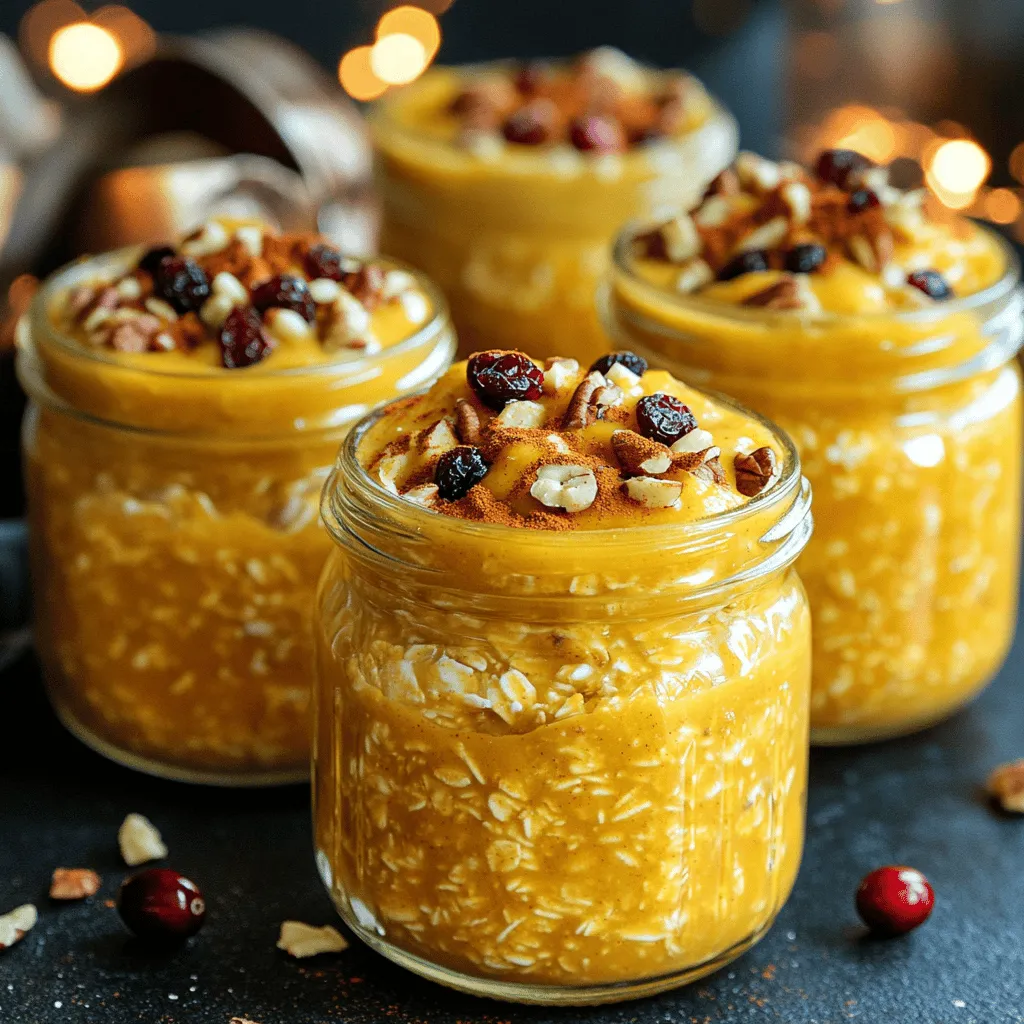 To make pumpkin spice overnight oats, you need simple and healthy ingredients. Here’s what you will need: - 1 cup rolled oats - 1 cup almond milk (or any milk of choice) - 1/2 cup canned pumpkin puree - 1 tablespoon chia seeds - 2 tablespoons maple syrup (adjust to taste) - 1 teaspoon pumpkin pie spice - 1/2 teaspoon vanilla extract - Pinch of salt - Optional toppings: chopped nuts, dried cranberries, or a drizzle of almond butter These ingredients come together to create a creamy and flavorful dish. The rolled oats provide a hearty base, while the pumpkin puree adds rich texture and autumn flavor. Almond milk keeps it light, and chia seeds help thicken the mixture overnight. Using maple syrup gives a natural sweetness. Pumpkin pie spice brings in warm notes of cinnamon and nutmeg. A pinch of salt balances the flavors. For extra crunch or sweetness, consider adding nuts or dried fruit on top. This recipe is quick and allows you to prepare breakfast the night before. Just mix everything in a bowl, and let it sit overnight. You’ll wake up to a delicious and nutritious meal. For the full recipe, check out the detailed instructions provided! To make pumpkin spice overnight oats, follow these simple steps. First, we need to prepare the mixture. - Combine all ingredients in a mixing bowl - Divide mixture into jars or containers - Seal and refrigerate overnight Start by mixing your ingredients in a medium bowl. You will need rolled oats, almond milk, canned pumpkin puree, chia seeds, maple syrup, pumpkin pie spice, vanilla extract, and a pinch of salt. Stir well to combine. The chia seeds are key. They help thicken the oats as they sit overnight. Next, divide the mixture evenly into jars or containers. This makes it easy to grab in the morning. Seal the jars with lids and place them in the refrigerator. Let them sit overnight to soak. This allows the flavors to meld together nicely. - Stir and adjust consistency before serving - Add desired toppings for enhancement In the morning, take the jars out. Give each one a good stir. Check the consistency. If it seems too thick, add a little more milk until it’s just right. Now it’s time to make your oats even better. Add toppings like chopped nuts, dried cranberries, or a drizzle of almond butter for extra flavor and texture. This is a great way to start your day with tasty, healthy fuel. For more details, check the Full Recipe. To get your pumpkin spice overnight oats just right, you need to focus on two main things: the amount of milk and the soaking time. - Adjusting the amount of milk: If you like your oats thicker, use less milk. If you prefer them creamier, add a bit more. Start with one cup, then adjust based on your taste. - Allowing enough soaking time: Let your oats soak for at least four hours or overnight. This time lets the oats absorb the liquid and flavors. The longer they soak, the softer they get. Don't be afraid to play with flavors to make your oats even better. - Adding spices or sweeteners: Consider adding a dash of cinnamon or nutmeg for an extra kick. You can also adjust the sweetness by adding more maple syrup or a splash of honey. - Topping suggestions for variety: Toppings can change your oats from good to great. Try chopped nuts for crunch, dried cranberries for sweetness, or a drizzle of almond butter for richness. Using quality ingredients can elevate your dish. - Importance of fresh spices: Fresh spices have more flavor. They can make a big difference in your oats. Always opt for new spices if you can. - Choosing the right type of oats: Rolled oats are best for this recipe. They soak well and provide a great texture. Avoid instant oats, as they can become mushy. By following these tips, you will create a bowl of pumpkin spice overnight oats that is not just tasty but also a delightful start to your day! For the full recipe, check out the details above. {{image_2}} You can easily make pumpkin spice overnight oats dairy-free. Just swap regular milk for alternative milk. Here are some great choices: - Coconut milk: This adds a rich, creamy texture. - Soy milk: It's high in protein and very smooth. - Oat milk: This has a mild flavor that blends well. These options keep the oats creamy while fitting into a dairy-free diet. Pumpkin spice is great, but you can mix it up! Try these spice combinations for new flavors: - Chai spice: This adds warmth with cardamom and ginger. - Cinnamon: Use a little extra cinnamon for a sweet kick. Feel free to play around with your spices. It can change the whole taste! You can make pumpkin spice overnight oats even more fun. Here are a couple of ideas: - Smoothie bowl: Blend the oats with more milk to create a smoothie. Top it with fruit, seeds, or nuts. - Yogurt or granola: Add a layer of yogurt for creaminess or sprinkle granola on top for crunch. These serving ideas give your oats a boost and make each bite exciting. For the full recipe, check out the details above. How long can overnight oats be stored? You can store your pumpkin spice overnight oats in the fridge for up to five days. This makes them perfect for meal prep! Each jar holds a tasty breakfast ready to grab. Best practices for keeping oats fresh include using airtight containers. These keep moisture and air out. If you notice any change in smell or texture, it’s best to toss them. Always label your jars with the date made for easy tracking. For tips on freezing and thawing overnight oats, I recommend freezing them before adding any toppings. Just place the jars in the freezer, and they can last up to three months. Thaw overnight oats by moving them to the fridge a day before you want to eat them. Once thawed, stir well and add your favorite toppings like nuts or a drizzle of almond butter. This keeps every bite fresh and delicious. Enjoy your pumpkin spice overnight oats at their best! Yes! To make these oats vegan, swap regular milk for almond milk or any plant-based milk. Replace the honey with maple syrup, as I used in the recipe. This way, you keep all the delicious flavors while sticking to a vegan diet. These oats will last in the fridge for about five days. Just make sure to keep them in airtight containers. This helps keep them fresh and tasty. You can prepare a batch at the start of the week for quick breakfasts. You can use fresh pumpkin! Just cook and puree your pumpkin before adding it to the oats. Fresh pumpkin gives a nice flavor and texture. However, canned pumpkin is super convenient and blends well, making it a great choice too. For extra protein, you can add Greek yogurt or protein powder. Stir in some Greek yogurt before serving. It makes the oats creamy and boosts protein. If you prefer protein powder, mix it in with the oats before soaking. Both options work great! Absolutely! This recipe is perfect for meal prep. You can make several jars at once. Portion them out for the week. Each jar is ready to grab and go. It’s a great way to ensure you have a healthy breakfast waiting for you. Check out the Full Recipe for more details! In this blog post, we explored how to make delicious overnight oats. We covered the key ingredients, simple steps, and helpful tips to get the perfect consistency. Remember to choose quality ingredients for the best taste. You can mix in various flavors and toppings to suit your mood. These oats store well in the fridge and even freeze nicely for future meals. Enjoy personalizing your oats to make your breakfast not just filling, but fun. This easy recipe is great for meal prep and tasty for everyone.