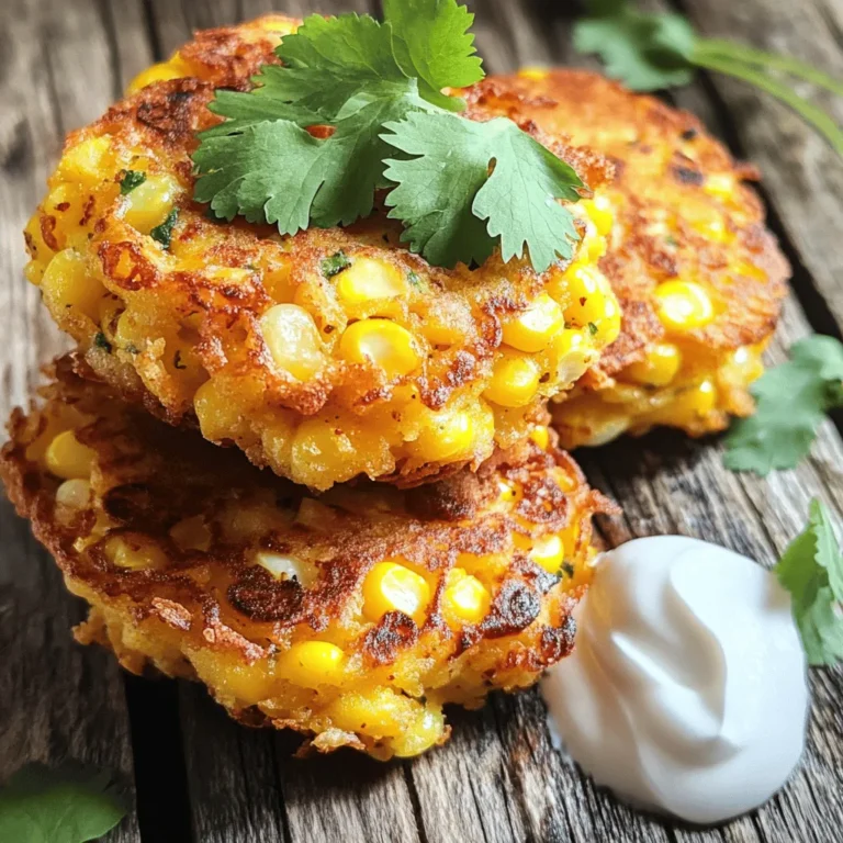 To make sweet corn fritters, gather these ingredients: - 2 cups fresh corn kernels (or 1 can of corn, drained) - 1 cup all-purpose flour - 1/2 teaspoon baking powder - 1/4 teaspoon baking soda - 1/2 teaspoon salt - 1/4 teaspoon black pepper - 1/2 teaspoon smoked paprika - 1 teaspoon sugar - 1/2 cup milk - 2 large eggs - 1 tablespoon chopped fresh cilantro (optional) - 2 tablespoons olive oil (for frying) These ingredients create a tasty and fun dish. Fresh corn gives the best flavor. If you can't find fresh corn, canned corn works too! If fresh corn is not available, you can use frozen corn. Just thaw and drain it. Canned corn is also a good option. Make sure to drain it well to avoid soggy fritters. If you want a different taste, try using a mix of corn and peas. This adds color and a unique flavor. Want to spice things up? You can add more ingredients for extra flavor. Consider these options: - 1/2 cup grated cheese (like cheddar or feta) - 1/2 cup chopped bell peppers - 1-2 teaspoons of hot sauce for heat - Chopped green onions for a fresh taste These additions can make your fritters even more special. Feel free to experiment with your favorites. The full recipe provides a solid base, but the options are endless! To make sweet corn fritters, start by gathering your ingredients. You need fresh corn, flour, and spices. In a large bowl, mix the flour, baking powder, baking soda, salt, black pepper, smoked paprika, and sugar. Whisk these dry ingredients well. In another bowl, whisk the milk and eggs until they blend. Add the corn kernels to this mix. If you like, toss in some chopped cilantro for added flavor. Next, combine the dry mix with the wet mix. Stir gently until they just come together. It’s okay if you see some lumps. Now, heat a non-stick skillet over medium heat. Add one tablespoon of olive oil to the pan. Drop spoonfuls of your batter into the oil. Flatten them a bit with a spatula. Cook each fritter for 3 to 4 minutes, or until they turn golden brown. Flip them and cook the other side for about 2 to 3 more minutes. Once cooked, place the fritters on a plate with paper towels. This helps soak up extra oil. Keep repeating with the rest of the batter, adding more oil as needed. Serve your fritters warm. You can add sour cream, salsa, or avocado if you want. - Don’t Overmix: Just mix until combined. Overmixing makes them tough. - Hot Oil: Ensure the oil is hot before adding batter. This helps them cook evenly. - Batch Cooking: Cook in small batches. This gives you more control over each fritter. You can find great videos online showing how to make sweet corn fritters. Watching someone prepare them helps you see each step clearly. If you want, I can share links to some excellent video tutorials. Check out the Full Recipe for more insights and tips! To get the best texture in your sweet corn fritters, you need balance. The batter should be thick but not dry. Use fresh corn kernels when you can. They add sweetness and a nice crunch. If using canned corn, make sure to drain it well. Mix your wet and dry ingredients gently. Overmixing makes the fritters tough. You want some lumps in the batter for fluffiness. One common mistake is not heating the oil enough. If the oil is too cool, your fritters will soak up oil and become greasy. Another mistake is overcrowding the pan. Leave space between each fritter for even cooking. Also, don’t skip the resting time. Let the batter sit for a few minutes before cooking. This helps the flavors meld and improves the texture. Serve your sweet corn fritters warm for the best taste. They pair well with sour cream, salsa, or even avocado. For a fun twist, add chopped herbs like cilantro or green onions on top. You can also sprinkle some cheese for extra flavor. Enjoy these fritters as a snack, appetizer, or side dish. Check out the Full Recipe for more details on creating this delicious treat! {{image_2}} You can make sweet corn fritters even tastier by adding cheese. Cheese adds a creamy texture and rich flavor. Try adding 1 cup of shredded cheese, like cheddar or mozzarella. Mix the cheese into the batter right before cooking. The cheese will melt and create a gooey center. You will love the mix of sweet corn and savory cheese. For those who like heat, spicy corn fritters are a great choice. Adding jalapeños gives these fritters a kick. Chop 1-2 fresh jalapeños and add them to the batter. You can remove the seeds for less heat. This change makes the fritters exciting and flavorful. Feel free to adjust the amount of jalapeños to your taste. If you need a gluten-free option, you can still enjoy these fritters. Substitute all-purpose flour with gluten-free flour. Almond flour or a gluten-free blend works well. Make sure to check the labels for safety. The texture might be different, but they will still be delicious. Enjoy these variations to make sweet corn fritters your own! For the full recipe, check the link provided. After you enjoy your sweet corn fritters, let them cool down. Place them in an airtight container. Make sure to store them in the fridge. They will stay fresh for about three days. If you want to keep them longer, freezing is a good option. When you’re ready to eat your leftovers, avoid the microwave if you can. Instead, heat a skillet over medium heat. Add a small amount of oil to the pan. Place the fritters in the skillet for about two to three minutes on each side. This way, they will get warm and crispy again. You can also use an oven. Preheat it to 350°F (175°C). Place the fritters on a baking sheet and heat for about 10 minutes. To freeze sweet corn fritters, first cool them completely. Then, arrange them in a single layer on a baking sheet. Freeze them for about an hour. After that, transfer them to a freezer bag. Remove as much air as possible. When you’re ready to eat, take out the fritters and let them thaw in the fridge overnight. Reheat them following the tips above for the best taste. To make sweet corn fritters crispy, you need to focus on a few key points. First, use less batter. This helps create a thin layer that cooks evenly. Second, make sure your oil is hot enough. If the oil is too cool, the fritters will absorb it and become soggy. Third, avoid overcrowding the pan. Fry in batches to allow proper space for each fritter. Finally, place the cooked fritters on paper towels to absorb extra oil. This method keeps them crispy. Yes, you can use frozen corn instead of fresh corn. Frozen corn is often picked at peak ripeness, making it sweet and flavorful. Just thaw and drain it first. This step removes excess moisture, which helps keep the fritters crisp. It’s a great time-saver and works well in this recipe. Sweet corn fritters are versatile and pair well with many sides. You can serve them with sour cream for creaminess. Salsa adds a nice kick, while avocado provides a fresh touch. You could also try them with a simple salad or as a side for grilled meats. The flavors blend beautifully, enhancing your meal. Yes, you can make a vegan version of sweet corn fritters. Replace eggs with flax eggs. Mix one tablespoon of ground flaxseed with three tablespoons of water and let it sit until it thickens. Use plant-based milk, like almond or soy, instead of regular milk. The rest of the recipe stays the same. This way, you enjoy tasty fritters without any animal products. For the full recipe, follow the detailed steps outlined above. In this article, I shared how to make tasty sweet corn fritters. You learned about ingredients, easy steps, and helpful tips. I provided ideas for flavor variations and how to store your fritters. These insights will help you create great meals. Sweet corn fritters are easy to make and fun to tweak. With these tips, you’ll impress your family and friends at every meal. Enjoy cooking and tasting your creations!