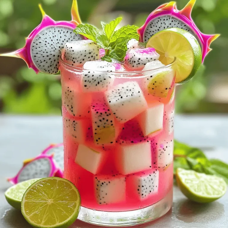 To make a tasty Dragon Fruit Refresher, you need a few simple items. Here’s the list: - 1 cup dragon fruit, peeled and diced (white or pink flesh) - 1 cup coconut water - 1/2 cup fresh lime juice (about 4-5 limes) - 1 tablespoon agave syrup or honey (adjust to taste) - 1/2 cup soda water (or sparkling water for a fizzy boost) - Fresh mint leaves for garnish - Ice cubes You can make your refresher even more fun! Here are some optional garnishes and add-ins: - Slices of lime for a zesty touch - Additional dragon fruit pieces for color - Edible flowers to brighten the drink Selecting the best ingredients makes a big difference. Here are some tips: - Dragon Fruit: Look for bright skin. It should feel firm but not hard. - Coconut Water: Choose fresh coconut water, not from concentrate, for the best taste. - Limes: Pick limes that are heavy for their size. Juicy limes are the best. - Mint: Fresh mint should smell strong. Look for vibrant green leaves with no browning. Now you have everything you need to create a refreshing drink that’s sure to impress! For the complete steps, check out the Full Recipe. Start by gathering all your ingredients. You will need 1 cup of diced dragon fruit, 1 cup of coconut water, and 1/2 cup of fresh lime juice. For sweetness, add 1 tablespoon of agave syrup or honey. This mix tastes best when you blend it well. In a blender, combine the diced dragon fruit, coconut water, lime juice, and agave syrup. Blend on high until smooth. This step is key to getting a creamy base. The bright color of the dragon fruit will make your drink look appealing right away. Next, take a fine mesh sieve and place it over a large pitcher. Pour the blended mixture through the sieve. This helps remove any pulp and gives you a smooth drink. Use a spoon to push the mixture through if needed. This step ensures that your refresher is light and easy to sip. Now it's time for the fizzy part! Add 1/2 cup of soda water to your pitcher. Stir gently to mix everything together. Taste your refresher and add more agave syrup if you want it sweeter. To serve, fill glasses with ice cubes. Pour the dragon fruit mixture over the ice. Garnish with fresh mint leaves. You can also add slices of lime or extra dragon fruit for a fun touch. Enjoy your refreshing drink! For the complete steps, check the Full Recipe. To make the best Dragon Fruit Refresher, balance is key. You want sweet and tart in every sip. Start with fresh dragon fruit. It adds a mild sweetness. Next, use lime juice for a zing. The coconut water gives it a smooth base. Adjust the sweetness with agave syrup or honey. Taste your mix before serving. If it's too sweet, add more lime. If it's too tart, add more sweetener. This way, you can make it just right for you. The look of your Dragon Fruit Refresher matters. First, choose clear glasses to show off the colors. Fill each glass with ice cubes. Pour the refresher over the ice. Garnish each drink with fresh mint leaves. They add a pop of green. You can also add slices of lime or extra dragon fruit on the rim. This makes your drink look fancy. A stunning presentation makes it more fun to drink! Avoid these common pitfalls to make the best refresher. First, don’t skip the straining step. This keeps your drink smooth. Second, don’t add too much soda water. It can water down the flavor. Start with half a cup and adjust as needed. Third, don’t forget to taste your mix. Adjust the sweetness before serving. Lastly, don’t rush the garnish. A little care in adding mint and lime can make a big difference. Follow these tips, and you’ll impress everyone with your drink! {{image_2}} You can easily switch up the dragon fruit refresher with tropical fruits. Pineapple, mango, and passion fruit add a fun twist. For a pineapple refresher, use fresh pineapple chunks. Blend them with the dragon fruit for a sweet and tangy taste. Mango adds creaminess, while passion fruit gives a zesty kick. Sweeteners can change your drink's taste. You can use honey, agave syrup, or maple syrup. If you want a healthier option, try stevia or monk fruit sweetener. Each will give you a different flavor. Start with a little and add more to fit your taste. This makes your refresher just right for you! Want some energy? Try adding tea to your refresher. Green tea or black tea works well. Brew your tea and let it cool before mixing. You can blend it with the coconut water for a refreshing drink. This gives you a caffeine boost while keeping the drink light and tasty. To store leftover Dragon Fruit Refresher, pour it into an airtight container. This keeps it fresh and prevents spills. Store it in the fridge for up to three days. If you want to enjoy it later, give it a good stir before serving. This will mix any settled ingredients. You can freeze the dragon fruit for later use. Cut it into chunks and place them in a freezer-safe bag. Remove as much air as possible before sealing. This helps keep the fruit fresh. Coconut water can also freeze well. Pour it into ice cube trays. Once frozen, store the cubes in a bag. This way, you can add them to future drinks. To maintain the freshness of your refresher, always use fresh ingredients. Store lime juice in the fridge and use it within a week. Keep mint leaves in a glass of water for a few days. Cover them with a plastic bag to keep them fresh longer. For the best taste, serve your drink chilled and enjoy it right after mixing. Follow these steps, and your Dragon Fruit Refresher will stay delicious! For the full recipe, check out the detailed instructions. Yes, you can use frozen dragon fruit. It works well in this recipe. The frozen fruit will make your drink colder and thicker. Just allow it to thaw a bit before blending. This helps it mix well with the other ingredients. The refresher lasts about three days in the fridge. Store it in an airtight container for best results. Over time, the flavors may change slightly. Give it a good stir before serving again. If you want to substitute coconut water, try using flavored water. You could also use regular water with a splash of lime juice. This keeps the drink refreshing and light. Another option is to use fruit juice, like pineapple juice, for a sweeter taste. You can make a great Dragon Fruit Refresher at home. Start with fresh ingredients and add your favorite garnishes. Remember to blend well and strain for a smooth drink. Pay attention to flavor balance for the best taste. If you want to change it up, try tropical fruits or tea. Store any leftovers properly to keep them fresh. This drink is fun and easy to make, and it tastes amazing. Enjoy your homemade refresher and impress others with your skills!