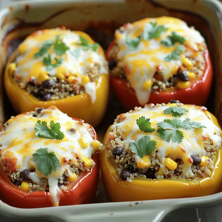- 4 large bell peppers (any color) - 1 cup cooked quinoa (or rice) - 1 cup black beans, rinsed and drained - 1 teaspoon cumin - 1 teaspoon paprika - 1 teaspoon garlic powder - 1 cup shredded cheese (cheddar or mozzarella) - Fresh cilantro for garnish (optional) To make cheesy stuffed bell peppers, we start with fresh ingredients. I love using large bell peppers. They come in many colors, so pick your favorite. Each pepper needs to be hollowed out. This creates a perfect pocket for the tasty filling. Next, I usually use cooked quinoa or rice. Both add a nice texture. The black beans bring protein to the dish. They also add great flavor. Rinse and drain the beans before mixing them in. This keeps the dish light and fresh. Seasonings are key. I always add cumin, paprika, and garlic powder. These spices boost the flavor. They make the filling aromatic and savory. Finally, I top it all with shredded cheese. Cheddar or mozzarella works best. They melt well and create a cheesy crust. If you want, sprinkle fresh cilantro on top for a bright finish. This recipe is simple and fun to make. You can find the full recipe to guide you in the kitchen. Enjoy the process! - Preheat the oven to 375°F (190°C). - Slice the tops off the bell peppers and remove the seeds. First, set your oven to 375°F (190°C). This step warms the oven for even cooking. Next, take your bell peppers and cut off the tops. Make sure to remove all the seeds and membranes. This will give you a nice space to fill with the tasty mixture. Lightly brush the outside with olive oil to enhance flavor and help them brown nicely. - Sauté onions and add remaining ingredients. - Season to taste and mix. In a large skillet, heat some olive oil over medium heat. Add the chopped onion and cook for about 3-4 minutes until they become soft and clear. Now, mix in the cooked quinoa, black beans, corn, and diced tomatoes. Add the spices: cumin, paprika, and garlic powder. Stir it all together and cook for another 3-5 minutes. This helps the flavors blend. Don’t forget to season it with salt and pepper to suit your taste! - Fill the peppers with the mixture. - Cover with foil and bake. Now it’s time to fill the peppers. Carefully spoon the filling into each pepper, pressing it down gently. This will help fit all that yummy goodness inside. Sprinkle the remaining shredded cheese on top of each pepper. Cover your baking dish with foil and place it in the oven. Bake for 25 minutes. After that, take off the foil and bake for another 10 minutes. You want the cheese to be bubbly and golden. Enjoy your cheesy stuffed bell peppers! For more delicious details, check out the Full Recipe. To create a tasty filling, use a mix of grains and beans. This adds nice texture and flavor. I suggest using one cup of cooked quinoa or rice. Quinoa gives a nutty taste, while rice is soft and fluffy. You can also combine both for a unique touch! Cooking times will change based on the pepper size. For large peppers, bake them for about 35 minutes. Smaller peppers may need only 25 minutes. If you want to speed up cooking, you can steam them before baking. This helps them soften well. Different cheeses melt differently. Cheddar melts beautifully and gets that great golden color. Mozzarella also melts well but stays gooey. To get a bubbly cheese top, bake uncovered for the last 10 minutes. This gives you that perfect crispy crust. For the full recipe, check out the details above and enjoy making your cheesy stuffed bell peppers! {{image_2}} You can make your stuffed peppers vegetarian by switching grains or legumes. Try using farro, bulgur, or lentils. These options add great texture and flavor. You can also add more vegetables. Chopped spinach, zucchini, or mushrooms work well. They not only boost nutrition but also make your dish colorful and tasty. For a heartier meal, add ground meat. You can use beef, chicken, or turkey. Just brown it in the skillet before mixing with the other ingredients. If you have leftover proteins, use them too. Shredded rotisserie chicken or cooked sausage can add great flavor. It’s a smart way to avoid waste and create a quick meal. Spices can take your dish to the next level. Mix in chili powder, oregano, or even a dash of hot sauce for a kick. You can also play with different cheese combinations. Mozzarella, feta, or pepper jack each bring unique tastes. Experiment with these to find your favorite mix. For more detailed instructions on making these delicious variations, check out the Full Recipe. To keep your cheesy stuffed bell peppers fresh, place them in the fridge. Use an airtight container to prevent moisture loss. You can store them for up to three days. If you have more than you can eat, consider freezing them for later. You can reheat your stuffed peppers in two ways: the oven or the microwave. - Oven Method: Preheat the oven to 350°F (175°C). Place the peppers in a baking dish and cover them with foil. Heat for about 15-20 minutes or until warm. - Microwave Method: Place one pepper on a microwave-safe plate. Cover it with a damp paper towel. Heat for 1-2 minutes or until it is hot. Both methods work well, but the oven gives a better texture. If you want to freeze the peppers, let them cool completely first. Wrap each pepper tightly in plastic wrap, then place them in a freezer bag. They can last up to three months in the freezer. To thaw, take them out of the freezer and place them in the fridge overnight. You can then reheat them using one of the methods above. Enjoy your cheesy stuffed bell peppers anytime! For the full recipe, check the [Full Recipe]. Yes, you can make these stuffed peppers ahead. To do this, prepare the filling and stuff the peppers. You can store them in the fridge for up to two days. Just wrap them tightly in plastic wrap or foil. When ready to bake, take them out, and let them sit at room temperature for about 30 minutes. This helps them cook evenly. You can also freeze the uncooked stuffed peppers for up to three months. Just remember to thaw them overnight in the fridge before baking. If you want an alternative to quinoa, rice is a great choice. Cooked brown rice adds a nice nutty flavor. You can also use couscous or farro. Just make sure to follow the cooking times on the package. For couscous, it usually cooks in about five minutes. Farro takes about 30 minutes. Each grain gives a different taste and texture, so pick what you like best! To add some heat, you can include diced jalapeños in your filling. They give a nice kick. Another option is to sprinkle red pepper flakes into the mix. If you want a sauce on top, try a spicy salsa or hot sauce. You can even use pepper jack cheese instead of regular cheese. This will spice things up and still keep it cheesy. Cheesy stuffed bell peppers blend tasty ingredients and fun steps. Start with fresh peppers and a hearty filling, as shown in the blog. Remember, you can personalize them with your favorite flavors. I love how easy it is to make these meals ahead and store them. Whether you add meat or go vegetarian, these peppers are a great choice. Enjoy making them your own. Your taste buds will thank you!