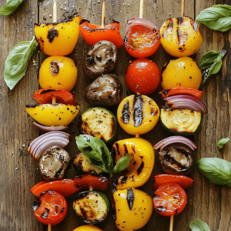 - Red bell pepper chunks - Yellow bell pepper chunks - Zucchini slices - Red onion wedges - Cherry tomatoes - Halved mushrooms - Olive oil - Balsamic vinegar - Minced garlic - Dried oregano - Smoked paprika - Salt and pepper to taste I love choosing colorful veggies for skewers. Red and yellow bell peppers add sweetness. Zucchini gives a nice texture. Red onions add a sharp taste. Cherry tomatoes burst with flavor when grilled. Mushrooms soak up the marinade well. For the marinade, I mix olive oil and balsamic vinegar. This combo adds a tangy taste. I then add minced garlic for a punch of flavor. Dried oregano gives it an Italian twist. Smoked paprika adds a warm, smoky note. Always remember to season with salt and pepper. This makes a big difference. - Fresh basil leaves - Additional seasoning suggestions Garnishing can elevate your skewers. I like to add fresh basil leaves for a bright touch. You can also sprinkle more seasoning on top. Try a dash of chili flakes for some heat. A squeeze of lemon juice adds freshness too. For the full recipe, check the details above. Happy grilling! First, preheat your grill to medium-high heat. This helps to get those nice grill marks. While the grill heats, soak your wooden skewers in water for about 10 to 15 minutes. Soaking prevents them from burning while cooking. Next, grab a large bowl to make the marinade. Combine these ingredients: - 3 tablespoons olive oil - 2 tablespoons balsamic vinegar - 2 cloves garlic, minced - 1 teaspoon dried oregano - 1 teaspoon smoked paprika - Salt and pepper to taste Whisk these together until mixed well. Now, add your chopped vegetables: - 1 red bell pepper, cut into chunks - 1 yellow bell pepper, cut into chunks - 1 zucchini, sliced into thick rounds - 1 red onion, cut into wedges - 8 cherry tomatoes - 1 cup mushrooms, halved Toss the vegetables in the marinade until well coated. Let them sit for about 15 minutes. This step allows the veggies to soak up the flavors. Now it's time to build your skewers. Thread the marinated vegetables onto the soaked skewers. Alternate colors and shapes for a pretty look. Once your grill is ready, place the skewers on it. Close the lid and grill for about 8 to 10 minutes. Turn them occasionally. You want the veggies tender with nice grill marks. When done, take the skewers off the grill and let them sit for a minute. If you like, add fresh basil leaves as a garnish before serving. Enjoy your tasty grilled veggie skewers! For the full recipe, check out the details provided above. To grill veggies just right, keep an eye on the temperature. Aim for medium-high heat. This ensures your veggies cook evenly. If the grill is too hot, they may burn outside while staying raw inside. Overcooking can ruin your skewers. Watch the clock! Grill them for about 8-10 minutes. Turn them often for even cooking. They should be tender but still firm. Want to boost the taste? Try a few different marinades! You can add lemon juice or soy sauce for a new twist. Honey can give a hint of sweetness too. Explore spices and herbs! Fresh thyme or rosemary can add depth. Try chili flakes for some heat. Mix it up based on your mood or what you have at home. Feel free to switch up the veggies! Asparagus, eggplant, or even corn can make great additions. Use seasonal veggies for the freshest taste. You can also add protein! Chicken, shrimp, or tofu can fit right in. Just adjust the grilling time based on the protein. This way, you create a heartier meal. For the full recipe, check the details above. {{image_2}} For a great meal, pair your grilled veggie skewers with tasty sides. Here are some ideas: - Quinoa salad with lemon - Creamy potato salad - Grilled corn on the cob - Flatbreads with herbs You can also serve them with dips and sauces. Some good choices include: - Tzatziki sauce for a cool bite - Hummus for a creamy touch - Chimichurri for a fresh kick Make your skewers shine when you serve them. Try these tips: - Use a large platter to show off the colors. - Place fresh herbs around the skewers for a pop of green. - Drizzle some balsamic glaze over the top for a shiny finish. You can also add lemon wedges for a touch of zest. It adds color and a hint of flavor. If you have leftovers, store them right. Place the skewers in an airtight container. Keep them in the fridge for up to three days. When you want to eat them again, reheating is easy. Simply place the skewers on a grill or in a pan over medium heat. Heat them for about 5 minutes until warm. This keeps them tasty and prevents them from drying out. For more details and tips, check the Full Recipe for Grilled Veggie Skewers. Using seasonal vegetables can make your skewers fresh and tasty. Think of bright summer zucchini or hearty winter squash. These veggies taste great when grilled. You can even mix in fruits for added sweetness. Pineapple and peaches caramelize nicely on the grill. This makes for a fun twist and adds flavor. You can create themed skewers for fun meals. For Mediterranean-inspired skewers, use veggies like eggplant, cherry tomatoes, and olives. Add some feta cheese for extra flavor. For Asian-inspired mixes, try bell peppers, mushrooms, and green onions. Toss them with a little soy sauce or sesame oil. This gives a different taste and style to your skewers. If you want vegan options, skip any cheese and focus on the veggies and fruits. You can grill tofu or tempeh for protein. For gluten-free needs, check your marinade. Use gluten-free soy sauce or tamari for flavor. This way, everyone can enjoy these delicious skewers. You can find the full recipe for grilled veggie skewers to get started on your next meal! Grill veggie skewers for about 8 to 10 minutes. Turn them every few minutes. The goal is to get nice grill marks and a tender texture. If they start to brown, that's a good sign! Yes, you can use frozen vegetables. Make sure to thaw them first. Pat them dry to avoid excess moisture. This helps them grill better and prevents steaming. Great options include: - Red bell pepper chunks - Yellow bell pepper chunks - Zucchini slices - Red onion wedges - Cherry tomatoes - Halved mushrooms These veggies hold up well on the grill and taste amazing! Check for signs like: - Tenderness when pierced with a fork - Nice grill marks on the outside - A slight char without burning These signs show that your veggies are perfectly grilled. Grilled veggie skewers are easy and fun to make. We covered the right vegetables, marinade, and grilling steps. Remember to control the grill’s heat and choose your favorite flavors for the marinade. You can try seasonal or themed skewers to keep meals exciting. Serve with tasty sides, and you’ll impress everyone. Enjoy your cooking adventure!