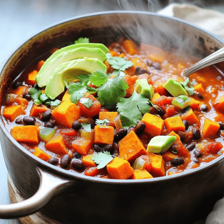 To make Vegan Sweet Potato Black Bean Chili, you'll need some key ingredients. Each one adds its unique flavor and texture. Here is a list of what you will need: - 2 medium sweet potatoes, peeled and diced - 1 can (15 oz) black beans, rinsed and drained - 1 can (15 oz) diced tomatoes - 1 large onion, chopped - 3 cloves garlic, minced - 1 bell pepper (any color), diced - 1 cup vegetable broth - 2 teaspoons chili powder - 1 teaspoon cumin - 1 teaspoon smoked paprika - 1/2 teaspoon cayenne pepper (adjust to taste) - Salt and pepper to taste - 2 tablespoons olive oil - Fresh cilantro for garnish - Avocado slices for serving (optional) This chili offers a great mix of flavors. Sweet potatoes provide natural sweetness. Black beans add protein and creaminess. The spices bring warmth and depth. You can add fresh cilantro or avocado on top for extra flavor. Each ingredient plays an important role, so don't skip any! For the full recipe, check out the details above. To make this chili, start with the sweet potatoes. First, wash them well. Then, use a peeler to remove the skin. Next, cut them into small cubes. Aim for pieces about half an inch wide. This size helps them cook evenly. Now, let’s chop the onion, garlic, and bell pepper. For the onion, slice off both ends. Cut it in half from top to bottom. Peel off the skin and chop it into small pieces. For the garlic, take three cloves, remove the skin, and mince them finely. For the bell pepper, cut it in half, remove the seeds, and chop it into small pieces. Having all your veggies ready makes cooking smooth and fun. Start cooking by heating olive oil in a large pot over medium heat. Once the oil is hot, add the chopped onion and bell pepper. Sauté them for about five minutes. You want the onion to look clear and soft. Then, add the minced garlic. Stir it for one more minute. You’ll love the smell! Next, add the diced sweet potatoes to the pot. Sprinkle in the chili powder, cumin, smoked paprika, cayenne pepper, salt, and pepper. Stir everything together. This step mixes the spices well with the veggies. Then, pour in the vegetable broth and the diced tomatoes. Bring the whole mix to a simmer. Cover the pot and let it cook for about 20 minutes. Stir it occasionally. This helps the sweet potatoes cook well and soak up all the flavor. When the sweet potatoes are tender, it’s time for the next step. Now, add the rinsed black beans to the pot. This adds protein and makes the chili heartier. Let it simmer for another five minutes. This step warms the black beans through. It’s also the time to taste your chili. If you like more heat, you can add more cayenne pepper now. Once everything is done, serve the chili hot. Don't forget to garnish it with fresh cilantro and avocado slices if you like. Enjoy this rich and flavorful dish! Check the Full Recipe for more details. To boost flavor in your chili, use fresh herbs. Fresh cilantro adds bright notes. You can also try lime juice for a zesty touch. When cooking, let the spices bloom. Heat them in oil first. This step draws out their essence. Adjust the spice level by adding cayenne pepper. Start with a little, then taste. Add more if you like heat. You can change the texture of your chili. For a creamy chili, blend part of it. This method thickens the mix while keeping some chunks. If you prefer a chunky chili, add more beans. You can also throw in corn for added crunch. Use a large, heavy pot for even cooking. A Dutch oven works great here. It retains heat and keeps your chili simmering well. A wooden spoon is best for stirring. It won’t scratch your pot and gives you control. A ladle helps for serving, making it easy to dish out. Check out the full recipe for more tips and details to make this dish shine! {{image_2}} You can change the beans used in this chili. Try kidney beans or pinto beans. If you want more veggies, add corn or zucchini. You can also swap sweet potatoes for butternut squash. For added texture, mix in quinoa or brown rice. These grains work well and make it hearty. Herbs and spices can change the taste. Try adding oregano or thyme for a fresh twist. You can also use fresh lime juice for a bright flavor. For a creamy touch, add vegan cheese or cashew cream. These options make the chili rich and satisfying. You can serve it with vegan sour cream on top for extra creaminess. To store leftovers, let the chili cool first. Use an airtight container. Place it in the fridge. It stays fresh for up to five days. When you want to eat it, reheat the chili in a pot over medium heat. Stir often to ensure even heating. You can also use a microwave. Heat in short bursts, stirring in between. For freezing, let the chili cool completely. Use freezer-safe containers or bags. Leave some space at the top for expansion. It can last up to three months in the freezer. When you're ready to eat, take it out and thaw it overnight in the fridge. To reheat, warm it in a pot over low heat. Stir frequently. You can also use the microwave. Heat until it is hot all the way through. Enjoy the rich flavors of your Vegan Sweet Potato Black Bean Chili! For the full recipe, refer to the main section. Yes, you can make this chili in a slow cooker. Here’s how: 1. Start by peeling and dicing the sweet potatoes. 2. Chop the onion, garlic, and bell pepper. 3. In a skillet, heat olive oil and sauté the onion and bell pepper for about 5 minutes. 4. Add the garlic and sauté for another minute. 5. Transfer the sautéed veggies to the slow cooker. 6. Add the diced sweet potatoes, black beans, diced tomatoes, and spices. 7. Pour in the vegetable broth. 8. Stir everything together. 9. Cook on low for 6-8 hours or high for 3-4 hours. This slow-cooking method gives the flavors time to blend well. Yes, this recipe is gluten-free. Here are some key ingredients: - Sweet potatoes - Black beans - Diced tomatoes - Vegetable broth Make sure to check the labels on your broth and spices. Some brands may add gluten. To spice up your chili, try these tips: - Add more cayenne pepper. Start with 1 teaspoon. - Mix in diced jalapeños or serrano peppers. - Use spicy chili powder instead of mild. These options will boost the heat without hiding the other flavors. You want to keep it tasty! This blog post covers how to make Vegan Sweet Potato Black Bean Chili. We explored key ingredients, including spices that enhance flavors. You learned step-by-step how to prep and cook the chili for the best taste and texture. Plus, we shared tips for variations and storing your leftovers. Remember, this chili is flexible. You can change ingredients or spice levels based on your taste. Experiment to find what you love most. Enjoy your cooking!