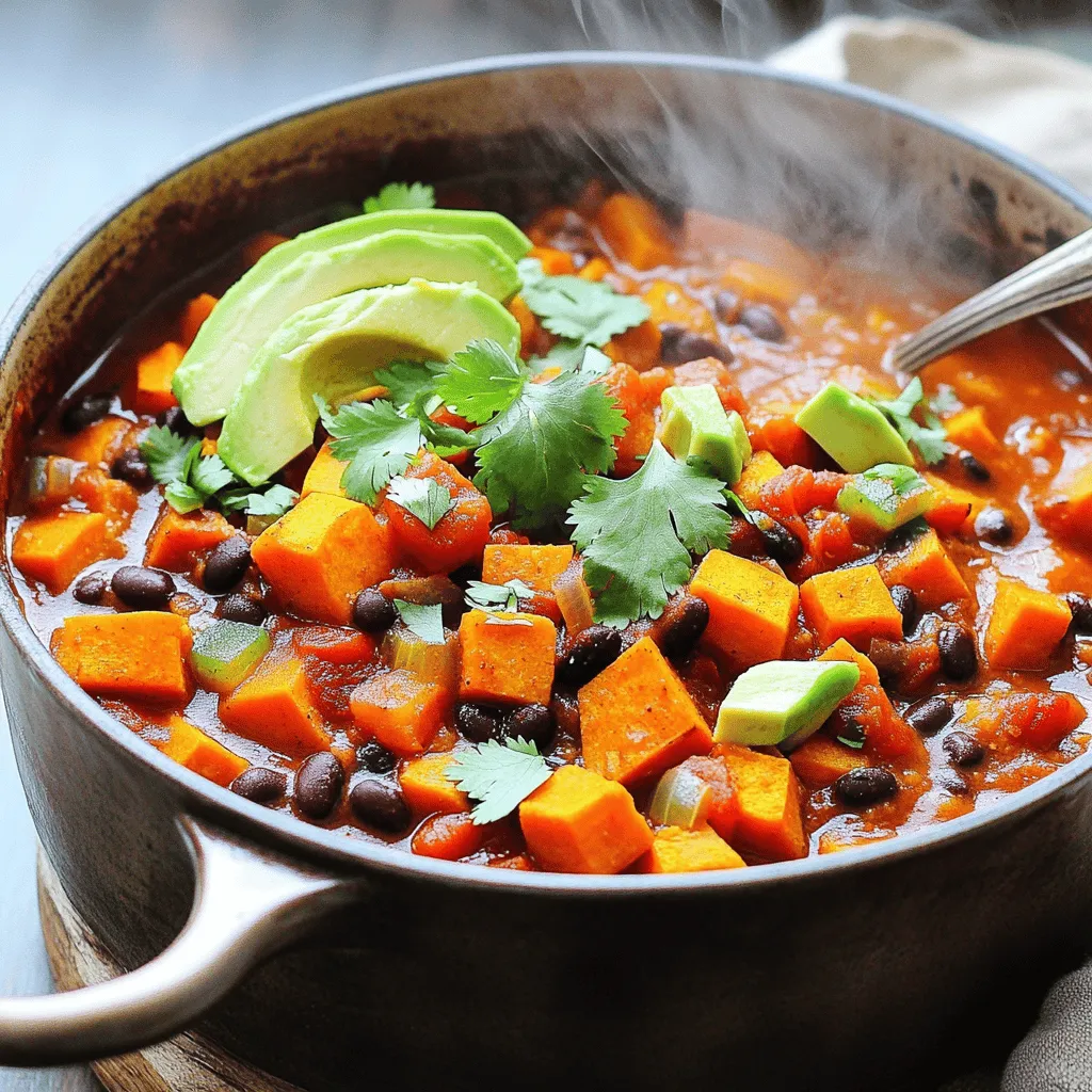 To make Vegan Sweet Potato Black Bean Chili, you'll need some key ingredients. Each one adds its unique flavor and texture. Here is a list of what you will need: - 2 medium sweet potatoes, peeled and diced - 1 can (15 oz) black beans, rinsed and drained - 1 can (15 oz) diced tomatoes - 1 large onion, chopped - 3 cloves garlic, minced - 1 bell pepper (any color), diced - 1 cup vegetable broth - 2 teaspoons chili powder - 1 teaspoon cumin - 1 teaspoon smoked paprika - 1/2 teaspoon cayenne pepper (adjust to taste) - Salt and pepper to taste - 2 tablespoons olive oil - Fresh cilantro for garnish - Avocado slices for serving (optional) This chili offers a great mix of flavors. Sweet potatoes provide natural sweetness. Black beans add protein and creaminess. The spices bring warmth and depth. You can add fresh cilantro or avocado on top for extra flavor. Each ingredient plays an important role, so don't skip any! For the full recipe, check out the details above. To make this chili, start with the sweet potatoes. First, wash them well. Then, use a peeler to remove the skin. Next, cut them into small cubes. Aim for pieces about half an inch wide. This size helps them cook evenly. Now, let’s chop the onion, garlic, and bell pepper. For the onion, slice off both ends. Cut it in half from top to bottom. Peel off the skin and chop it into small pieces. For the garlic, take three cloves, remove the skin, and mince them finely. For the bell pepper, cut it in half, remove the seeds, and chop it into small pieces. Having all your veggies ready makes cooking smooth and fun. Start cooking by heating olive oil in a large pot over medium heat. Once the oil is hot, add the chopped onion and bell pepper. Sauté them for about five minutes. You want the onion to look clear and soft. Then, add the minced garlic. Stir it for one more minute. You’ll love the smell! Next, add the diced sweet potatoes to the pot. Sprinkle in the chili powder, cumin, smoked paprika, cayenne pepper, salt, and pepper. Stir everything together. This step mixes the spices well with the veggies. Then, pour in the vegetable broth and the diced tomatoes. Bring the whole mix to a simmer. Cover the pot and let it cook for about 20 minutes. Stir it occasionally. This helps the sweet potatoes cook well and soak up all the flavor. When the sweet potatoes are tender, it’s time for the next step. Now, add the rinsed black beans to the pot. This adds protein and makes the chili heartier. Let it simmer for another five minutes. This step warms the black beans through. It’s also the time to taste your chili. If you like more heat, you can add more cayenne pepper now. Once everything is done, serve the chili hot. Don't forget to garnish it with fresh cilantro and avocado slices if you like. Enjoy this rich and flavorful dish! Check the Full Recipe for more details. To boost flavor in your chili, use fresh herbs. Fresh cilantro adds bright notes. You can also try lime juice for a zesty touch. When cooking, let the spices bloom. Heat them in oil first. This step draws out their essence. Adjust the spice level by adding cayenne pepper. Start with a little, then taste. Add more if you like heat. You can change the texture of your chili. For a creamy chili, blend part of it. This method thickens the mix while keeping some chunks. If you prefer a chunky chili, add more beans. You can also throw in corn for added crunch. Use a large, heavy pot for even cooking. A Dutch oven works great here. It retains heat and keeps your chili simmering well. A wooden spoon is best for stirring. It won’t scratch your pot and gives you control. A ladle helps for serving, making it easy to dish out. Check out the full recipe for more tips and details to make this dish shine! {{image_2}} You can change the beans used in this chili. Try kidney beans or pinto beans. If you want more veggies, add corn or zucchini. You can also swap sweet potatoes for butternut squash. For added texture, mix in quinoa or brown rice. These grains work well and make it hearty. Herbs and spices can change the taste. Try adding oregano or thyme for a fresh twist. You can also use fresh lime juice for a bright flavor. For a creamy touch, add vegan cheese or cashew cream. These options make the chili rich and satisfying. You can serve it with vegan sour cream on top for extra creaminess. To store leftovers, let the chili cool first. Use an airtight container. Place it in the fridge. It stays fresh for up to five days. When you want to eat it, reheat the chili in a pot over medium heat. Stir often to ensure even heating. You can also use a microwave. Heat in short bursts, stirring in between. For freezing, let the chili cool completely. Use freezer-safe containers or bags. Leave some space at the top for expansion. It can last up to three months in the freezer. When you're ready to eat, take it out and thaw it overnight in the fridge. To reheat, warm it in a pot over low heat. Stir frequently. You can also use the microwave. Heat until it is hot all the way through. Enjoy the rich flavors of your Vegan Sweet Potato Black Bean Chili! For the full recipe, refer to the main section. Yes, you can make this chili in a slow cooker. Here’s how: 1. Start by peeling and dicing the sweet potatoes. 2. Chop the onion, garlic, and bell pepper. 3. In a skillet, heat olive oil and sauté the onion and bell pepper for about 5 minutes. 4. Add the garlic and sauté for another minute. 5. Transfer the sautéed veggies to the slow cooker. 6. Add the diced sweet potatoes, black beans, diced tomatoes, and spices. 7. Pour in the vegetable broth. 8. Stir everything together. 9. Cook on low for 6-8 hours or high for 3-4 hours. This slow-cooking method gives the flavors time to blend well. Yes, this recipe is gluten-free. Here are some key ingredients: - Sweet potatoes - Black beans - Diced tomatoes - Vegetable broth Make sure to check the labels on your broth and spices. Some brands may add gluten. To spice up your chili, try these tips: - Add more cayenne pepper. Start with 1 teaspoon. - Mix in diced jalapeños or serrano peppers. - Use spicy chili powder instead of mild. These options will boost the heat without hiding the other flavors. You want to keep it tasty! This blog post covers how to make Vegan Sweet Potato Black Bean Chili. We explored key ingredients, including spices that enhance flavors. You learned step-by-step how to prep and cook the chili for the best taste and texture. Plus, we shared tips for variations and storing your leftovers. Remember, this chili is flexible. You can change ingredients or spice levels based on your taste. Experiment to find what you love most. Enjoy your cooking!