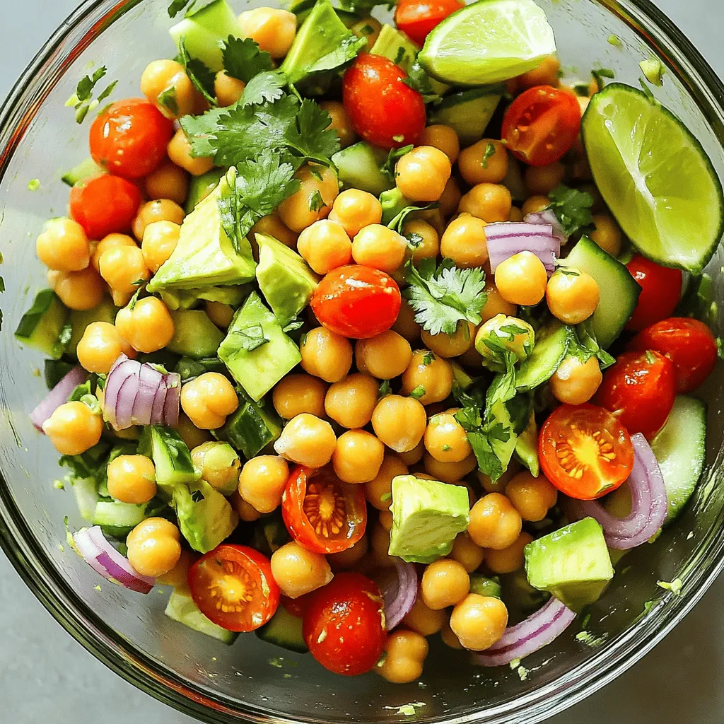 - 1 can (15 oz) chickpeas, drained and rinsed - 2 ripe avocados, diced - 1 cup cherry tomatoes, halved - 1 small red onion, finely chopped - 1 medium cucumber, diced The heart of this Avocado Chickpea Salad shines with chickpeas and avocados. Chickpeas pack protein and fiber. They fill you up and keep you satisfied. Avocados add creaminess and healthy fats. Their rich taste balances the salad perfectly. Cherry tomatoes bring a burst of sweetness. Their freshness brightens every bite. Red onion adds a sharp crunch. It gives depth to the salad. Cucumber contributes a cool, crisp texture. It keeps each mouthful refreshing. - 2 tablespoons olive oil - 1 tablespoon fresh lime juice - 1 teaspoon cumin - Salt and pepper to taste The dressing ties the salad together. Olive oil acts as a smooth base. It adds richness without overpowering. Fresh lime juice brightens the flavors. Its tangy taste complements the creamy avocado. Cumin gives a warm, earthy note. It enhances the overall flavor profile. Salt and pepper bring everything together. They add just the right amount of seasoning. - Additional herbs (e.g., parsley, basil) - Feta cheese - Bell peppers You can customize your salad further. Fresh herbs like parsley or basil add extra flavor. They enhance the freshness of the dish. Feta cheese brings a salty bite. It pairs well with the creamy avocado. Bell peppers add color and crunch. Their sweetness balances the salad's flavors. You can mix and match these add-ins to create your perfect bowl of goodness. For the full recipe, check out the detailed instructions. To start, gather your main ingredients. In a large bowl, combine: - 1 can (15 oz) chickpeas, drained and rinsed - 2 ripe avocados, diced - 1 cup cherry tomatoes, halved - 1 small red onion, finely chopped - 1 medium cucumber, diced - 1/4 cup fresh cilantro, chopped This mix brings a colorful and fresh vibe to your salad. Next, in a small bowl, whisk together your dressing. You’ll need: - 2 tablespoons olive oil - 1 tablespoon fresh lime juice - 1 teaspoon cumin - Salt and pepper to taste Make sure the dressing is smooth and well mixed. Now, it’s time to bring everything together. Drizzle the dressing over your salad mixture. Toss gently, but be careful not to mash the avocados. You want all the ingredients coated in that zesty dressing. Taste your salad. If it needs more flavor, adjust with extra lime juice, salt, or pepper. Let your salad sit for about 10 minutes. This resting time allows the flavors to meld perfectly. The longer it sits, the better it tastes! Serve chilled or at room temperature. This Avocado Chickpea Salad is a fresh and healthy delight that you’ll love. For the full recipe, check out the detailed steps above! Choosing ripe avocados is key for this salad. Look for avocados that yield slightly when you press them. This means they are soft but not mushy. If they are too firm, give them a few days to ripen at room temperature. When it comes to chickpeas, fresh is great, but canned chickpeas work well too. Canned chickpeas save time and are still tasty. Just be sure to rinse them well to remove excess salt. This salad shines when served with warm pita or crusty bread. You can also enjoy it as a dip. Pair it with crunchy veggies for a great snack. Add some feta cheese for extra creaminess and flavor. For a full meal, serve the salad alongside grilled chicken or fish. The fresh ingredients add a nice balance to hearty meats. If you want a vegan option, this salad is already perfect! Just skip the feta cheese. For gluten-free diets, enjoy this dish as is. It’s naturally gluten-free, so you can serve it safely to anyone avoiding gluten. Explore these tips to make your Avocado Chickpea Salad even better. For detailed steps, check the Full Recipe. {{image_2}} You can easily change the taste of your avocado chickpea salad. Try a spicy version! Add chopped jalapeños or a dash of hot sauce. This adds a kick of flavor that warms the palate. Another great option is a Mediterranean twist. Mix in some olives, feta cheese, and artichoke hearts. This gives your salad a unique and savory taste. Don't have chickpeas? Use quinoa or rice instead. These grains add a nice texture and make the salad filling. Just cook them first, then let them cool before mixing. You can also swap out chickpeas for other beans. Black beans or kidney beans work well too. They each bring their own flavor and nutrition to the dish. Add seasonal vegetables to keep things fresh. In spring, try peas or asparagus. In summer, bell peppers or zucchini shine. These veggies not only taste great, but they also add color and crunch. Adjust ingredients based on what’s available. This helps you use what’s fresh and in-season. Your salad can be new and exciting each time you make it! For the full recipe, check the details above. After you make your avocado chickpea salad, store any leftovers in the fridge. Use an airtight container to keep the salad fresh. Glass containers work best, as they do not stain or hold odors. You can also use plastic containers, but make sure they seal tightly. You can freeze avocado chickpea salad, but it may change texture. To freeze, place the salad in a freezer-safe bag. Remove as much air as possible before sealing. This helps prevent freezer burn. When you're ready to eat, thaw it in the fridge overnight. Note that the avocado may become mushy after freezing. To keep your ingredients fresh, buy them just before you plan to make the salad. Store avocados at room temperature. For long-term storage, place avocados in the fridge once they ripen. To avoid browning, squeeze fresh lime juice on the avocado pieces. This adds flavor and keeps them looking vibrant. To make this salad, follow these simple steps: 1. Start with a large bowl. Add 1 can of drained and rinsed chickpeas. 2. Next, add 2 diced ripe avocados. 3. Toss in 1 cup of halved cherry tomatoes. 4. Add 1 finely chopped small red onion and 1 diced medium cucumber. 5. For a fresh taste, include 1/4 cup of chopped cilantro. 6. In a smaller bowl, whisk 2 tablespoons of olive oil, 1 tablespoon of fresh lime juice, and 1 teaspoon of cumin. 7. Sprinkle salt and pepper to taste. 8. Drizzle the dressing over the salad mix. 9. Toss gently to combine without mashing the avocados. 10. Let it sit for about 10 minutes to let the flavors blend. 11. Serve chilled or at room temperature. You can find the Full Recipe for a detailed guide. If you want a different base, you have options. Try black beans for a rich flavor. White beans, like cannellini, work well too. For a gluten-free option, use quinoa. Lentils can add protein and texture. Just cook them first, then mix them in. Each choice will give a unique taste to your salad. This salad is best fresh but can last in the fridge for about 2 days. Store it in an airtight container. To keep it fresh, avoid mixing in dressing until ready to serve. If the avocados brown, add lime juice to slow this down. But for the best taste, enjoy it soon after making! This blog post guides you through making a tasty avocado chickpea salad. You learned about key ingredients, steps to prepare it, and helpful tips. I shared variations and storage info to keep your salad fresh. This salad is easy to make and fun to customize. Whether you add herbs or swap ingredients, it’s all about your taste. Enjoy your delicious creation and share it with friends and family!