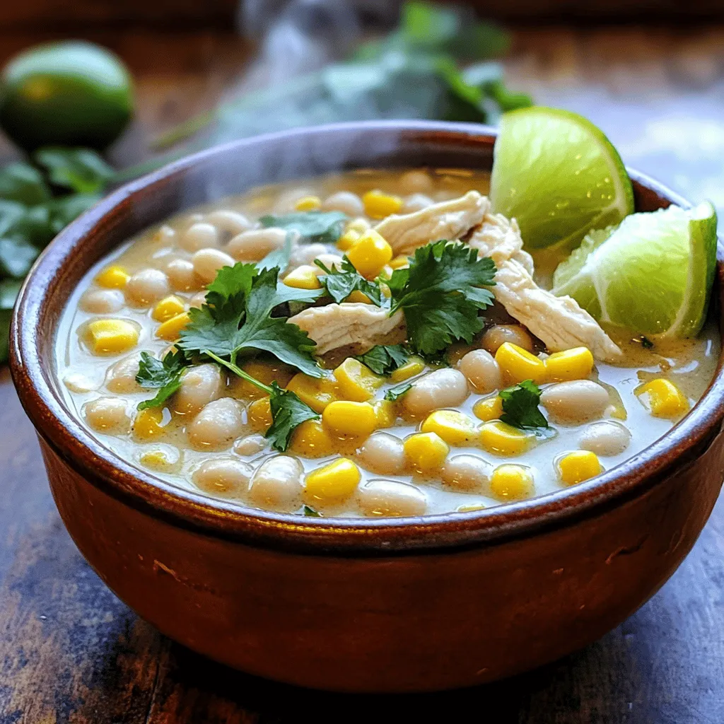 - 1 lb boneless, skinless chicken breasts, diced - 2 (15 oz) cans white beans (cannellini or great northern) - 4 cups low-sodium chicken broth - 1 cup sour cream or Greek yogurt - 1 teaspoon cumin - 1 teaspoon chili powder - ½ teaspoon smoked paprika - Fresh cilantro, chopped - Lime wedges For white chicken chili, you need simple but tasty ingredients. Start with chicken breasts. You can use any brand you like. Diced chicken cooks fast and absorbs flavor well. White beans are next. They give the chili creaminess and protein. Canned beans save time. I love using cannellini or great northern beans for this dish. Chicken broth adds depth. Choose low-sodium broth to control salt. Sour cream or Greek yogurt gives a rich finish. This makes your chili creamy and smooth. Now, let’s talk spices. Cumin and chili powder bring warmth and depth. Smoked paprika adds a nice, subtle smokiness. You can adjust these to suit your taste. For garnishes, fresh cilantro brightens the dish. Lime wedges add a zesty kick. These are not just pretty—they enhance the flavor and freshness of the chili. To view the full list with steps, check the Full Recipe. This way, you can gather all the ingredients and get ready to cook. - Heat olive oil in a large pot or Dutch oven. - Cook chicken and set aside. First, pour the olive oil into your pot. Turn the heat to medium. Wait until the oil is hot. Then, add the diced chicken. Cook it for about 5 to 7 minutes. Make sure the chicken is no longer pink. Once cooked, remove the chicken and place it on a plate. - Sauté onions and garlic until fragrant. - Combine all ingredients and bring to a boil. Next, add the chopped onion to the same pot. Stir it around for about 3 to 4 minutes until it turns soft. Then, toss in the minced garlic. Cook this for 1 more minute. The smell will be amazing! Now, return the cooked chicken to the pot. Add the white beans, diced green chilies, chicken broth, cumin, chili powder, smoked paprika, and corn. Give it a good stir. Bring the mixture to a boil. - Simmer to meld flavors. - Stir in sour cream and adjust seasoning. Once boiling, reduce the heat. Let the chili simmer uncovered for about 15 to 20 minutes. This lets all the flavors mix well. After that, stir in the sour cream until it blends smoothly. Taste your chili and add salt and pepper as needed. If it's too thick, just splash in some extra chicken broth. Serve your chili hot, garnished with fresh cilantro and lime wedges on the side. For the full recipe, check out the detailed guide. To make your chili just right, you can adjust the spice levels. Start with the basic spices in the recipe. After cooking, taste the chili. If you want more heat, add a pinch of cayenne pepper. For a milder taste, use less chili powder. The right consistency is key for chili. If it’s too thick, stir in more chicken broth. If it’s too thin, simmer it longer. This lets the flavors deepen and meld together. You can use a slow cooker or Instant Pot for this dish. Both methods make cooking easy. For a slow cooker, combine all ingredients and cook on low for 6-8 hours. If using an Instant Pot, set it for 15 minutes on high pressure. Both ways will give you a tasty chili. Stovetop methods let you watch the chili closely. With this method, you can adjust flavors as it cooks. Oven methods can also work, but they take longer. I prefer stovetop for speed and control. White chicken chili pairs well with many sides. Cornbread is a classic choice. It adds a nice, sweet touch. You can also serve it with tortilla chips for crunch. For toppings, try fresh cilantro and lime. They add brightness to each bite. Other options include shredded cheese, diced avocado, and jalapeños for extra flavor. Feel free to mix and match to find your favorite combination! {{image_2}} You can switch the chicken for other meats like turkey or even tofu. Turkey works well and gives a lighter taste. Tofu adds protein and is great for a veggie option. You can also use leftover rotisserie chicken. It saves time and adds flavor. Just shred it and mix it in. For a meat-free chili, use beans and veggies instead of chicken. Black beans or pinto beans can give you a hearty feel. You can also add mushrooms for texture. For dairy-free options, skip the sour cream. You could use coconut cream or cashew cream. Both add creaminess without dairy. To make your chili even tastier, try adding spices like oregano or cayenne pepper. These can add depth and heat. You can also toss in veggies like bell peppers or zucchini. These not only enhance the taste but also boost nutrition. How long will it last in the fridge? White chicken chili can last up to four days in your fridge. To keep it fresh, store it in an airtight container. Proper storage helps maintain its flavor and texture. Best practices for freezing chili include letting it cool completely before you freeze it. Use freezer-safe containers or bags. This helps prevent freezer burn. How to reheat frozen chili for optimal taste? Thaw it in the fridge overnight. Heat it gently on the stove or in the microwave. Stir often to ensure even heating. Creative ideas for utilizing leftover white chicken chili include making chili nachos. Just layer tortilla chips with chili and cheese, then bake. You can also use it as a filling for burritos or tacos. Another great idea is to mix it into a creamy pasta dish. Each option brings new life to your delicious leftovers! What can I substitute for sour cream in White Chicken Chili? You can use Greek yogurt in place of sour cream. It gives a similar tangy taste. You can also try cream cheese, but thin it out with a little milk. This keeps the chili creamy and rich. Can I use canned chicken for this recipe? Yes, you can use canned chicken. Just drain it well and add it at the end. Canned chicken cooks faster, so make sure to adjust your cooking time. This is an easy way to save time. Is White Chicken Chili healthy? Yes, White Chicken Chili can be healthy. It has lean protein from chicken and fiber from beans. Use low-sodium broth to keep the salt low. You can also add more veggies for extra nutrients. How can I make it gluten-free? To make it gluten-free, use gluten-free chicken broth. Most beans and spices are already gluten-free. Always check labels to ensure they meet your needs. This way, everyone can enjoy the chili. How do I thicken White Chicken Chili? You can thicken your chili by adding more beans. Just mash some beans and stir them in. Another option is to simmer it longer to reduce the liquid. This gives you a nice, thick texture. Can I make this chili in advance? Yes, you can make the chili in advance. It tastes even better the next day as flavors meld. Store it in the fridge for up to three days. Reheat it on the stove before serving. For the full recipe, check the link. This article covered everything you need to make White Chicken Chili. We discussed key ingredients, cooking steps, and even variations. You can customize the dish using different proteins or spices. Proper storage and reheating tips ensure you enjoy it for days. Try adding your favorite toppings for extra flair. Most of all, have fun cooking and share your delicious creation with others. Enjoy every bite of this hearty meal. Your kitchen will love this recipe, and so will your taste buds!
