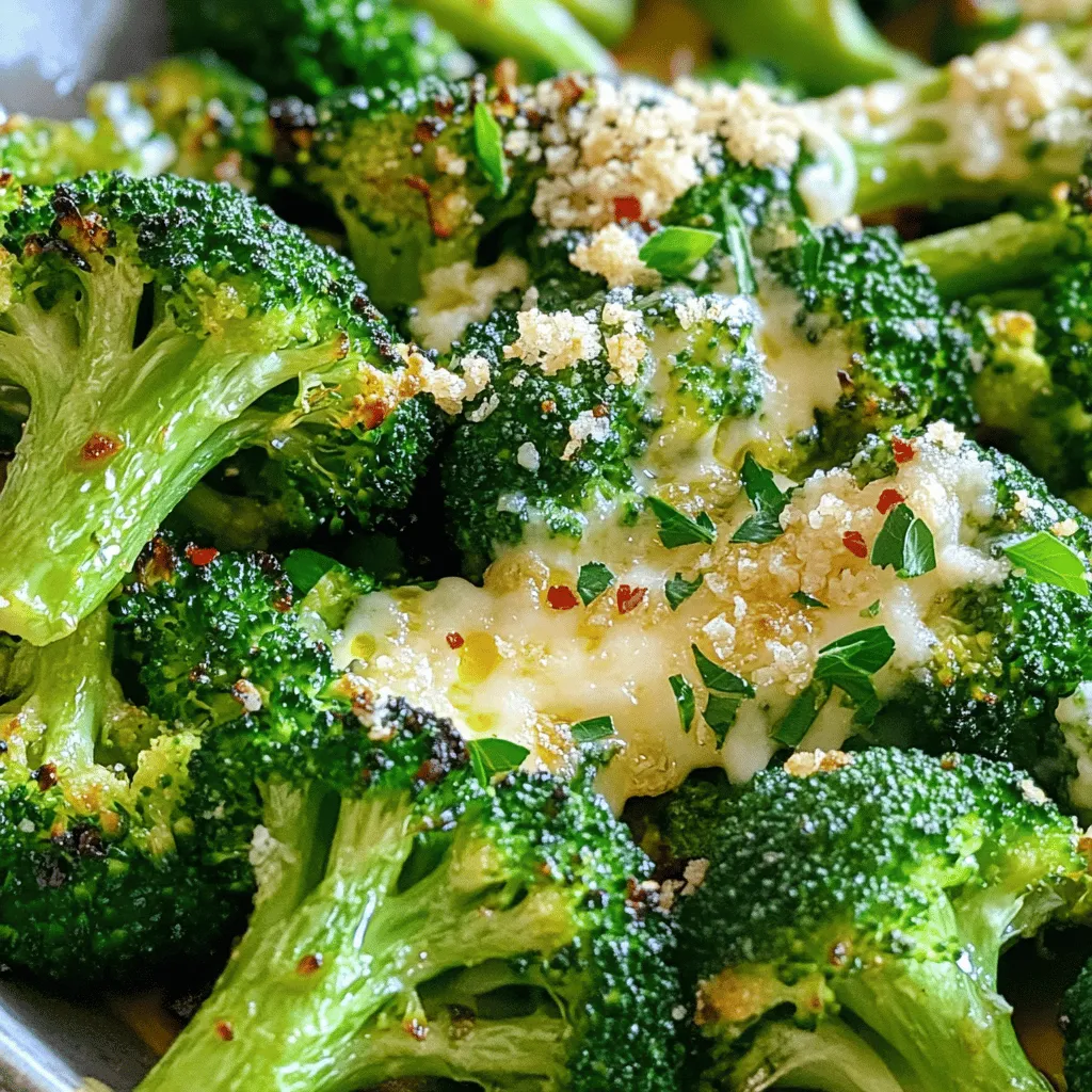 Garlic Parmesan Roasted Broccoli is a tasty veggie dish. This recipe is easy and quick. You can make it in just 30 minutes. It serves about four people. You will love the mix of garlic and cheese. It makes broccoli shine on your plate. To make this dish, you need these key ingredients: - 1 large head of broccoli, cut into florets - 3 tablespoons olive oil - 4 cloves garlic, minced - 1/2 cup grated Parmesan cheese - 1 teaspoon lemon zest - Salt and pepper to taste These ingredients come together for a great flavor. The olive oil helps the broccoli roast well. Garlic adds a strong, rich taste. Parmesan gives a nice cheesy touch. You may want to add a few optional ingredients to boost the dish: - 1/2 teaspoon red pepper flakes (optional) - 2 tablespoons fresh parsley, chopped (for garnish) Red pepper flakes give a little heat. They make the dish more exciting. Fresh parsley adds color and freshness. You can use these options to match your taste. For the full recipe, check out the detailed instructions. To start, gather your ingredients. You need: - 1 large head of broccoli, cut into florets - 3 tablespoons olive oil - 4 cloves garlic, minced - 1/2 cup grated Parmesan cheese - 1 teaspoon lemon zest - 1/2 teaspoon red pepper flakes (optional) - Salt and pepper to taste - 2 tablespoons fresh parsley, chopped (for garnish) Preheat your oven to 400°F (200°C). Line a baking sheet with parchment paper. This step keeps the broccoli from sticking. In a large bowl, mix the broccoli florets, olive oil, minced garlic, lemon zest, red pepper flakes, salt, and pepper. Toss everything well. Make sure the broccoli is coated evenly. Spread the broccoli in a single layer on the prepared baking sheet. This helps it roast evenly. Place the sheet in the oven and roast for about 15 minutes. After 15 minutes, take it out. Sprinkle the grated Parmesan cheese over the broccoli. Return it to the oven and roast for another 10-12 minutes. Look for melted cheese and crispy edges. To make sure your broccoli turns out crispy, avoid overcrowding the baking sheet. If the florets are too close, they will steam instead of roast. You can also try using a convection setting on your oven if you have it. This helps circulate hot air. For an extra crunch, you can broil the broccoli for 1-2 minutes at the end. Just watch it closely to avoid burning. For the full recipe, check out the complete instructions for Garlic Parmesan Roasted Broccoli. To get the best flavor from broccoli, start by picking fresh heads. Look for deep green florets and firm stems. Cut the broccoli into even florets. This helps them cook at the same rate. Wash them well to remove any dirt. Pat them dry with a towel to ensure they roast nicely. Drizzle olive oil generously. This helps the garlic and cheese stick while adding flavor. You can easily change this dish to suit your taste. Try adding lemon juice for extra zing. If you like heat, increase the red pepper flakes. You can also swap in other cheeses. Grated Pecorino Romano or shredded mozzarella work great too. For a twist, toss in some cherry tomatoes or bell peppers with the broccoli. This adds color and nutrition to your meal. Serve Garlic Parmesan Roasted Broccoli as a side dish with grilled chicken or fish. It also pairs well with pasta dishes for a veggie boost. For a fun twist, chop it up and mix it into a salad. You could even use it as a topping on a pizza. The options are endless! Enjoy this dish warm for the best taste. Check the Full Recipe for more details. {{image_2}} You can swap out Parmesan for other cheeses. Here are some tasty options: - Pecorino Romano: This cheese is saltier and has a strong flavor. - Asiago: It melts well and adds a nutty taste. - Cheddar: Sharp cheddar gives a creamy and rich flavor. - Feta: Crumbled feta adds a tangy twist. Mixing different cheeses can surprise your taste buds and keep meals fresh. Want to make this dish heartier? Add protein! Here are some great ideas: - Chicken: Diced chicken breast cooks well with broccoli. - Shrimp: Shrimp roast quickly and pair nicely with the cheese. - Tofu: Firm tofu can soak up flavors and adds texture. - Chickpeas: Roasted chickpeas add crunch and protein. These additions turn your side dish into a full meal that satisfies. You can easily adapt this recipe for different diets. For vegetarians, simply use different cheeses. If you want it vegan, try these swaps: - Nutritional Yeast: This gives a cheesy flavor without dairy. - Vegan Cheese: Many brands offer great plant-based options. - Olive Oil: Use this as your base fat. These options ensure everyone can enjoy this tasty dish. Check the Full Recipe for more details! Once you finish your meal, allow the Garlic Parmesan roasted broccoli to cool. Place the leftovers in an airtight container. Store them in the fridge. They will stay fresh for about 3 to 4 days. This method keeps the flavors intact. To reheat, preheat your oven to 350°F (175°C). Spread the broccoli on a baking sheet. Bake for about 10 to 15 minutes. This method helps to keep the broccoli crispy. You can also use a microwave. Heat in short bursts, checking often, for about 1 to 2 minutes. If you want to freeze Garlic Parmesan roasted broccoli, let it cool completely first. Place it in a freezer-safe bag or container. It can last for up to 3 months in the freezer. When you're ready to use it, thaw in the fridge overnight before reheating. This keeps the taste and texture nice. For the best flavor, enjoy it fresh, but freezing is a great option! Want the full recipe? Check it out [here](#). Yes, you can use frozen broccoli. Just make sure to thaw it first. Pat it dry to remove extra moisture. This will help it roast better. Frozen broccoli may not get as crispy as fresh, but it still tastes great. If you don’t have Parmesan cheese, try using Pecorino Romano. It has a similar taste. Nutritional yeast is a good dairy-free option. It adds a cheesy flavor without any dairy at all. You can also use any hard cheese you like. To make this dish ahead, prepare the broccoli and coat it with oil and spices. Store it in the fridge for up to two days. When you’re ready, roast it in the oven. Just add a few extra minutes to the cooking time. Enjoy this flavorful veggie dish at your convenience. Check out the Full Recipe for more details! This blog post explored how to make Garlic Parmesan Roasted Broccoli. We discussed key ingredients, offered step-by-step instructions, and shared helpful tips for crispiness. You learned how to customize the dish with different herbs and proteins, plus variations for vegetarian and vegan diets. Storing leftovers properly keeps your meal fresh. Remember, you can always experiment with flavors to make this dish your own. Enjoy the process and keep cooking delicious meals!