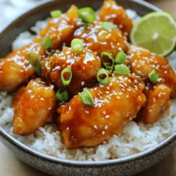 - 1 pound boneless skinless chicken thighs - 1 cup freshly squeezed orange juice - 2 tablespoons soy sauce - 3 tablespoons honey - 2 cloves garlic, minced - 1 tablespoon grated ginger - 1 tablespoon cornstarch mixed with 2 tablespoons water - 1 tablespoon sesame oil - 1 teaspoon chili flakes (optional) - Green onions and sesame seeds for garnish Sticky orange chicken starts with fresh, high-quality ingredients. The chicken thighs give a rich, juicy bite. The orange juice adds a bright and tangy flavor. Soy sauce brings a deep umami taste. Honey sweetens the dish and helps it stick. Garlic and ginger add warmth and aroma. For the sauce, a cornstarch slurry thickens it just right. Sesame oil gives a nutty note. If you like spice, add chili flakes for heat. Garnish with green onions and sesame seeds. They add color and crunch. You can find the full recipe to get all the details needed to make this delicious dish. Start by making the marinade. In a bowl, whisk together these ingredients: - 1 cup freshly squeezed orange juice - 2 tablespoons soy sauce - 3 tablespoons honey - 2 cloves garlic, minced - 1 tablespoon grated ginger - 1 tablespoon sesame oil Once mixed well, add the chicken pieces. Make sure each piece is coated in the marinade. Cover the bowl and let it sit in the fridge for at least 30 minutes. If you have time, let it marinate for up to 2 hours. This step is key for flavor. Heat a large skillet over medium-high heat. Once hot, add the marinated chicken. Sauté it for about 5-7 minutes. You want it cooked through and lightly caramelized. After that, reduce the heat to medium. Pour in the reserved marinade. Let it simmer for about 3-4 minutes. This will help deepen the flavors. Now it’s time to thicken the sauce. Stir in a cornstarch slurry made from 1 tablespoon of cornstarch mixed with 2 tablespoons of water. Keep cooking for another 1-2 minutes. Stir constantly until the sauce reaches that sticky consistency. This is where your sticky orange chicken gets its name. For full details on the ingredients and prep time, check the Full Recipe. To make your sticky orange chicken shine, coat the chicken well in the marinade. This step ensures maximum flavor. When you add the chicken, use your hands or a spoon to mix it in. For the best taste, marinate your chicken for at least 30 minutes. If you have time, aim for 2 hours. The longer it sits, the more the flavors will soak in. To get the right sauce thickness, keep an eye on it as it cooks. If it seems too thin, let it simmer longer. If it’s too thick, add a splash of water or more orange juice. Balancing sweet and savory is key. Taste your sauce and adjust as needed. You can add a bit more soy sauce for saltiness or honey for sweetness. Sticky orange chicken pairs well with white or brown rice. The rice soaks up the sauce nicely. You might also try it with steamed veggies for color and crunch. For a beautiful presentation, serve the chicken in a shallow bowl over rice. Drizzle extra sauce on top, and add green onions and sesame seeds. A lime wedge on the side adds a pop of color and freshness. {{image_2}} You can easily switch up the protein in sticky orange chicken. Instead of chicken thighs, try using chicken breasts, shrimp, or tofu. Each option brings its own taste and texture. If you want a lighter dish, fish like salmon works well too. For a fruity twist, use different juices. Pineapple juice adds a tropical flair. Apple juice provides a sweet touch, while lime juice gives a zesty kick. Each juice changes the flavor in a fun way. To make this dish gluten-free, choose tamari instead of soy sauce. This keeps the same savory taste without gluten. Check your honey to ensure it’s pure, as some brands may contain additives. For vegetarian options, swap chicken for cauliflower or chickpeas. Both options absorb the flavors well. You can still enjoy all the great taste with these swaps. If you like heat, add more chili flakes or fresh chopped chilies. You can also try sriracha or chili paste for extra spice. Mix in these ingredients while cooking for the best flavor. For a milder version, reduce or skip the chili flakes. Serve this dish with a side of steamed broccoli or carrots. These veggies balance the flavors and are kid-friendly. After cooking, you can store your sticky orange chicken in the fridge. Place it in an airtight container. This keeps it fresh and tasty. Your leftovers last about three to four days in the refrigerator. Make sure to let it cool down before sealing it up. This helps prevent moisture buildup. If you want to save it for later, freezing is a great option. First, let the chicken cool completely. Then, place it in a freezer-safe container or bag. Try to remove as much air as possible. This helps prevent freezer burn. Sticky orange chicken can stay in the freezer for up to three months. When you are ready to eat it, take it out and thaw it overnight in the fridge. When it’s time to enjoy your leftovers, you have two good options: the microwave or the stovetop. - Microwave: This is quick and easy. Place the chicken in a microwave-safe dish. Cover it with a lid or a damp paper towel. Heat it in short bursts, stirring in between. This helps keep it moist. - Stovetop: This way helps maintain the texture and flavor. Heat a skillet over medium heat. Add a splash of water or broth to keep it from drying out. Cook until it's hot, stirring often. Both methods work well, but the stovetop keeps the sticky sauce nice and thick. To add heat to your Sticky Orange Chicken, use chili flakes. You can add them while cooking. Start with a teaspoon and adjust to your taste. For a stronger kick, consider fresh chopped chili peppers. These can add a nice crunch too. Yes, you can use chicken breasts. They will work well in this recipe. However, thighs have more fat, which makes them juicier. If you choose breasts, be careful not to overcook them. This will keep them tender and juicy. Sticky Orange Chicken pairs well with many sides. Here are some great options: - Steamed rice - Fried rice - Stir-fried vegetables - Noodles - Salad with a light dressing These sides balance the sweet and tangy flavor of the chicken. Store leftovers in an airtight container. Keep them in the fridge for up to three days. Make sure the chicken cools down before sealing it. This keeps the chicken fresh and safe to eat. Reheat Sticky Orange Chicken on the stove for best results. Use low heat and stir often. This will keep it from drying out. You can also use the microwave. Just cover it and heat in short bursts. Check often to avoid overheating. For the full recipe, check the section above. This blog post covered how to make Sticky Orange Chicken with simple steps and tasty tips. We discussed key ingredients, marinating, cooking, and thickening the sauce. I shared storage info, variations, and answers to common questions. Try this recipe for a fun dinner or gathering. It’s tasty and easy to adjust! Enjoy making it your own and impressing your friends with your cooking skills. Stick to these steps for a dish that’s sure to please.