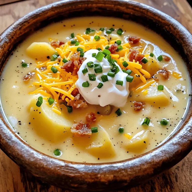 To make a creamy and comforting loaded baked potato soup, you'll need the following ingredients: - 4 large russet potatoes, peeled and diced - 1 medium onion, chopped - 3 cloves garlic, minced - 4 cups vegetable broth - 1 cup heavy cream or coconut cream - 1 cup shredded cheddar cheese - 1/2 cup sour cream or Greek yogurt - 4 slices turkey bacon or tempeh bacon (optional) - 1 teaspoon smoked paprika - Salt and pepper to taste - 2 green onions, chopped - Fresh chives, chopped Each ingredient plays a role in building flavor. The russet potatoes bring creaminess, while the onion and garlic add depth. The vegetable broth provides a rich base that ties everything together. I love using heavy cream for that lovely texture, but coconut cream works well for a vegan twist. The cheese and sour cream add a nice tang and richness. If you choose to use bacon, it adds a savory crunch on top! Smoked paprika brings a warm hint of spice. Finally, green onions and chives add color and freshness. For the full recipe, check out the detailed instructions provided earlier. Enjoy cooking! Cooking Loaded Baked Potato Soup is simple and fun. Let’s break it down into easy steps. - First, heat a splash of vegetable broth in a large pot. - Add the chopped onion and sauté it for about five minutes. - When the onion turns soft, add the minced garlic. Cook for one to two more minutes. - Next, add the diced potatoes to the pot. - Pour in the vegetable broth and bring it to a boil. - Once it boils, lower the heat and let it simmer for 15 to 20 minutes. The potatoes should get soft. - Check the potatoes with a fork. If they are tender, it's time to blend. - Use an immersion blender to mix the soup until it is smooth. - If you don't have an immersion blender, you can use a regular blender. Just be careful with the hot soup. - Now stir in the heavy cream or coconut cream. - Add the smoked paprika and shredded cheese. Mix well until the cheese melts. - Taste the soup and season it with salt and pepper as needed. - Let it simmer a few more minutes to heat through. - Serve it hot in bowls. Top with sour cream, extra cheese, crumbled bacon, green onions, and fresh chives. For the full recipe, check the ingredients listed above. Enjoy your comforting and creamy delight! You can easily change this soup to fit your taste. For a dairy-free option, swap heavy cream for coconut cream. It gives the soup a nice richness without dairy. If you want to spice it up, add more herbs or spices. Try rosemary, thyme, or a pinch of cayenne for some heat. Each spice adds a new layer of flavor. When it comes to blending, an immersion blender works best. It lets you blend right in the pot. This cuts down on mess and is super easy. If you don’t have one, a regular blender works too. Just be careful with hot soup; blend in small batches. To get the perfect texture, blend until smooth. You want it creamy but still thick. If it feels too thick, add a splash of broth or cream. This helps balance the soup without losing the rich flavor. Presentation matters when serving soup. Top your loaded baked potato soup with a dollop of sour cream, extra cheese, and crumbled bacon. Add chopped green onions and chives for a fresh look. These toppings not only look good but add more flavor. For a complete meal, serve the soup with crusty bread or a fresh salad. A light salad balances the creaminess of the soup. Enjoy every comforting bite of this loaded baked potato soup. If you want to make this dish even better, check out the Full Recipe for more ideas. {{image_2}} To make a vegetarian version of loaded baked potato soup, swap chicken broth for vegetable broth. This keeps the soup rich and flavorful. Omit the bacon, and you’ll still have a hearty dish. You can add a bit of smoked paprika to mimic the bacon's smoky flavor. This option is great for anyone who wants to enjoy comfort food without meat. If you love heat, try adding jalapeños or cayenne pepper. Start with a small amount, then taste and adjust. The spice adds a nice kick and pairs well with the creamy base. You can also sauté the jalapeños with the onion for extra flavor. This variation is perfect for those chilly nights when you need a warm and spicy bowl. Cheese can change the whole soup experience. While cheddar is classic, feel free to experiment with other cheeses. Gouda adds a smoky flavor, while pepper jack gives it a spicy twist. You can even use a mix of cheeses for a complex taste. Just remember to melt your cheese into the soup for the best texture. To keep your loaded baked potato soup fresh, store it in an airtight container. This helps seal in the flavors and keeps the soup safe. Let the soup cool down before placing it in the fridge. This avoids raising the fridge's temperature. You can enjoy your soup for up to four days. Make sure to check for any off smells or changes in texture before eating. Freezing your soup is a great way to save it for later. First, let the soup cool completely. Then, pour it into a freezer-safe container. Leave some space at the top, as the soup will expand. It can stay frozen for up to three months without losing flavor. When you're ready to eat, thaw it overnight in the fridge or use the microwave. To reheat, warm it gently on the stove. Stir well to combine the flavors again. Enjoy your delicious soup anytime! Yes, you can use other potatoes. Sweet potatoes bring a sweet flavor. Yukon Gold potatoes are creamy and rich. They add a nice texture to the soup. Each type gives a unique taste, so feel free to experiment. To make this soup gluten-free, choose a gluten-free thickener. Instead of flour, try cornstarch or potato starch. Mix these with cold water before adding them to the soup. This keeps the soup creamy without any gluten. Toppings can make your soup shine! Popular options include: - Extra shredded cheese - Crumbled bacon or tempeh bacon - A dollop of sour cream or Greek yogurt - Chopped green onions - Fresh chives These toppings add flavor and make your dish look beautiful. Enjoy mixing and matching! For the full recipe, check out the Loaded Baked Potato Soup. This blog post shared a simple, tasty recipe for loaded baked potato soup. You learned about ingredients, step-by-step cooking, and various tips for customizing the soup. By using easy methods and unique variations, you can make this dish suit your taste. Remember, the right toppings can add flair and flavor. Enjoy your creamy, warm soup today. You now have all the tools to impress your family and friends!