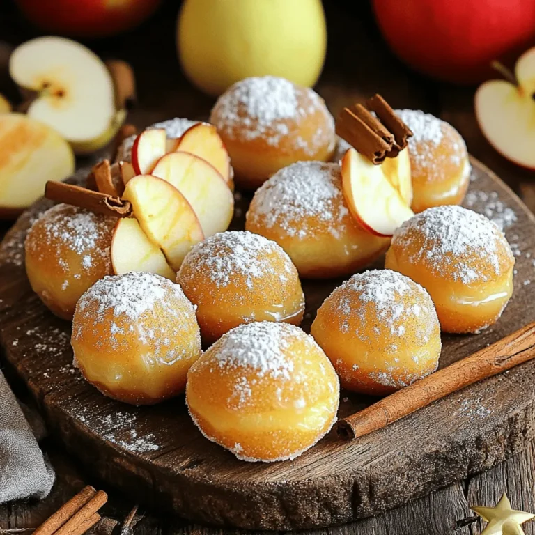 To make these tasty apple cider glazed donut holes, you will need: - Main ingredients: - 1 cup apple cider - 2 cups all-purpose flour - 1/2 cup granulated sugar - 1/4 cup unsalted butter, melted - 1 large egg - 1/2 cup whole milk - Spices: - 1/2 teaspoon ground cinnamon - 1/4 teaspoon ground nutmeg - 1/2 teaspoon salt - Glaze ingredients: - 1 cup powdered sugar These ingredients create a warm, sweet treat that captures the essence of fall. The apple cider adds moisture and flavor. The spices bring warmth, while the powdered sugar glaze gives a sweet finish. Each ingredient plays a key role in the final taste. By using fresh apple cider, you enhance the flavor. This simple list allows you to create delicious donut holes with ease. For the full recipe, check the complete cooking instructions above. To make great apple cider glazed donut holes, you must reduce the apple cider. Reducing concentrates the flavor, making it richer. Start by pouring one cup of apple cider into a small saucepan. Bring it to a boil over medium heat. Then, lower the heat and let it simmer. This process takes about 10 to 15 minutes. You want the cider to reduce to about a quarter cup. Once it reaches this point, take it off the heat and let it cool slightly. This step is key for a strong apple flavor in your glaze. Next, it's time to prepare the donut batter. In a large mixing bowl, combine your dry ingredients. This includes two cups of all-purpose flour, one tablespoon of baking powder, half a teaspoon of salt, half a teaspoon of ground cinnamon, and a quarter teaspoon of ground nutmeg. In another bowl, mix the wet ingredients. Whisk together a quarter cup of melted unsalted butter, one large egg, half a cup of whole milk, one teaspoon of vanilla extract, and the reduced apple cider. Now, combine the wet and dry mixtures. Pour the wet mixture into the dry bowl. Stir gently until just combined. Be careful not to overmix, as this can make your donut holes tough. A few lumps are okay, so don’t stress about perfection. Now comes the fun part—frying! Heat oil in a deep frying pan or pot to 350°F (175°C). Make sure there is enough oil to submerge the donut holes. Use a thermometer for accuracy. Once the oil is hot, form small balls of dough, about one inch in diameter. You can use a small cookie scoop or your hands. Carefully drop the dough balls into the hot oil. Fry them in batches to avoid crowding. Each batch takes about 2 to 3 minutes. Watch for a golden-brown color. Turn them occasionally for even cooking. Once they are done, remove them with a slotted spoon and place them on a paper towel-lined plate. This helps drain excess oil. Your donut holes are almost ready! Now you can move on to glazing them with the delicious apple cider glaze. For the full recipe, check out the complete instructions above. To make great apple cider glazed donut holes, focus on the dough. Do not overwork it. Overmixing makes the donut holes dense. Stir until just combined. This keeps them light and fluffy. Frying time and temperature are key. Heat your oil to 350°F (175°C). This is the sweet spot for frying. If the oil is too cool, the donut holes will absorb more oil. Cook each batch for about 2-3 minutes. Flip them halfway for even cooking. Look for a golden-brown color as your cue to remove them. Want to spice things up? You can add more flavor to your donut holes. Try mixing in ground ginger or allspice for a twist. These spices bring warmth and depth to your treats. For toppings, think outside the box. You can sprinkle cinnamon sugar on top for a sweet crunch. Or, mix in mini chocolate chips before frying for a fun surprise. Drizzle caramel sauce over the glazed donut holes for an extra treat. There are many ways to make this recipe your own. {{image_2}} You can change the flavor of your donut holes by using different spices. Try adding ginger for warmth or allspice for a unique twist. Seasonal flavors like pumpkin spice work great in the fall. These spices make the donut holes taste fresh and fun. Mix and match to find your favorite blend! If you want a lighter treat, you can swap sugar and flour for healthier options. Use whole wheat flour or almond flour for a nutty taste. Instead of granulated sugar, try honey or maple syrup. These swaps can make your donut holes tasty and healthier. You can also bake the donut holes instead of frying them. Just scoop the batter into a mini muffin tin and bake at 350°F for about 12-15 minutes. This method cuts down on oil and calories while still giving you a delicious treat. To keep your donut holes fresh, store them in an airtight container. This helps them stay soft and tasty. If you leave them out at room temperature, they last about two days. However, if you place them in the fridge, they can remain good for up to a week. Just remember, the fridge can make them a bit dry. If you want to save some for later, freezing is a great option. First, let the donut holes cool completely. Then, place them in a single layer on a baking sheet. Freeze them for about an hour. After they are firm, transfer them to a freezer bag or container. They can stay frozen for up to three months. To enjoy them again, thaw them in the fridge overnight. For a warm treat, pop them in the microwave for about 10 seconds. You can also reheat them in an oven at 350°F for about five minutes. This will make them nice and warm again. Yes, you can prepare these donut holes ahead of time. Make them and let them cool completely. Store them in an airtight container at room temperature for up to two days. If you want to keep them longer, you can freeze them. Just place them in a freezer bag and remove as much air as possible. When ready to eat, thaw them at room temperature. You can warm them in the oven for a few minutes to bring back that fresh taste. To make a thicker glaze, you can add more powdered sugar. Mix the sugar slowly into the apple cider until you reach your desired thickness. If it’s still too thin, keep adding sugar a little at a time. You can also reduce the apple cider more to make it thicker. Just simmer it longer on the stove. This will give your glaze a strong apple flavor as well. For frying donut holes, I recommend using oils with high smoke points. Good choices include vegetable oil, canola oil, or peanut oil. These oils heat evenly and keep the donut holes from absorbing too much grease. Heat the oil to 350°F (175°C) for the best frying results. This ensures a crispy outside and fluffy inside. In this post, we explored making delicious apple cider glazed donut holes. We covered the key ingredients needed and detailed each step of the process. I shared tips for getting the texture just right and suggested fun variations to try. Remember, practice makes perfect. Enjoy experimenting with flavors and find what makes your taste buds happy. With proper storage, these treats can last a while, letting you savor them longer. Happy frying!