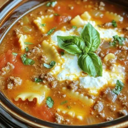 - 1 pound ground beef or Italian sausage - 1 can (28 ounces) crushed tomatoes - 1 can (15 ounces) tomato sauce - 8 lasagna noodles, broken into pieces - 1 cup ricotta cheese - 1 cup shredded mozzarella cheese - 1/2 cup grated Parmesan cheese The heart of this dish lies in its main ingredients. I love using ground beef or Italian sausage for a rich flavor. Crushed tomatoes and tomato sauce create a thick, savory base. The lasagna noodles add that classic texture. Finally, the mix of ricotta, mozzarella, and Parmesan brings a creamy finish that makes each bite delightful. - 4 cups beef or vegetable broth - 2 teaspoons Italian seasoning - 1 teaspoon red pepper flakes (optional) - Salt and pepper to taste Seasonings bring this dish to life. I use Italian seasoning for that familiar taste. Red pepper flakes add a hint of heat, but you can skip them if you prefer mild. Choosing between beef or vegetable broth is key. Beef adds depth, while vegetable broth keeps it light. Adjust salt and pepper to enhance the flavors. - Fresh basil or parsley Garnishes elevate your soup. I like to add fresh basil or parsley for a burst of color and flavor. They make the dish look inviting and add a fresh note. You can sprinkle these herbs on top right before serving for that extra touch. For the complete cooking experience, check out the Full Recipe. Start by browning your ground beef or Italian sausage in a skillet. Use medium heat. Cook until the meat is brown and crumbly. This usually takes about 5 to 7 minutes. Drain any extra fat. Then, move the meat to the crockpot. Next, add the diced onion and minced garlic right to the crockpot. Stir everything together. The heat will soften the onion and garlic, adding flavor to your soup. Now it's time to layer in the other ingredients. Pour the crushed tomatoes and tomato sauce into the crockpot. Then, add the broth. You can use beef or vegetable broth based on your taste. Sprinkle in the Italian seasoning and red pepper flakes. Season with salt and pepper to taste. Stir everything well. This mix of flavors will make your soup yummy. Finally, break the lasagna noodles into pieces and add them to the pot. Cover the crockpot and choose your cooking time. If you cook on low, it will take 6 to 8 hours. If you need it faster, high heat cooks it in 3 to 4 hours. About 30 minutes before you serve, stir in the broken lasagna noodles. When the noodles are soft and the soup is bubbling, it’s time for the final touches. Mix the ricotta cheese with a pinch of salt and pepper in a small bowl. Once the soup is ready, ladle it into bowls. Top each serving with a dollop of ricotta. Finish with shredded mozzarella and grated Parmesan cheese. Garnish with fresh basil or parsley for a nice look. Enjoy your hearty and comforting Crockpot Lasagna Soup! For the complete recipe, check out the Full Recipe. For a rich taste, adjust your seasoning. You can add more Italian seasoning or black pepper. If the soup is too acidic, a little sugar can help. Just one teaspoon can balance the flavors nicely. Cook the lasagna noodles right in the soup. Break them into smaller pieces. Stir them in about 30 minutes before serving to soften. For creamy texture, mix the ricotta well. You can add it directly to the soup or serve it on top. Want it faster? You can use an Instant Pot. Cook on high pressure for about 10 minutes. For leftovers, let them cool before freezing. Use airtight containers to keep the soup fresh. {{image_2}} You can switch up the meat in this dish. Ground turkey or chicken works great. They offer a lighter taste while still adding protein. If you want a vegetarian option, try lentils or mushrooms. Both add great texture and flavor. Lentils provide protein and fiber, while mushrooms add umami. Cheese makes this soup creamy and rich. You can use cottage cheese instead of ricotta. Cottage cheese gives a nice texture and taste. If you're avoiding dairy, explore dairy-free cheese alternatives. They melt well and can still give you that cheesy goodness. Feel free to add extra veggies to boost nutrition. Spinach or bell peppers are great choices. They add color and flavor. You can also try different pasta shapes. Shells or small elbows work well too. They soak up the broth and add fun bites to the soup. After you enjoy your Crockpot Lasagna Soup, store any leftovers in good containers. Use airtight containers to keep it fresh. Glass or BPA-free plastic containers work great. If you plan to freeze it, make sure to leave some space at the top for expansion. This helps prevent spills. You can keep your lasagna soup in the fridge for about 3 to 4 days. To reheat it, warm it on the stove over low heat. Stir it often to prevent sticking. You can also use the microwave, but cover it to keep moisture in. This keeps your soup creamy and tasty. Prep your ingredients ahead for easy cooking. Chop the onion and garlic the night before. You can also brown the meat and store it in the fridge. For busy nights, make the soup earlier in the week. Just reheat it when ready to serve. This makes dinner quick and easy! For the full recipe, check out the detailed steps to create this hearty dish. Yes, you can make this soup in advance. To do this, prepare the soup but do not add the noodles yet. Store the soup in the fridge for up to three days. When you're ready to eat, heat the soup and add the noodles. This keeps the noodles from getting too soft. You can also freeze the soup without noodles. Just thaw it overnight in the fridge and cook the noodles when you reheat it. Yes, you can use no-boil lasagna noodles. These noodles work well in the soup. Just break them into pieces and add them to the crockpot about 30 minutes before serving. This way, they soak up the broth and become tender. Be sure to check the package instructions for cooking times, as they can vary. Absolutely! To add heat, you can mix in hot peppers or spicy sausage. If you want a mild spice, use red pepper flakes as mentioned in the recipe. For more heat, try adding diced jalapeños or crushed red pepper. You can adjust the spice level to suit your taste. Crockpot lasagna soup combines simple ingredients and easy steps. You prepare the meat, mix it with tomatoes and seasonings, then let it cook. Use tips to adjust flavors and textures. You can also try different proteins and cheeses for variety. Proper storage helps keep leftovers fresh. This dish is tasty and flexible, perfect for families or busy nights. Enjoy your delicious meal and the fun of experimenting.
