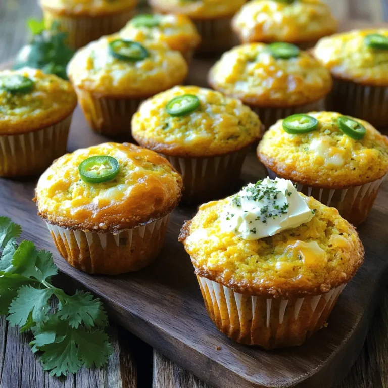 - 1 cup cornmeal - 1 cup all-purpose flour - 1 tablespoon baking powder - 1/2 teaspoon salt - 1/4 teaspoon black pepper - 1 cup buttermilk (or milk with vinegar) - 1/4 cup melted butter - 1 large egg - 1 cup shredded sharp cheddar cheese - 1/2 cup pickled jalapeños, chopped - 1/4 cup corn kernels - 2 tablespoons honey (optional) - Alternative for buttermilk: If you don’t have buttermilk, mix regular milk with a splash of vinegar. Let it sit for five minutes to thicken. - Cheese variations: You can try pepper jack for a spicy kick, or use mozzarella for a milder taste. - Spicing options for jalapeños: If you want less heat, use fewer jalapeños. You can also swap them for mild green chiles or roasted red peppers for a different flavor. These ingredients come together to create a muffin that is soft, cheesy, and full of flavor. You can check out the Full Recipe for detailed steps on making these tasty treats! First, I preheat my oven to 375°F (190°C). This helps the muffins rise well. Next, I prepare my muffin tin by lining it with paper liners or spraying it with cooking spray. This step makes it easy to remove the muffins later. Now, I gather my dry ingredients. In a mixing bowl, I combine: - 1 cup cornmeal - 1 cup all-purpose flour - 1 tablespoon baking powder - 1/2 teaspoon salt - 1/4 teaspoon black pepper I whisk these together until they blend well. This mix gives the muffins their nice texture. Next, I move on to the wet ingredients. In a separate bowl, I whisk together: - 1 cup buttermilk (or milk with a splash of vinegar) - 1/4 cup melted butter - 1 large egg I mix these until they combine smoothly. Then, I slowly pour this wet mix into the dry mix. I stir gently, making sure not to over-mix. Over-mixing can make the muffins tough. Now, I fold in the exciting parts! I add: - 1 cup shredded sharp cheddar cheese - 1/2 cup chopped pickled jalapeños (I adjust this for spice) - 1/4 cup corn kernels I also sometimes add 2 tablespoons of honey for a touch of sweetness. I fold everything until just combined. This helps keep the cheese and jalapeños evenly spread. I spoon the batter into the prepared muffin tin, filling each cup about 2/3 full. This gives them room to rise. Then, I place the muffin tin in the preheated oven. I bake them for 18-22 minutes. I check for doneness by inserting a toothpick. If it comes out clean, they are ready. Once they are golden and baked, I let the muffins cool in the pan for about 5 minutes. After that, I transfer them to a wire rack to cool completely. Enjoy these cheesy jalapeño cornbread muffins warm! If you want more details, refer to the Full Recipe. To get the best Cheesy Jalapeño Cornbread Muffins, avoid over-mixing. Mix your wet and dry ingredients until just combined. This helps keep your muffins light and fluffy. If you mix too much, your muffins may turn out tough. Adjusting spice levels is key for taste. If you like heat, add more jalapeños. If you prefer less spice, use fewer jalapeños or select mild ones. You can also remove the seeds from the jalapeños for less heat. For toppings, try a pat of flavored butter. Garlic or herb butter pairs perfectly with these muffins. You can also serve them with a drizzle of honey for a sweet twist. When it comes to drinks, these muffins go well with chili or soup. They also pair nicely with a crisp salad. If you want something sweet, serve them with iced tea or lemonade. To display your muffins, use a bright plate or tiered stand. This makes them look appealing and fun. For garnish, sprinkle chopped cilantro on top. This adds color and a fresh touch. You can also add slices of fresh jalapeño on top for an extra kick. For the full recipe, check out the details above. Enjoy baking! {{image_2}} You can switch up the cheese for a new taste. Try using pepper jack cheese for a spicier kick. Gouda adds a nice smoky flavor. If you want a milder taste, go for mozzarella. For those who need dairy-free options, use a nut-based cheese. There are great brands that melt well. Adjust the heat by changing the amount of jalapeños. If you love spice, add more! For a milder muffin, use fewer jalapeños. You can also add spices like cayenne or smoked paprika. These will give your muffins a unique twist. Change up your muffins with seasonal ingredients. In the fall, add pumpkin puree for a sweet touch. In summer, fresh corn or zucchini can brighten the flavor. You can also make sweet muffins by adding berries or sweet corn. These options make each batch unique and fun. For the full recipe, check the delicious details above! To keep your cheesy jalapeño cornbread muffins fresh, store them in an airtight container. Place them in the fridge if you plan to eat them within a few days. For longer storage, you can freeze them. Wrap each muffin tightly in plastic wrap, then place them in a freezer bag. This keeps them safe from freezer burn. When it's time to enjoy your muffins again, there are a few good ways to reheat them. You can use the oven or the microwave. For the oven, preheat to 350°F (175°C) and warm muffins for about 10 minutes. This helps them stay moist and keeps the flavors strong. If using the microwave, heat each muffin for about 20 to 30 seconds. Add a little butter before serving for extra flavor. These muffins can last about 3 to 5 days in the fridge. If frozen, they can last up to 3 months. To know if they are bad, check for mold or an off smell. If they feel dry or crumbly, it's time to toss them. Enjoy your cheesy jalapeño cornbread muffins at their best! For the full recipe, check out the earlier section. Yes, you can use regular milk. Just add a splash of vinegar to mimic buttermilk. This gives the muffins a nice tang. It works well to keep the texture light and fluffy. You can make these muffins healthier by using whole wheat flour. You can also reduce the cheese or use a low-fat option. Adding extra veggies, like chopped spinach or bell peppers, boosts flavor and nutrition. These muffins pair great with chili, soups, or salads. You can also enjoy them with butter or a spicy dip. They add a fun kick to any meal. Yes, you can prepare the batter ahead of time. Just store it in the fridge for a few hours. When you’re ready, fill the muffin tin and bake. Fresh muffins are just a short wait away! At high altitudes, you may need to reduce the baking powder. Increase flour by a couple of tablespoons to help structure. You might also need to add a bit more liquid to keep the batter moist. We explored the tasty world of Cheesy Jalapeño Cornbread Muffins. You learned about key ingredients and fun variations. I shared tips to bake the perfect muffin and store leftovers. Remember, you can always adjust the spice or change the cheese to match your taste. With these basics, you can enjoy fresh, warm muffins anytime. Experiment, have fun, and impress everyone with your baking skills!