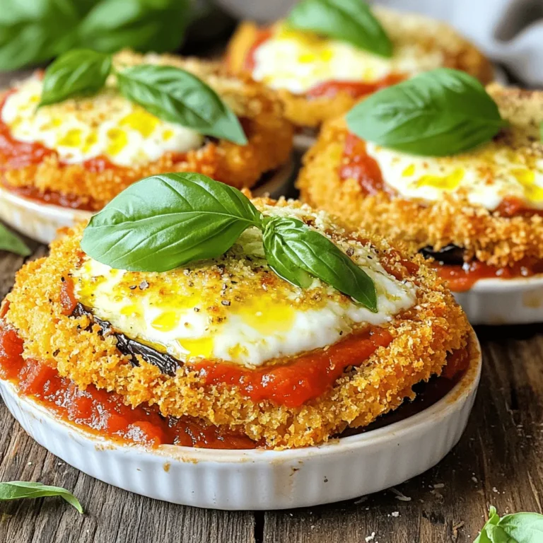 To make Crispy Baked Eggplant Parmesan, you need fresh and simple ingredients. Here’s what you will use: - 2 medium eggplants, sliced into ¼ inch rounds - 1 teaspoon salt - 1 cup all-purpose flour - 2 large eggs, beaten - 1 cup breadcrumbs (preferably panko for extra crunch) - ½ cup grated Parmesan cheese - 2 cups marinara sauce - 1 cup shredded mozzarella cheese - 1 teaspoon dried oregano - 1 teaspoon garlic powder - Fresh basil leaves, for garnish - Olive oil spray or a drizzle These ingredients work together to create a delicious dish. The eggplants give a nice texture, while the cheeses add creaminess. The breadcrumbs, especially panko, help achieve that perfect crunch. Seasonings like oregano and garlic powder enhance flavor and aroma. It's all about balance. For the full recipe, you can check the complete steps. Enjoy this wholesome delight! Start by slicing the eggplants into ¼ inch rounds. Lay them on a clean kitchen towel. Sprinkle salt on the slices. This step draws out moisture and bitterness. Let them sit for about 30 minutes. Rinse the eggplant under cold water. Pat each slice dry with a paper towel. This helps the breading stick better later. Next, preheat your oven to 400°F (200°C). This temperature makes the eggplant crisp and golden. Prepare three shallow dishes for the breading. Fill the first dish with flour. In the second, add the beaten eggs. In the third dish, mix breadcrumbs, Parmesan cheese, oregano, and garlic powder. This mixture gives great flavor. Now, it's time to coat the eggplant slices. Take one slice and dip it into the flour. Shake off any excess flour. Next, dip it into the beaten eggs until coated. Finally, place it in the breadcrumb mixture. Press gently to ensure it sticks. Repeat this for all the eggplant slices. Line a baking sheet with parchment paper. This prevents sticking and makes cleanup easy. Place the breaded eggplant slices on the sheet. Spray or drizzle them lightly with olive oil. Bake for 25-30 minutes. Flip the slices halfway through cooking. This helps them brown evenly. For the next step, grab a large baking dish. Spread a thin layer of marinara sauce on the bottom. Layer half of the crispy eggplant over the sauce. Sprinkle half of the shredded mozzarella cheese on top. Repeat with the remaining eggplant, sauce, and cheese. This creates a tasty layered effect. Now, bake the assembled dish for an additional 15-20 minutes. Watch for the cheese to bubble and turn golden. Once done, let the dish cool for a few minutes. This makes cutting easier. Garnish with fresh basil leaves before serving. You'll love the look and taste! To make your eggplant crispy, I recommend using panko breadcrumbs. They have a great texture that adds crunch. Regular breadcrumbs can work, but panko gives a better bite. Make sure to coat each eggplant slice evenly. Dip it in flour first, then in egg, and finally in the breadcrumb mix. This order helps the crumbs stick well. To boost flavor, add herbs and spices. I love using dried oregano and garlic powder. They work wonders in this dish. You can also experiment with fresh herbs like thyme or rosemary for a unique taste. Using different types of cheese can enhance the flavor profile, too. Try mixing in some provolone or fontina cheese. They melt nicely and add a rich taste. Choosing the right baking sheets is key. Use a heavy-duty, rimmed baking sheet. This will help distribute heat evenly. If you have a nonstick sheet, it can also reduce sticking. An oven thermometer is a must-have tool. It ensures your oven heats to the right temperature. This small step can make a big difference in baking. For the full recipe, check out the details above. {{image_2}} You can add more veggies to your eggplant parmesan. Think zucchini, bell peppers, or spinach. These extras boost flavor and nutrition. You can also swap in cheese alternatives. Try vegan cheese or a mix of nutritional yeast and cashews. This keeps it tasty and healthy. If you need a gluten-free option, use almond flour or chickpea flour instead of regular flour. For breadcrumbs, try crushed gluten-free crackers or ground nuts. You can also use cornmeal for a different crunch. These swaps keep the dish crispy without gluten. Want to boost protein? Incorporate some ground meat, like turkey or beef, into the marinara sauce. This adds heartiness and makes it a full meal. You can also serve it with protein-rich sides, like a bean salad or quinoa. These additions make your meal more balanced and satisfying. For the full recipe, check out the Crispy Baked Eggplant Parmesan . To store leftovers, let the eggplant cool completely. Place it in an airtight container. It stays fresh for about 3 to 4 days in the fridge. When you're ready to enjoy it again, follow these best practices for reheating. Preheat your oven to 350°F (175°C). Place the eggplant in a baking dish and cover it with foil. Heat for about 15-20 minutes. This keeps the cheese from burning and helps it warm evenly. If you want to save some for later, you can freeze eggplant parmesan. First, let it cool completely. Wrap it tightly in plastic wrap, then in foil. This helps prevent freezer burn. It will stay good for about 2-3 months. When it’s time to eat, thaw it in the fridge overnight. Reheat it in the oven at 350°F (175°C) for about 30-40 minutes. This way, you’ll get that crispy texture back. For the full recipe, check out the details above. Yes, you can make this dish ahead of time. Here’s how: - Prepare and bread the eggplant slices. - Bake them until crispy. - Let them cool, then cover and store in the fridge. - When you are ready to serve, layer with sauce and cheese. - Bake until heated through. This method keeps the flavors intact and saves time. To keep the eggplant crispy: - Salt the slices and let them sit for 30 minutes. - Rinse and pat them dry to remove moisture. - Use panko breadcrumbs for extra crunch. - Bake them on a wire rack to allow air circulation. These tips help maintain that delightful crispiness. Absolutely! You can use other vegetables like: - Zucchini - Portobello mushrooms - Cauliflower These options add variety and unique flavors. Keep the prep similar for best results. Pair this dish with: - A simple green salad - Garlic bread - Roasted vegetables These sides complement the flavors well and create a complete meal. To make a vegan version, swap out these ingredients: - Use flax eggs or chickpea flour instead of eggs. - Replace Parmesan and mozzarella with vegan cheese. - Ensure your breadcrumbs are vegan-friendly. These changes keep the dish tasty and plant-based while still being satisfying. For the full recipe, check the detailed instructions. Crispy baked eggplant parmesan is simple and rewarding to make. We covered the essential ingredients and step-by-step instructions. The tips can help achieve the perfect crisp and flavor. You can also explore variations based on your diet. Remember how to store leftovers for later enjoyment. Cooking should be fun, and this dish offers a tasty way to explore new flavors. Give it a try and enjoy the delicious results!