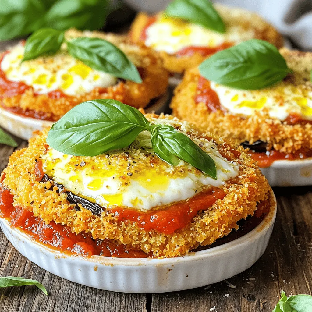 To make Crispy Baked Eggplant Parmesan, you need fresh and simple ingredients. Here’s what you will use: - 2 medium eggplants, sliced into ¼ inch rounds - 1 teaspoon salt - 1 cup all-purpose flour - 2 large eggs, beaten - 1 cup breadcrumbs (preferably panko for extra crunch) - ½ cup grated Parmesan cheese - 2 cups marinara sauce - 1 cup shredded mozzarella cheese - 1 teaspoon dried oregano - 1 teaspoon garlic powder - Fresh basil leaves, for garnish - Olive oil spray or a drizzle These ingredients work together to create a delicious dish. The eggplants give a nice texture, while the cheeses add creaminess. The breadcrumbs, especially panko, help achieve that perfect crunch. Seasonings like oregano and garlic powder enhance flavor and aroma. It's all about balance. For the full recipe, you can check the complete steps. Enjoy this wholesome delight! Start by slicing the eggplants into ¼ inch rounds. Lay them on a clean kitchen towel. Sprinkle salt on the slices. This step draws out moisture and bitterness. Let them sit for about 30 minutes. Rinse the eggplant under cold water. Pat each slice dry with a paper towel. This helps the breading stick better later. Next, preheat your oven to 400°F (200°C). This temperature makes the eggplant crisp and golden. Prepare three shallow dishes for the breading. Fill the first dish with flour. In the second, add the beaten eggs. In the third dish, mix breadcrumbs, Parmesan cheese, oregano, and garlic powder. This mixture gives great flavor. Now, it's time to coat the eggplant slices. Take one slice and dip it into the flour. Shake off any excess flour. Next, dip it into the beaten eggs until coated. Finally, place it in the breadcrumb mixture. Press gently to ensure it sticks. Repeat this for all the eggplant slices. Line a baking sheet with parchment paper. This prevents sticking and makes cleanup easy. Place the breaded eggplant slices on the sheet. Spray or drizzle them lightly with olive oil. Bake for 25-30 minutes. Flip the slices halfway through cooking. This helps them brown evenly. For the next step, grab a large baking dish. Spread a thin layer of marinara sauce on the bottom. Layer half of the crispy eggplant over the sauce. Sprinkle half of the shredded mozzarella cheese on top. Repeat with the remaining eggplant, sauce, and cheese. This creates a tasty layered effect. Now, bake the assembled dish for an additional 15-20 minutes. Watch for the cheese to bubble and turn golden. Once done, let the dish cool for a few minutes. This makes cutting easier. Garnish with fresh basil leaves before serving. You'll love the look and taste! To make your eggplant crispy, I recommend using panko breadcrumbs. They have a great texture that adds crunch. Regular breadcrumbs can work, but panko gives a better bite. Make sure to coat each eggplant slice evenly. Dip it in flour first, then in egg, and finally in the breadcrumb mix. This order helps the crumbs stick well. To boost flavor, add herbs and spices. I love using dried oregano and garlic powder. They work wonders in this dish. You can also experiment with fresh herbs like thyme or rosemary for a unique taste. Using different types of cheese can enhance the flavor profile, too. Try mixing in some provolone or fontina cheese. They melt nicely and add a rich taste. Choosing the right baking sheets is key. Use a heavy-duty, rimmed baking sheet. This will help distribute heat evenly. If you have a nonstick sheet, it can also reduce sticking. An oven thermometer is a must-have tool. It ensures your oven heats to the right temperature. This small step can make a big difference in baking. For the full recipe, check out the details above. {{image_2}} You can add more veggies to your eggplant parmesan. Think zucchini, bell peppers, or spinach. These extras boost flavor and nutrition. You can also swap in cheese alternatives. Try vegan cheese or a mix of nutritional yeast and cashews. This keeps it tasty and healthy. If you need a gluten-free option, use almond flour or chickpea flour instead of regular flour. For breadcrumbs, try crushed gluten-free crackers or ground nuts. You can also use cornmeal for a different crunch. These swaps keep the dish crispy without gluten. Want to boost protein? Incorporate some ground meat, like turkey or beef, into the marinara sauce. This adds heartiness and makes it a full meal. You can also serve it with protein-rich sides, like a bean salad or quinoa. These additions make your meal more balanced and satisfying. For the full recipe, check out the Crispy Baked Eggplant Parmesan . To store leftovers, let the eggplant cool completely. Place it in an airtight container. It stays fresh for about 3 to 4 days in the fridge. When you're ready to enjoy it again, follow these best practices for reheating. Preheat your oven to 350°F (175°C). Place the eggplant in a baking dish and cover it with foil. Heat for about 15-20 minutes. This keeps the cheese from burning and helps it warm evenly. If you want to save some for later, you can freeze eggplant parmesan. First, let it cool completely. Wrap it tightly in plastic wrap, then in foil. This helps prevent freezer burn. It will stay good for about 2-3 months. When it’s time to eat, thaw it in the fridge overnight. Reheat it in the oven at 350°F (175°C) for about 30-40 minutes. This way, you’ll get that crispy texture back. For the full recipe, check out the details above. Yes, you can make this dish ahead of time. Here’s how: - Prepare and bread the eggplant slices. - Bake them until crispy. - Let them cool, then cover and store in the fridge. - When you are ready to serve, layer with sauce and cheese. - Bake until heated through. This method keeps the flavors intact and saves time. To keep the eggplant crispy: - Salt the slices and let them sit for 30 minutes. - Rinse and pat them dry to remove moisture. - Use panko breadcrumbs for extra crunch. - Bake them on a wire rack to allow air circulation. These tips help maintain that delightful crispiness. Absolutely! You can use other vegetables like: - Zucchini - Portobello mushrooms - Cauliflower These options add variety and unique flavors. Keep the prep similar for best results. Pair this dish with: - A simple green salad - Garlic bread - Roasted vegetables These sides complement the flavors well and create a complete meal. To make a vegan version, swap out these ingredients: - Use flax eggs or chickpea flour instead of eggs. - Replace Parmesan and mozzarella with vegan cheese. - Ensure your breadcrumbs are vegan-friendly. These changes keep the dish tasty and plant-based while still being satisfying. For the full recipe, check the detailed instructions. Crispy baked eggplant parmesan is simple and rewarding to make. We covered the essential ingredients and step-by-step instructions. The tips can help achieve the perfect crisp and flavor. You can also explore variations based on your diet. Remember how to store leftovers for later enjoyment. Cooking should be fun, and this dish offers a tasty way to explore new flavors. Give it a try and enjoy the delicious results!