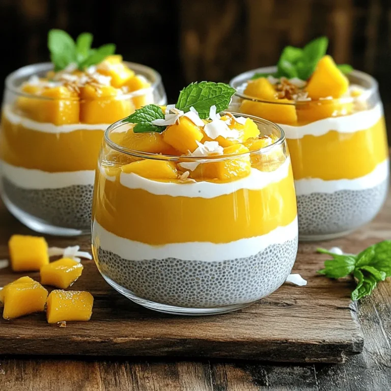 To make mango coconut chia pudding, you need a few simple ingredients. Each one plays a key role in making this dish both tasty and healthy. - 1 cup coconut milk (canned or fresh) - 1/3 cup chia seeds - 2 tablespoons honey (or maple syrup for a vegan option) - 1 ripe mango, pureed (plus extra for topping) - 1/2 teaspoon vanilla extract - A pinch of salt - Toasted coconut flakes (for garnish) - Fresh mint leaves (for garnish) Coconut milk gives the pudding a creamy texture. Chia seeds are tiny powerhouses packed with fiber and omega-3 fatty acids. You can sweeten it with honey or maple syrup. Ripe mango adds a natural sweetness and tropical flavor. The vanilla extract enhances the overall taste, while the salt balances the sweetness. For garnishing, toasted coconut flakes add crunch, and fresh mint leaves provide a burst of color and flavor. Each ingredient works together to create a delicious and nutritious treat. For the full recipe, check out the instructions to make this delightful pudding! Start by pouring 1 cup of coconut milk into a mixing bowl. I love using canned coconut milk for its rich taste. Add 2 tablespoons of honey or maple syrup for sweetness. Then, pour in 1/2 teaspoon of vanilla extract and a pinch of salt. Whisk these together until the mixture is smooth and creamy. This step creates a flavorful base for our pudding. Next, add 1/3 cup of chia seeds to the coconut mix. Use a spoon to stir the chia seeds in well. This is key to avoid clumps in your pudding. Chia seeds will absorb the liquid and expand, giving the pudding its unique texture. Now, it’s time to add the mango. Use a ripe mango and puree it until smooth. Gently fold the mango puree into the coconut mixture. Make sure to mix it well but do not over-stir. You want to keep some of that lovely mango flavor intact. After mixing, cover the bowl with plastic wrap. You can also use individual jars for serving. Place the bowl or jars in the refrigerator. Chill for at least 4 hours, or overnight if you can wait. This lets the chia seeds soak up the liquid and thicken the pudding perfectly. Once the pudding is set, give it a good stir. This helps break up any clumps formed. To serve, spoon the pudding into bowls or cups. Top with extra mango pieces, a sprinkle of toasted coconut flakes, and a few fresh mint leaves. It’s a beautiful and tasty treat that's sure to impress! For the full recipe, check out the details above. To avoid clumps in chia pudding, stir well as you mix in the seeds. This ensures they spread evenly throughout the liquid. After chilling, if you find clumps, just give it a good stir. The ideal chilling time is at least four hours, but overnight gives the best results. If you don’t have coconut milk, try almond milk or oat milk. These alternatives also work well in chia pudding. For a sweetener, you can use agave syrup or stevia instead of honey or maple syrup. Both options are tasty and keep it vegan. To boost the flavor, consider adding spices like cinnamon or nutmeg. A dash of cardamom can also add a unique twist. For toppings, I love using fresh fruits like berries or bananas. You can also sprinkle on granola or nuts for added crunch. Don't forget the toasted coconut flakes; they add a nice texture and are perfect for the garnish! For the full recipe, check out the complete instructions. {{image_2}} You can easily mix other fruits into your mango coconut chia pudding. Try adding pineapple for a sweet, tangy taste. Passion fruit adds a lovely tartness that really pops. Just puree these fruits like you did with the mango, then fold them into your pudding base. This gives you a colorful and vibrant treat! You can also layer different fruit purees for a beautiful presentation. Want a chocolate twist? Just add cocoa powder to the base mix. Use about 2 tablespoons of unsweetened cocoa powder. This change brings a rich flavor that pairs well with the mango. You can still keep the coconut and honey, making it a delightful chocolate dessert. This variation offers a fun way to enjoy your pudding, especially for chocolate lovers! You can swap out coconut milk for other plant-based milks. Almond milk gives a nutty flavor, while oat milk offers creaminess. Soy milk is another great option and adds some protein. Each milk gives a slightly different taste and texture. Feel free to experiment! Just make sure to choose a milk that you enjoy. This ensures your pudding tastes great no matter what variations you try. Check the full recipe for more tips! To store leftovers, place the chia pudding in a clean container. Make sure it has a tight lid. This keeps it fresh and safe. You want to avoid air exposure. If you used individual jars, just keep the lids on. The refrigerated chia pudding lasts about 5 days. After that, it may lose texture and flavor. Always check for any off smell or appearance before eating. If it looks or smells weird, toss it out. You can freeze mango coconut chia pudding. Just scoop it into airtight containers. Leave some space at the top for expansion. It will stay fresh for about a month. When you want to eat it, thaw it overnight in the fridge. Stir it well before serving. This will help restore its creamy texture. For the full recipe, check out the details above. Chia pudding is a creamy, healthy dessert made with chia seeds. When mixed with liquid, chia seeds absorb it and swell. This creates a thick, pudding-like texture. Chia seeds are packed with nutrients. They are high in fiber, protein, and omega-3 fatty acids. Nutritional benefits of chia seeds - High in fiber, which aids digestion - Rich in protein to keep you full - Packed with omega-3s for heart health - Contains calcium for strong bones - Loaded with antioxidants to fight free radicals Mango coconut chia pudding stays fresh for about five days in the fridge. Store it in an airtight container to keep it safe. You can freeze it, too, but it changes texture. If frozen, it lasts for about a month. Clarifying shelf life in fridge and freezer - Fridge: 5 days in a sealed container - Freezer: 1 month, but texture may change Yes, you can use other fruits! Strawberries, blueberries, and bananas work well. Just make sure to puree them. Each fruit adds its own flavor. This can change the taste of your pudding. Discussing fruit substitutions and their impact on the recipe - Strawberries: Adds a sweet and tangy taste - Blueberries: Gives a burst of antioxidants - Bananas: Adds creaminess and natural sweetness Yes, this recipe is vegan if you use maple syrup instead of honey. Maple syrup gives a nice sweetness, too. It blends well with the coconut and mango. Confirmation and explanation if using maple syrup - Maple syrup: A great vegan alternative to honey - Keeps the pudding plant-based and delicious You learned how to make mango coconut chia pudding in this post. We covered ingredients, steps, tips, variations, and storage. This dessert is delicious, easy to make, and healthy. You can add your favorite fruits or flavors to change it up. Following these steps ensures you will enjoy a creamy and tasty pudding. Now, you are ready to impress yourself and others with this treat!