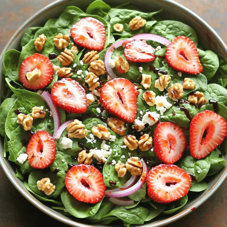 - Spinach: Use 4 cups of fresh baby spinach. This is the base of the salad. It adds crispness and nutrients. - Strawberries: You need 1 cup of strawberries. Hull and slice them. They bring sweetness and color. - Red Onion: Use 1/4 cup of thinly sliced red onion. It adds a nice bite and flavor. - Walnuts: You will need 1/2 cup of toasted walnuts. They give a crunchy texture and nutty taste. - Feta Cheese: Use 1/4 cup of crumbled feta cheese. It adds creaminess and a salty contrast. - Balsamic Vinaigrette: You need 1/4 cup of balsamic vinaigrette. This dressing ties all the flavors together. - Salt and Pepper: Season to taste. These add essential flavor to the salad. - Honey (optional): If you like sweetness, add 1 tablespoon of honey. It enhances the dressing's flavor. For the full recipe, check the link provided. This salad is fresh and easy to make. First, wash and dry the fresh baby spinach. This step is key to keep the leaves crisp. Next, hull and slice the strawberries. Aim for thin slices to let their sweet flavor shine. Toast the walnuts in a dry pan over medium heat. This brings out their rich flavor. Keep an eye on them to avoid burning. In a large bowl, combine the spinach and strawberries. Mix them gently to create a colorful base. Then, add the toasted walnuts and crumbled feta cheese. These ingredients add texture and taste. Incorporate thinly sliced red onion for a nice contrast. The onion adds a bit of bite to balance the sweetness. In a small bowl, mix the balsamic vinaigrette with honey. This adds a touch of sweetness to the dressing. Drizzle this mixture over the salad. Make sure to cover all the ingredients evenly for the best flavor. Gently combine all the ingredients. Be careful not to bruise the spinach or strawberries. This will keep your salad looking fresh. Finally, season with salt and pepper to taste. Enjoy your Spinach Strawberry Walnut Salad as a fresh and flavorful delight! For the full recipe, check the [Full Recipe]. To make your salad pop, focus on texture. First, be gentle when handling spinach and strawberries. Avoid bruising them as this can spoil their fresh look. Use only the best baby spinach for a crisp bite. Slice strawberries carefully to keep them intact. Next, toast your walnuts before adding them. This step brings out their rich flavor and adds a satisfying crunch. Simply heat them in a pan for a few minutes until they are golden. To elevate the flavor, you may want to adjust the sweetness. If you like a hint of honey, add a tablespoon to your dressing. This small step can make your salad sing! Feel free to explore different dressings too. While balsamic vinaigrette is a classic choice, you can try lemon vinaigrette or creamy options for a twist. Each dressing will bring a unique taste to your salad. For a stunning presentation, serve your salad in a big bowl or on individual plates. Add extra strawberry slices and walnuts on top to make it look beautiful. You can also pair this salad with proteins. Grilled chicken or shrimp works well. This way, you create a complete meal that satisfies both taste and hunger. For the full recipe, check the Spinach Strawberry Walnut Salad section above. {{image_2}} You can make your spinach strawberry walnut salad even more fun. Try adding other fruits. Blueberries bring a nice pop of color. Apples add crunch and sweetness. These fruits work well with strawberries. You can also change the cheese. Goat cheese has a creamy taste that pairs nicely. It adds a tangy twist to your salad. Feel free to mix and match these fruits and cheeses for a unique touch. If you want to switch things up, change the base greens. Arugula is a great choice. It has a peppery taste that can spice things up. Kale is another option. It adds a hearty texture while still being nutritious. You can also swap out the walnuts. Pecans offer a sweeter, softer crunch. Almonds add a nice crunch and slight nuttiness. These swaps let you tailor the salad to your taste. The dressing can change the whole flavor. A lemon vinaigrette is refreshing. It brightens up the salad with a zesty kick. You can also try creamy dressings. They add richness and can balance the tartness of the strawberries. Feel free to experiment with different dressings. You’ll find the perfect match for your taste. For the full recipe, check out the complete guide. After you make your Spinach Strawberry Walnut Salad, store any leftovers in the fridge. It is best to keep it in an airtight container. This will help keep the salad fresh for up to two days. If you can, store the dressing separately. This helps the spinach stay crisp. Use a glass or plastic container with a tight seal. For long-term storage, freezing this salad isn't ideal. Fresh ingredients like spinach and strawberries do not freeze well. However, you can freeze walnuts if you want to use them later. Place them in a freezer bag, and they will keep for about six months. Always check for freshness before adding back to your salad. Keeping fresh ingredients means shopping for them often, but it guarantees better taste and texture. Enjoy your salad fresh! To keep your salad fresh, store it in an airtight container. Use a container that has a good seal. Place a paper towel inside to absorb moisture. This keeps the greens crisp. Keep the dressing separate until you are ready to serve. This prevents sogginess. Yes, you can make this salad ahead of time. Prep the spinach and strawberries, but don’t dress the salad yet. Store the dry ingredients in the fridge. Add the dressing just before serving. This keeps the salad fresh and tasty. This salad pairs well with grilled chicken or fish. You can also serve it with a light soup. For a vegetarian option, add quinoa or chickpeas. These add protein and make the meal more filling. Try serving it as a side dish at picnics or barbecues. For the full recipe, check out the Spinach Strawberry Walnut Salad. This blog post explored making a Spinach Strawberry Walnut Salad. We discussed fresh ingredients like spinach, strawberries, walnuts, and feta cheese. You learned how to prep, assemble, and dress the salad. Tips were shared for improving texture and enhancing flavor. Variations include other fruits and dressings, making this salad versatile. To wrap up, enjoy the freshness and nutrition of this salad. It’s perfect for any meal and easy to customize. Try it out and make it your own!