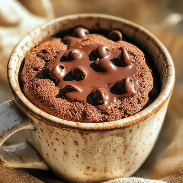 To make the easiest chocolate mug cake, you need a few key items. These ingredients are simple and easy to find. Here’s what you need: - 4 tablespoons all-purpose flour - 4 tablespoons granulated sugar - 2 tablespoons cocoa powder - 1/8 teaspoon baking powder - 3 tablespoons milk (you can use almond or oat milk) - 2 tablespoons vegetable oil - 1/4 teaspoon vanilla extract These basics create a rich and fluffy cake. Mix them well for the best result! Want to make your mug cake even better? Here are some tasty add-ins you might like: - 2 tablespoons chocolate chips - Chopped nuts (like walnuts or pecans) These extras add fun flavors and textures. Feel free to experiment with what you have! If you don’t have an ingredient, no worries! Here are some easy swaps you can try: - Instead of all-purpose flour, use gluten-free flour. - Swap vegetable oil for melted butter or coconut oil. - Use any milk you like—dairy or non-dairy. These substitutions help you customize your cake. Just remember, the taste might change slightly with swaps, but it will still be delicious! For the full recipe, check the details above. Start with a microwave-safe mug. I like using one that holds about 12 ounces. This size helps the cake rise well. Make sure the mug is clean and dry. This step is important for a good bake. In your mug, add these dry ingredients: - 4 tablespoons all-purpose flour - 4 tablespoons granulated sugar - 2 tablespoons cocoa powder - 1/8 teaspoon baking powder Stir these well. You want to break up any clumps. This makes sure your cake has a smooth texture. Now, it’s time for the wet ingredients. Add: - 3 tablespoons milk (you can use almond or oat milk) - 2 tablespoons vegetable oil - 1/4 teaspoon vanilla extract Mix these into the dry ingredients. Keep stirring until you have a smooth batter. There should be no dry spots left. If you want, add 2 tablespoons of chocolate chips or nuts for extra flavor. Put the mug in the microwave. Cook on high for about 1 minute and 30 seconds. Watch closely! The cake should rise and look firm. If it’s not done, microwave in 10-second bursts until ready. Be sure to let it cool for a minute. It will be hot! Enjoy your treat. For the full recipe, check out the details above. To get a soft and fluffy cake, follow these tips. Use a large mug, around 12 oz. This gives the cake space to rise. Mix the dry ingredients well before adding wet ones. This helps blend flavors. When adding wet ingredients, stir until smooth. Avoid lumps for a better texture. Microwave it for 1 minute and 30 seconds. Check if it’s done; it should look set but not dry. Overmixing can lead to a tough cake. Mix just until combined. Using too small a mug can cause overflow. Make sure to use the right size. If you microwave it too long, the cake will be hard. Start with less time and add more if needed. Also, don’t skip the vanilla extract. This adds depth to the flavor. Want to make your mug cake special? Add chocolate chips or nuts for extra crunch. You can also use flavored milk, like almond or oat, for a twist. A dash of espresso powder can deepen the chocolate taste. Try adding a pinch of sea salt on top. It makes the sweetness pop. For a fun touch, top with whipped cream or ice cream after cooking. You can find the full recipe above for easy reference. {{image_2}} You can easily change up the flavor of your mug cake. Instead of chocolate, try vanilla. Just swap the cocoa powder for an extra tablespoon of flour. You can also add a teaspoon of almond extract for a nutty taste. For a fruity twist, mix in some peanut butter or Nutella. The possibilities are endless! If you want to make a vegan mug cake, use almond or oat milk instead of regular milk. You can also replace vegetable oil with melted coconut oil. For gluten-free options, use almond flour or gluten-free flour blends. These swaps keep the cake tasty while meeting your dietary needs. Top your mug cake with whipped cream or a scoop of ice cream. Fresh berries or sliced bananas add a great touch too. Drizzle some chocolate or caramel sauce over the top for extra sweetness. You can even sprinkle some nuts or shredded coconut for a crunchy bite. Feel free to get creative and make it your own! For the full recipe, check out the Easiest Chocolate Mug Cake. If you have leftover mug cake, let it cool first. Cover the mug with plastic wrap or a lid. Store it in the fridge for up to two days. This keeps it fresh and tasty. You can also move it to a small container if you prefer. When you want to eat your leftover mug cake, heat it in the microwave. Place it in for about 10 to 15 seconds. Check if it's warm enough. If not, heat it for a few more seconds. Be careful not to overheat, or it might dry out. You can freeze your mug cake for longer storage. First, let it cool completely. Wrap it tightly in plastic wrap. Then, place it in a freezer bag. It can last up to three months in the freezer. When you want to enjoy it, thaw it in the fridge overnight, then reheat as needed. For the full recipe, refer to the earlier section. It takes about 1 minute and 30 seconds to cook a mug cake in the microwave. You may need to adjust this time based on your microwave's power. If the cake is not fully cooked, microwave it in 10-second bursts. This way, you can avoid overcooking it. Remember, the cake will continue to cook a bit after you take it out. Yes, you can make a chocolate mug cake without a microwave! You can use an oven instead. Preheat your oven to 350°F (175°C). Place your mug in the oven for about 15 to 20 minutes. Keep an eye on it to check for doneness. The cake should rise and look set when done. Just be sure to use an oven-safe mug. If your mug cake overflows, it likely cooked too long or the mug was too small. To prevent overflow, use a larger mug, about 12 oz in size. If it does overflow, carefully clean the microwave while it's still warm. You can also reduce the amount of batter to avoid this. Enjoy the mess, and remember, it still tastes great! For the full recipe, check out the Easiest Chocolate Mug Cake! You can make a tasty mug cake easily. We covered essential and optional ingredients, and substitutions for them. I shared step-by-step instructions for mixing and cooking. We explored tips for texture, common mistakes, and flavor boosts. I also discussed fun variations, storage tips, and answered common questions. Now, you have everything needed to create your own mug cake masterpiece. Enjoy experimenting and savor each bite!