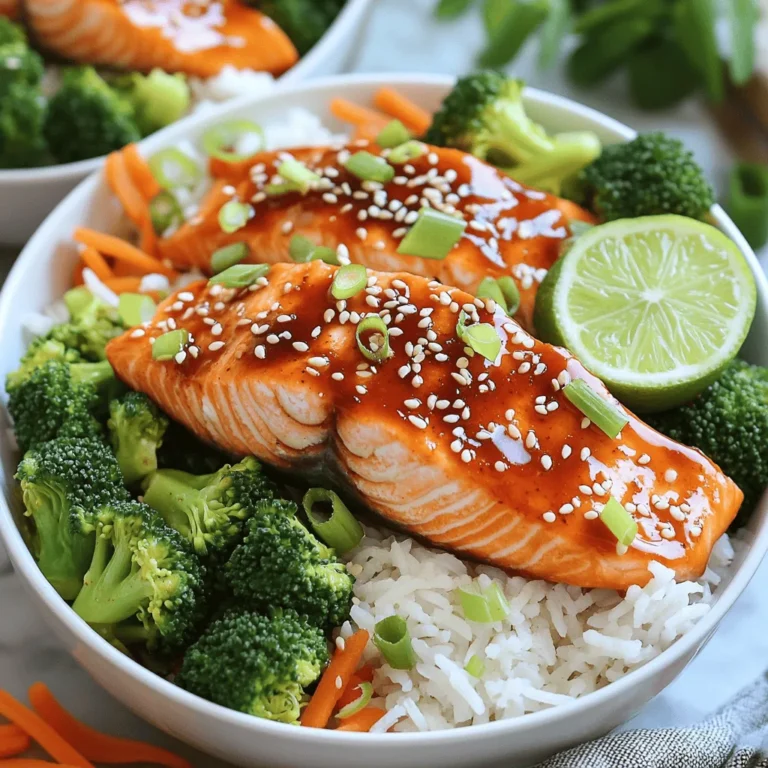 To make Sweet Chili Salmon Bowls, you will need: - 2 salmon fillets - 1/4 cup sweet chili sauce - 1 tablespoon soy sauce - 1 teaspoon sesame oil - 1 cup jasmine rice - 2 cups water - 1 cup broccoli florets - 1 carrot, julienned - 1/4 cup green onions, sliced - 1 tablespoon sesame seeds - Salt and pepper to taste You can enhance your Sweet Chili Salmon Bowls with these optional ingredients: - Avocado slices for creaminess - Cucumber for crunch - Red pepper flakes for some heat - Cashews or peanuts for a nutty flavor Gather these tools to make the process smooth: - A medium saucepan for cooking rice - A non-stick skillet for cooking salmon - A steaming basket for veggies - A shallow dish for marinating salmon - A fork for fluffing rice - A knife and cutting board for prep This mix of ingredients and tools helps create a vibrant and tasty meal. Remember, the right tools make the cooking easier and more enjoyable! For the complete recipe, check out the Full Recipe. To start, I mix the sweet chili sauce, soy sauce, and sesame oil in a bowl. This mix makes the salmon taste great. Next, I place the salmon fillets in a shallow dish and pour the marinade over them. I make sure they are well coated. I let them marinate in the fridge for at least 15 minutes. This step is key for flavor. While the salmon marinates, I rinse the jasmine rice. I rinse it under cold water until the water runs clear. In a medium saucepan, I combine the rinsed rice with 2 cups of water. I bring it to a boil, then reduce the heat to low. I cover it and let it simmer for about 15 minutes. When the water is absorbed, I remove it from heat and let it sit covered for 5 minutes. This keeps the rice fluffy. Next, I bring a small pot of water to a boil. I place a steaming basket over the pot. I add the broccoli florets and julienned carrot. I cover the pot and steam for about 5 minutes. The vegetables should be tender but still bright in color. This keeps the nutrients intact. I preheat a non-stick skillet over medium heat. I take the salmon out of the marinade. I place it skin-side down in the skillet. I cook the salmon for about 4-5 minutes on each side. It's done when it flakes easily with a fork. I drizzle a little leftover marinade towards the end for extra flavor. I fluff the jasmine rice with a fork. I divide it into two serving bowls. I top each bowl with steamed broccoli and carrots. Then, I place a salmon fillet on top of each bowl. This step makes it look nice and colorful. To finish, I sprinkle sliced green onions and sesame seeds over the bowls. I adjust the seasoning with salt and pepper to taste. For a fun touch, I often add a slice of lime on the side. This gives a fresh flavor and brightens the dish. Check out the Full Recipe for more details! To cook salmon perfectly, start with fresh fillets. Look for bright color and firm texture. When cooking, heat your skillet over medium heat. Place the salmon skin-side down and let it sizzle. Cook for 4-5 minutes without moving it. This helps to get a nice crust. Flip the salmon gently with a spatula. Cook for another 4-5 minutes. The fish is done when it flakes easily with a fork. Drizzle some marinade on top for more flavor. Cooking jasmine rice is simple. Rinse the rice under cold water until it runs clear. This removes extra starch and keeps the rice fluffy. In a pot, combine the rinsed rice with double the amount of water. Bring it to a boil, then reduce the heat. Cover it and let it simmer for about 15 minutes. Afterward, let it sit for 5 minutes with the lid on. This resting time helps the rice become tender and fluffy. You can easily add more veggies to your salmon bowls. Try bell peppers, snap peas, or zucchini. Cut them into small pieces for even cooking. Steam or sauté them until they are tender. You can even roast them in the oven for extra flavor. Adding a variety of colors makes your bowl more appealing and adds nutrition too. Don’t be afraid to mix and match your favorite vegetables! If you want to switch up the flavor, try different sauces. Teriyaki sauce or a spicy sriracha can add a nice kick. You can also use a honey mustard mix for a sweet touch. Experiment with fresh herbs like cilantro or basil for more depth. Seasonings like garlic powder or paprika can enhance the dish too. The key is to find what you love and make it unique. For a full recipe, check out the Sweet Chili Salmon Bowls. {{image_2}} You can swap out rice for quinoa. Quinoa adds protein and a nutty flavor. It cooks fast and is easy. Just use the same amount of water as rice. Rinse it well, then boil and simmer, just like the rice. This change makes the dish even healthier! If you love heat, add more chili! Mix chopped fresh chili into the marinade. You can also drizzle some chili oil on the finished bowl. This adds a nice kick and depth of flavor. Be careful not to overdo it; you want to enjoy the meal, not sweat! You can make this dish vegetarian by using tofu instead of salmon. Firm tofu works best. Press and cube it first. Then marinate it in the same sauce. Cook it in the skillet until golden. Serve it just like the salmon. This way, everyone can enjoy a tasty bowl! You can find the full recipe for Sweet Chili Salmon Bowls linked above. Enjoy making these variations! To store leftover salmon bowls, first let them cool. Place the salmon, rice, and veggies in an airtight container. Make sure to keep the sauce separate to avoid sogginess. Store in the fridge for up to three days. If you want to keep them longer, consider freezing the salmon and rice. Just make sure to thaw them in the fridge before reheating. When you're ready to enjoy your leftovers, reheating is simple. For best results, use the oven. Preheat it to 350°F (175°C). Place the salmon and rice in an oven-safe dish, and cover with foil. Heat for about 15 minutes, or until warm. You can also use a microwave. Just cover the dish with a damp paper towel to keep moisture in. Heat in short bursts, stirring in between, until hot. If you want to prep ahead, make the salmon bowls in bulk. You can marinate several salmon fillets at once. Cook extra rice and steam more veggies to store in separate containers. This way, you can mix and match during the week. Just remember to keep the sauce on the side until you're ready to eat. For even more flavor, add fresh herbs or lime juice right before serving. For the full recipe, check out the Sweet Chili Salmon Bowls. You can use cod, tilapia, or trout instead of salmon. Each fish has a unique taste. Cod has a mild flavor and nice texture. Tilapia is a great budget option. Trout offers a rich taste and is also flaky. Choose any fish you like, but cooking times may vary. Yes, you can prepare many parts ahead of time. Cook the rice and steam the veggies a day before. Store them in airtight containers in the fridge. Marinate the salmon, but cook it fresh for the best taste. Salmon is done when it flakes easily with a fork. The inside should turn a light pink color. If you have a food thermometer, the safe temperature is 145°F (63°C). Try a fresh cucumber salad or a light seaweed salad. Roasted asparagus or snap peas also work great. These sides add crunch and balance the flavors. To make it spicier, add more chili sauce. You can also include red pepper flakes. If you prefer less heat, use half the chili sauce or add a bit of honey for sweetness. For the full recipe, check out the section above. In this post, we covered the key ingredients and tools needed for Sweet Chili Salmon Bowls. You learned step-by-step instructions for marinating, cooking, and assembling your meal. Tips helped you perfect your salmon and rice cooking. We explored tasty variations and storage tips to keep your meal fresh. Enjoy cooking these bowls for yourself, friends, or family. Simple meals can be delicious and satisfying. You now have all the tools to make these tasty bowls at home. Happy cooking!