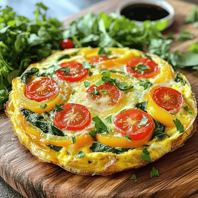 To make a veggie packed frittata, gather these items: - 6 large eggs - 1/4 cup milk - 1 cup spinach, chopped - 1/2 cup bell peppers, diced (red and yellow for color) - 1/2 cup cherry tomatoes, halved - 1/4 cup red onion, finely chopped - 1/2 cup zucchini, grated - 1/2 teaspoon garlic powder - 1/2 teaspoon dried oregano - Salt and pepper to taste - 1/2 cup shredded cheese (cheddar or mozzarella) - 2 tablespoons olive oil These ingredients create a colorful and tasty dish. You get protein from eggs and vitamins from the veggies. You can swap some ingredients based on what you have. Here are a few options: - Use almond milk instead of regular milk for a dairy-free option. - Kale or arugula can replace spinach. - Any firm vegetable works for zucchini, like mushrooms or asparagus. - Use any cheese you enjoy, such as feta or goat cheese. These swaps keep the dish fresh and fun. When picking vegetables, look for these signs of freshness: - Spinach: It should be bright green, with no yellow spots. - Bell Peppers: Choose firm peppers with smooth skin. - Tomatoes: Look for shiny, plump tomatoes without blemishes. - Zucchini: Pick ones that are small to medium in size and firm. Fresh ingredients make your frittata taste even better. Enjoy your cooking! Start by gathering all your ingredients. This makes cooking smooth and easy. Here’s what you need: - 6 large eggs - 1/4 cup milk - 1 cup spinach, chopped - 1/2 cup bell peppers, diced (red and yellow for color) - 1/2 cup cherry tomatoes, halved - 1/4 cup red onion, finely chopped - 1/2 cup zucchini, grated - 1/2 teaspoon garlic powder - 1/2 teaspoon dried oregano - Salt and pepper to taste - 1/2 cup shredded cheese (cheddar or mozzarella) - 2 tablespoons olive oil Chop the spinach, bell peppers, and red onion. Grate the zucchini, and halve the cherry tomatoes. This helps the veggies cook evenly. Heat the olive oil in an oven-safe skillet over medium heat. Add the red onion and bell peppers first. Sauté for about 3-4 minutes. You want them to soften a bit. Next, add the grated zucchini and chopped spinach. Cook for another 2-3 minutes until the spinach wilts. This adds great flavor and color to the dish. Now, mix in the halved cherry tomatoes. Stir everything well in the skillet. In a large bowl, whisk the eggs, milk, garlic powder, oregano, salt, and pepper. Pour this egg mixture over the veggies in the skillet. Make sure it spreads evenly. Sprinkle the shredded cheese on top. This adds a nice, melty layer. Cook the frittata on the stovetop for about 3-4 minutes. You’ll notice the edges start to set. Now it's time to bake! Transfer the skillet to your preheated oven at 400°F (200°C). Bake for 12-15 minutes. The frittata should puff up, and the center needs to be fully set. You can test it with a toothpick. If it comes out clean, it’s ready. When done, allow it to cool for a few minutes. Slice it into wedges and serve warm. For a lovely touch, add fresh herbs on top and a side of mixed greens. For complete steps, check the Full Recipe. To bring out the best in your frittata, use fresh herbs. Fresh basil or parsley adds a bright taste. You can also try thyme or dill for a different kick. Dried herbs like oregano and rosemary work well too. Mix in spices like paprika or cumin for extra depth. Remember, start with small amounts. You can add more if needed. For fluffy eggs, whisk them well with milk. The milk adds creaminess and helps the frittata rise. Make sure not to overcook it. Keep an eye on the edges as they set. The center should still be a bit soft when you take it out of the oven. It will continue to cook as it cools. One common mistake is not using enough oil in the skillet. This can make the frittata stick. Also, avoid overcrowding with too many veggies. Stick to the amounts in the Full Recipe for best results. Lastly, don’t skip preheating the oven. A hot oven helps the frittata puff up nicely. {{image_2}} You can mix and match your veggies in the frittata. Try using kale, mushrooms, or broccoli. Each adds a unique taste and texture. Use what you like or what you have. For a sweeter touch, add roasted carrots or butternut squash. You could also try artichoke hearts for a fun twist. The options are endless and can fit any season. To make your frittata heartier, consider adding protein. You can use cooked sausage, ham, or bacon for a savory kick. If you prefer plant-based options, tofu works great. Just crumble firm tofu and sauté it with your veggies. This boosts protein without meat. You can also try adding beans for extra fiber and texture. Each choice enhances the meal's flavor and nutrition. Cheese can change the whole vibe of your frittata. Cheddar adds sharpness, while mozzarella brings a creamy feel. Try feta for a tangy twist or goat cheese for richness. If you like spice, pepper jack cheese can heat things up. Mix different cheeses for a unique flavor combo. It’s all about what you enjoy and want to taste. For the full recipe, check the Veggie Packed Frittata section. Store leftover frittata in an airtight container. Make sure it is cool before sealing. Place it in the fridge. It can last for 3 to 4 days. If you want to enjoy it later, slice it into wedges. This makes it easier to grab for breakfast. To reheat your frittata, use the oven or microwave. For the oven, preheat to 350°F (175°C). Place the frittata on a baking sheet and heat for about 10 to 15 minutes. This keeps it warm and tasty. If using a microwave, heat one slice at a time for about 1 minute. Check if it's warm enough before serving. You can freeze frittata for up to 2 months. First, let it cool completely. Wrap each slice tightly in plastic wrap. Then, place the wrapped slices in a freezer bag. Label the bag with the date. To thaw, place it in the fridge overnight before reheating. Enjoy this veggie-packed delight even when fresh ingredients are not available. For the full recipe, check the earlier sections. Yes, you can make this frittata ahead of time. Just prepare it as usual and let it cool. Once cool, slice it into wedges. Store the slices in an airtight container in the fridge. It will stay fresh for up to three days. When you are ready to eat, reheat in the oven or microwave. This makes it easy for busy mornings. If you don't have an oven-safe skillet, don't worry! You can use any regular skillet. Just cook the frittata on the stovetop until the edges set. Then, transfer the mixture to a greased baking dish. Bake it in the oven until it is fully cooked. This method works well and gives you a tasty frittata. To check if the frittata is fully cooked, look for a few signs. The edges should be firm, and the center should not jiggle. You can insert a toothpick into the center. If it comes out clean, the frittata is done. Let it cool for a few minutes before slicing. Enjoy it warm with your favorite sides! In this post, we covered the key elements to make a great frittata. We discussed ingredients, preparation, cooking, and variations. I shared tips for enhancing flavor and avoiding common mistakes. You learned how to store leftovers and answered frequently asked questions. A delicious frittata is easy to make and adaptable. Don’t be afraid to try new flavors and ingredients. Experiment, and enjoy your cooking journey!