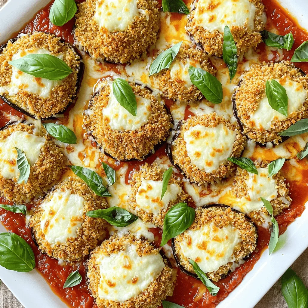 To create a delicious Crispy Baked Eggplant Parmesan, you will need: - 2 medium eggplants, sliced into 1/2 inch rounds - 1 teaspoon salt - 2 cups breadcrumbs (preferably whole wheat for extra crunch) - 1/2 cup grated Parmesan cheese - 1 teaspoon garlic powder - 1 teaspoon dried oregano - 1 teaspoon dried basil - 1/2 teaspoon black pepper - 3 large eggs - 2 cups marinara sauce (store-bought or homemade) - 2 cups shredded mozzarella cheese - Fresh basil leaves for garnish When choosing your ingredients, some brands stand out for quality: - Eggplants: Look for firm, shiny eggplants with no blemishes. - Breadcrumbs: I recommend using whole wheat breadcrumbs for added texture. Brands like Panko or Ian’s make great options. - Parmesan Cheese: Choose finely grated Parmesan from brands like Grana Padano or BelGioioso for a rich flavor. - Mozzarella Cheese: Opt for low-moisture mozzarella for the best melt. Polly-O or Galbani are solid choices. If you have dietary needs, here are some swaps: - Eggplant: You can use zucchini or portobello mushrooms for a different texture. - Breadcrumbs: For gluten-free, use almond flour or gluten-free breadcrumbs. - Cheese: Nutritional yeast can replace cheese for a vegan dish. You could also use a dairy-free cheese alternative. - Eggs: A flaxseed mixture (1 tablespoon flaxseed meal + 2.5 tablespoons water) can work well as an egg substitute. These options keep your meal tasty while meeting your dietary needs. Start by washing the eggplants. Cut them into 1/2 inch rounds. Sprinkle salt on the slices. This helps remove bitter water. Place the salted slices in a colander. Let them sit for 30 minutes. After that, rinse them under cold water. Pat them dry with paper towels. This step is key for crispy eggplant. In a shallow bowl, mix breadcrumbs, grated Parmesan, garlic powder, oregano, basil, and black pepper. This gives a nice flavor. In another bowl, beat the eggs until well mixed. Take each eggplant slice and dip it in the eggs. Let any extra egg drip off. Then, coat the slice in the breadcrumb mix. Press lightly to ensure it sticks well. Now, arrange the coated eggplant slices on lined baking sheets. Keep them in a single layer. Spray a little olive oil on top. This helps them crisp up nicely. Bake in a preheated oven at 425°F for 25-30 minutes. Flip them halfway through to brown evenly. Once golden brown, it’s time to layer. Spread a thin layer of marinara sauce in a baking dish. Place half of the crispy eggplant on top. Then add half of the remaining sauce and mozzarella cheese. Repeat these layers. Finish with marinara and cheese on top. Bake again for another 20-25 minutes. The cheese should melt and bubble. Let it cool before serving. Optionally, garnish with fresh basil leaves. Enjoy your tasty meal! For the full recipe, check [Full Recipe]. To get that perfect crispy eggplant, follow these tips: - Salt the Eggplant: Sprinkle salt on the eggplant slices. This step helps draw out moisture and bitterness. - Use Whole Wheat Breadcrumbs: They add extra crunch and flavor. - Don’t Overcrowd the Baking Sheets: Place the eggplant slices in a single layer. This ensures even cooking and crisping. - Spray with Olive Oil: A light spray or drizzle of olive oil before baking helps achieve a golden, crispy texture. - Flip Halfway: Turn the eggplant slices halfway through baking for even crispiness on both sides. Avoid these common pitfalls to ensure your dish turns out great: - Skipping the Salting Step: Don't skip this! It makes a huge difference in taste and texture. - Using Wet Eggplant: Make sure to pat dry the eggplant after rinsing. Excess moisture will lead to soggy eggplant. - Not Preheating the Oven: Always preheat your oven to 425°F (220°C) before baking. This helps the eggplant crisp up quickly. - Using Low-Quality Cheese: Good quality cheese melts better and enhances flavor. Always choose fresh mozzarella and real Parmesan. Having the right tools makes cooking easier and more fun: - Baking Sheets: Use two large ones to bake the eggplant in a single layer. - Parchment Paper: Line your baking sheets for easy cleanup and to prevent sticking. - Colander: This is great for salting and draining the eggplant. - Shallow Bowls: You need one for the eggs and another for the breadcrumb mixture for easy dipping. - Cooking Spray or Olive Oil Mister: This helps you apply oil evenly without overdoing it. Following these tips will help you create a Crispy Baked Eggplant Parmesan that is not only tasty but also healthy. Check out the Full Recipe for detailed steps! {{image_2}} Crispy Baked Eggplant Parmesan is a great choice for vegetarians. You can enjoy this dish without meat. The eggplant provides a hearty base. The layers of cheese and sauce add rich flavor. You can also add other veggies for variety. Some options include zucchini, mushrooms, or bell peppers. These will blend well with the eggplant. Want to make this dish even better? You can add more veggies or proteins! For a protein boost, try chickpeas or lentils. Just layer them in with the eggplant. If you love greens, add spinach or kale. These veggies cook down nicely. They add color and nutrients without changing the taste much. Feel free to mix and match based on what you have. The cheese is a key part of this recipe. But you can switch it up! Instead of mozzarella, try provolone or fontina. These will give a different flavor and texture. If you want a stronger taste, use aged cheddar. For a dairy-free option, look for vegan mozzarella. This way, everyone can enjoy a tasty meal. You can find many cheese alternatives that melt well, too. Explore these variations to make your Crispy Baked Eggplant Parmesan special. Check out the full recipe to see how to put it all together! After enjoying your meal, store leftovers in an airtight container. Let the dish cool down first. This keeps the eggplant from becoming soggy. You can keep it in the fridge for about three to four days. If you want to enjoy it later, freezing is a great option. To reheat, use your oven for the best results. Preheat your oven to 350°F (175°C). Place the eggplant parmesan in an oven-safe dish. Cover it with foil to keep it moist. Heat for about 20 minutes, then remove the foil and cook for another 10 minutes. This makes it crispy again. You can also use a microwave, but it may not be as crispy. If you want to freeze your dish, layer the eggplant in a freezer-safe container. Make sure to separate layers with parchment paper to prevent sticking. You can freeze it for up to three months. To cook from frozen, thaw it in the fridge overnight before reheating. This way, your crispy baked eggplant parmesan stays tasty and fresh. For the full recipe, check out the complete instructions above. Yes, you can. To make Crispy Baked Eggplant Parmesan ahead, prepare the eggplant and bake it. After baking, let it cool. Then, cover it and refrigerate for up to two days. When ready to serve, just reheat it in the oven until hot. This method keeps the flavors fresh. To make this dish gluten-free, use gluten-free breadcrumbs. Many brands offer tasty options. Also, check your marinara sauce for gluten. Most are fine, but it’s good to double-check. This way, you can enjoy the dish without worry. Crispy Baked Eggplant Parmesan pairs well with many sides. You can serve it with: - A fresh green salad - Garlic bread - Steamed veggies - Pasta with olive oil and herbs These sides add color and flavor, making your meal complete. For the full recipe, check the earlier section. This article covered ingredients for Crispy Baked Eggplant Parmesan, from main ingredients to substitutes. I shared step-by-step instructions for preparation, coating, and baking. You learned tips for crispiness and common mistakes to avoid. We explored tasty variations and how to store leftovers. In short, you can enjoy this dish in many ways. Experiment and have fun with it! Your kitchen will be filled with delicious smells soon.